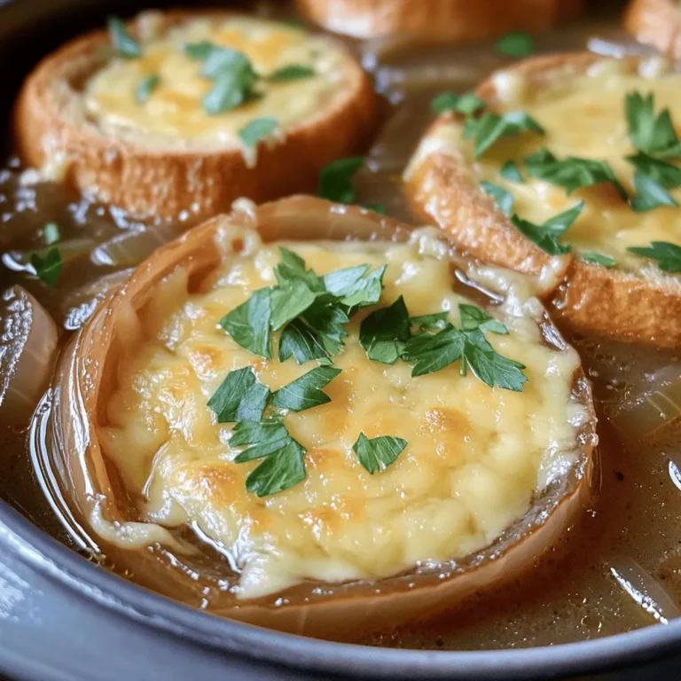 To make a great French onion soup, you need a few key items: - 4 large yellow onions, thinly sliced - 4 tablespoons unsalted butter - 1 tablespoon olive oil - 1 teaspoon sugar (to enhance caramelization) - 6 cups beef broth (or vegetable broth for a vegetarian option) - 1 teaspoon dried thyme - 2 bay leaves - Salt and pepper to taste - 1 French baguette, sliced into 1-inch pieces - 2 cups shredded Gruyère cheese - Fresh parsley, chopped, for garnish Each ingredient adds a layer of flavor. The onions bring sweetness, while the broth gives depth. Gruyère cheese adds creaminess and richness. You will need some basic tools to make your soup: - A large, heavy-bottomed pot (to caramelize onions evenly) - A wooden spoon (for stirring) - A ladle (for serving) - Oven-safe bowls (for broiling the soup) - A baking sheet (for toasting the baguette) Having the right tools makes the process easier and more fun! If you have dietary needs, you can still enjoy this soup: - Use vegetable broth instead of beef broth for a vegetarian version. - Swap Gruyère cheese for a dairy-free cheese if you are lactose intolerant. - For gluten-free diets, use gluten-free bread instead of a baguette. These swaps keep the rich taste while catering to different diets. Enjoy customizing your bowl! Start with four large yellow onions. Slice them thinly. This helps them cook evenly. Use a sharp knife for better control. Add the sliced onions to a large pot. I prefer a heavy-bottomed pot for even heat. Mix in four tablespoons of unsalted butter and one tablespoon of olive oil. This combination creates a rich base. Now, let’s caramelize those onions. Add one teaspoon of sugar to the pot. This sugar boosts the sweetness. Cook the onions on medium-low heat. Stir them every few minutes. Be patient; this process takes about 25-30 minutes. You want them to turn a deep golden brown. This step develops the soup’s rich flavor. Once the onions are beautifully caramelized, it’s time to make the soup. Pour in six cups of beef broth or vegetable broth for a lighter option. Add one teaspoon of dried thyme and two bay leaves. Season with salt and pepper to taste. Stir well and bring it to a gentle simmer. Let it simmer for an additional 20 minutes. Taste and adjust the seasoning if needed. For the full recipe, check out the Caramelized Onion Bliss Soup. Enjoy! Adding herbs makes your soup shine. I love using dried thyme. It gives a warm, earthy taste. You can also use bay leaves for depth. Don’t forget to season with salt and pepper. Taste as you go! Adjust to your liking. Adding a splash of sherry or white wine can also add a nice touch. Experiment to find your favorite mix! Temperature is key for a good soup. Start with medium-low heat when cooking your onions. This helps them caramelize slowly. If the heat is too high, they may burn. Once you add the broth, bring it to a gentle simmer. Keep it low to let flavors meld without boiling. A slow simmer brings out the best taste! Caramelization is where the magic happens. Start with butter and olive oil in a heavy pot. Add the onions and sugar, then stir well. Cook them for about 25-30 minutes. Patience is important here! Stir occasionally, letting them turn a rich, golden brown. This step builds the soup’s deep flavor. Always remember, the darker your onions, the richer your soup! For a detailed recipe, check out the Full Recipe. {{image_4}} Classic French onion soup has many tasty twists. You can change ingredients to fit your taste. Here are some ideas to make your soup unique. For a vegetarian version, swap beef broth for vegetable broth. This keeps the soup rich and flavorful. Use the same amount of broth. You can also add more herbs, like rosemary or basil. This will enhance the taste without meat. Though Gruyère cheese is classic, feel free to experiment. Try Swiss, mozzarella, or even cheddar. Each cheese adds its own flavor and texture. Mixing cheeses can give a nice touch too. A blend of Gruyère and mozzarella creates a creamy, stretchy finish that is delightful. You can add unique flavors to your soup. Consider adding a splash of sherry or white wine. This adds depth and a hint of sweetness. For a spicy kick, try a pinch of cayenne pepper. You can also stir in sautéed mushrooms or roasted garlic for extra richness. For the full recipe, check out our Caramelized Onion Bliss Soup. Enjoy your cooking! To keep your soup fresh, cool it down first. Once cool, transfer it to an airtight container. Store it in the fridge for up to three days. Make sure to separate the soup from the toppings. This helps keep the bread from getting soggy. When you're ready to enjoy your soup again, pour it into a pot. Heat it over medium heat, stirring often. You can also use a microwave-safe bowl. Cover the bowl with a lid or microwave-safe wrap. Heat for 2-3 minutes. Stir halfway to ensure even warming. You can freeze the soup for later! Use a freezer-safe container. Leave some space at the top for expansion. This soup can last up to three months in the freezer. To serve, thaw it overnight in the fridge. Then, reheat it on the stove or in the microwave. Enjoy your delicious soup anytime! For the full recipe, refer back to the Caramelized Onion Bliss Soup. A good French onion soup has rich, deep flavors. It starts with caramelized onions. These onions should turn a golden brown color. This adds sweetness and depth. Next, quality broth is key. Beef broth gives a robust taste. You can use vegetable broth for a lighter option. Herbs like thyme enhance the flavor. Finally, the melted cheese on top is a must. Gruyère cheese works best for its meltiness. Yes, you can make French onion soup ahead of time. Prepare the soup base and let it cool. Store it in the fridge for up to three days. When ready to eat, reheat it on the stove. Toast the bread and cheese just before serving. This keeps the bread crisp and the cheese gooey. For the best soup, choose yellow onions. They have the right balance of sweetness and flavor. Avoid white onions, as they can be too sharp. Sweet onions are good, but they can be overly sweet. Look for firm onions with a dry skin. Check for any soft spots or blemishes. Fresh onions make a big difference in taste. Classic French onion soup is a mix of simple ingredients and careful steps. You learned about the main ingredients, tools, and easy swaps for your needs. I guided you through preparing and caramelizing onions, then simmering to bring it all together. We covered tips for great flavor and variations to try. Lastly, I shared how to store and reheat your soup. Making this dish can bring comfort and warmth. Enjoy crafting your version of this classic recipe!