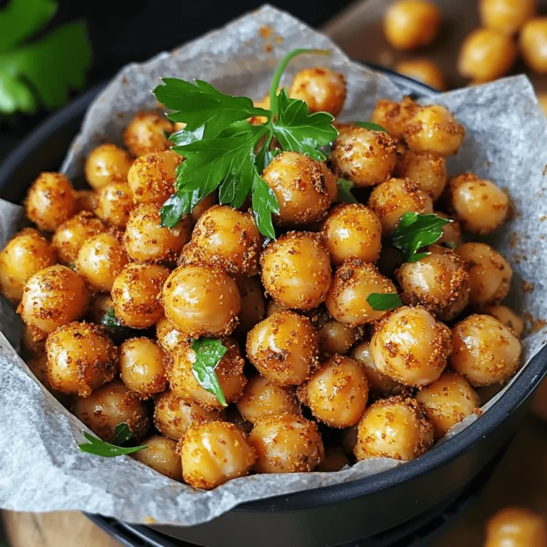 To make crispy air fryer chickpeas, you need just a few main items. Here’s what you’ll need: - 1 can (15 oz) chickpeas, drained and rinsed - 1 tablespoon extra virgin olive oil - 1 teaspoon garlic powder - 1 teaspoon smoked paprika - 1/2 teaspoon ground cumin - 1/2 teaspoon sea salt - 1/4 teaspoon freshly ground black pepper These ingredients work together to create a tasty and crunchy snack. You can customize your chickpeas with extra seasonings. Here are some ideas: - Pinch of cayenne pepper for heat - Italian herbs like oregano or basil - A sprinkle of nutritional yeast for a cheesy flavor - Lemon zest for brightness Feel free to mix and match to find your favorite flavor! To make these crispy chickpeas, you’ll need a few tools: - Air fryer for cooking - Mixing bowl for combining ingredients - Kitchen towel or paper towel for drying chickpeas Using these tools will make your cooking easier and more fun. For the full recipe, check the detailed steps provided. First, open a can of chickpeas. Drain and rinse them well under cold water. This helps remove any canning liquid. Next, spread the chickpeas on a kitchen towel or paper towel. Pat them dry gently. This step is key. Dry chickpeas will get crispier when cooked. In a large bowl, add your dried chickpeas. Drizzle with olive oil. Then, sprinkle in garlic powder, smoked paprika, ground cumin, sea salt, and black pepper. If you like it spicy, add a pinch of cayenne pepper. Toss everything well so each chickpea is coated in seasoning. This mix brings out the best flavor. Now, transfer the seasoned chickpeas to the air fryer basket. Arrange them in a single layer. This helps them cook evenly. Set your air fryer to 400°F (200°C). Cook the chickpeas for 12-15 minutes. Shake the basket halfway through cooking. This step ensures that they crisp up nicely. Watch them closely; they should turn golden brown and be crunchy. When done, take them out and let them cool. They will get even crispier as they cool down. For the full recipe, check out the steps above. To get the crispiest chickpeas, start by drying them well. After rinsing, spread them on a towel. Pat them gently to soak up extra moisture. This step is key! Less moisture means more crunch. When you toss them in oil and spices, make sure they are evenly coated. Arrange them in a single layer in the air fryer. This helps them cook nicely and crisp up evenly. One common mistake is using wet chickpeas. Always dry them well before cooking. Another mistake is overcrowding the air fryer. If the chickpeas are too close together, they will steam instead of fry. Also, don’t skip the halfway shake! This helps them cook evenly. Lastly, keep an eye on the cooking time. Overcooking can lead to burnt chickpeas, which nobody wants. You can play with many flavors for your chickpeas. Try adding a pinch of cayenne for heat. For a zesty twist, sprinkle in some lemon zest before serving. If you love herbs, add dried oregano or thyme. For a sweet touch, mix in a bit of cinnamon and sugar. The options are endless! Explore and find your favorite flavor mix. For the full recipe, check out the details above. {{image_4}} For a fiery kick, add spices like cayenne pepper. Mix 1/4 teaspoon with your other spices. This will heat up your chickpeas and make them pop! You can also use chili powder for a different flavor. Adjust the amount to fit your taste. Enjoy the spicy crunch! If you love fresh flavors, use herbs. Dried herbs like thyme or rosemary work well. Mix in 1 teaspoon of your favorite herb with the other spices. This will give your chickpeas a fresh, fragrant taste. You can also sprinkle fresh herbs on top after cooking. It adds color and flavor! For a sweet twist, try adding a little honey or maple syrup. Use 1 teaspoon and mix it with your oil before adding spices. A pinch of cinnamon can also enhance the sweetness. This combo makes a tasty snack that balances sweet and savory. Perfect for those who love a mix of flavors! For more details on making these tasty snacks, check the Full Recipe. To store leftover chickpeas, let them cool first. Place them in an airtight container. Use parchment paper to help absorb any moisture. This keeps them crispy for longer. You can store them in the fridge for up to a week. If you want to store them longer, consider freezing. Just know that freezing may change the texture slightly. To reheat your chickpeas, use the air fryer again. Set the air fryer to 350°F (175°C). Cook for about 5 minutes. This helps restore the crunch. You can also use an oven. Preheat to 350°F (175°C) and bake for about 10 minutes. Keep an eye on them to avoid burning. Crispy air fryer chickpeas last for about a week in the fridge. If stored properly, they stay fresh and tasty. If you freeze them, they can last up to three months. The key is to ensure they are dry and stored in a sealed container. Enjoy your snack at its best! Don't forget to check the [Full Recipe] for more tips! You can use dried chickpeas, but you need to cook them first. Start by soaking the dried chickpeas overnight. After soaking, boil them for about an hour until they’re tender. Drain and rinse them well before air frying. This extra step gives you the same crunch as canned chickpeas. The best temperature for air frying chickpeas is 400°F (200°C). This high heat helps them get crispy and golden. Make sure to preheat your air fryer before adding the chickpeas. This way, they cook evenly and get that perfect crunch. Crispy air fryer chickpeas can last for about 3 to 5 days. Store them in an airtight container at room temperature. If they start to lose their crunch, you can pop them back into the air fryer for a few minutes to revive their crispiness. Yes, you can make these chickpeas ahead of time! Prepare them and let them cool completely. Then, store them in an airtight container. They make a great snack or topping for salads. Just remember to reheat them in the air fryer to bring back that crunch. You can find the full recipe for crispy air fryer chickpeas in the recipe section above. This post covered everything about crispy air fryer chickpeas. You learned about the main ingredients, optional seasonings, and the right equipment. The step-by-step process made prepping and cooking easy. I shared tips for maximum crispiness and common mistakes to avoid. You also discovered tasty variations and storage tips to keep them fresh. My final thought is that these chickpeas are simple, fun, and delicious. Try them out and enjoy your tasty snacks!
