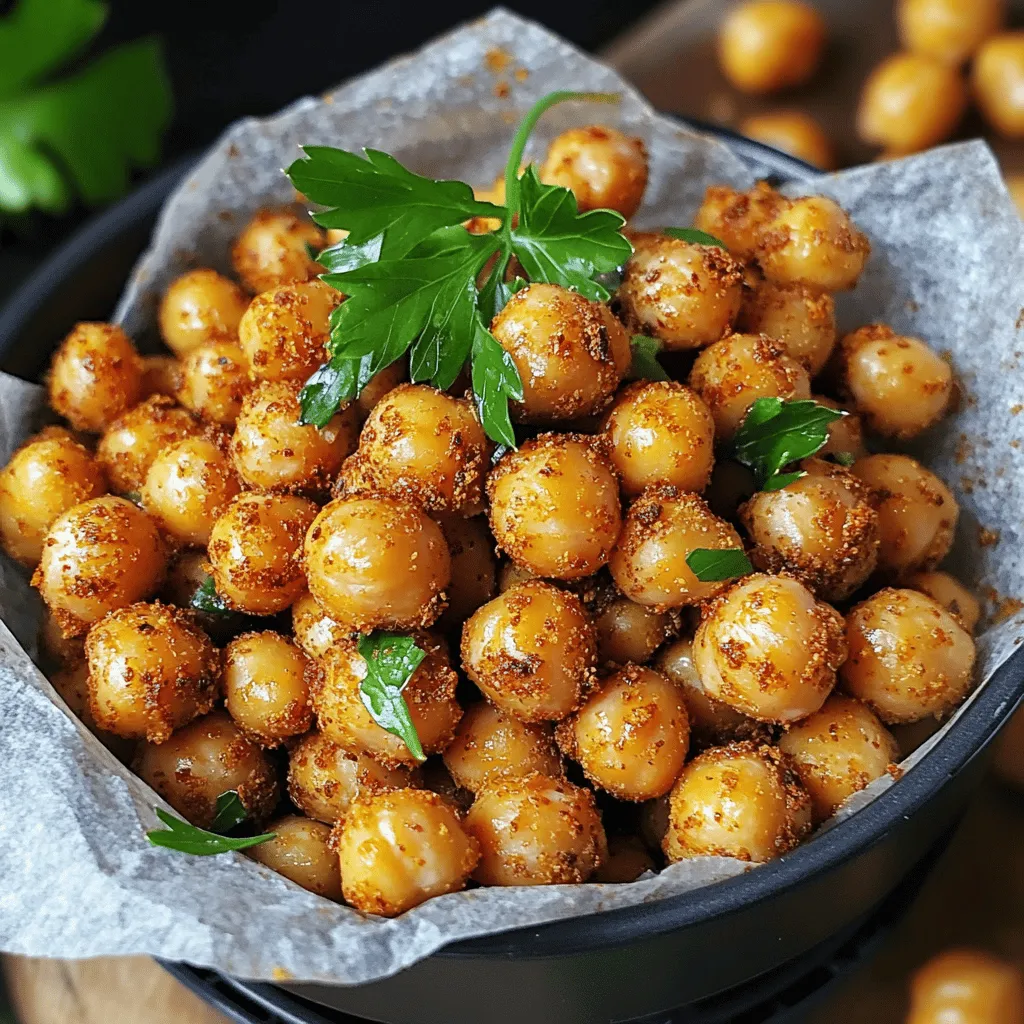 To make crispy air fryer chickpeas, you need just a few main items. Here’s what you’ll need: - 1 can (15 oz) chickpeas, drained and rinsed - 1 tablespoon extra virgin olive oil - 1 teaspoon garlic powder - 1 teaspoon smoked paprika - 1/2 teaspoon ground cumin - 1/2 teaspoon sea salt - 1/4 teaspoon freshly ground black pepper These ingredients work together to create a tasty and crunchy snack. You can customize your chickpeas with extra seasonings. Here are some ideas: - Pinch of cayenne pepper for heat - Italian herbs like oregano or basil - A sprinkle of nutritional yeast for a cheesy flavor - Lemon zest for brightness Feel free to mix and match to find your favorite flavor! To make these crispy chickpeas, you’ll need a few tools: - Air fryer for cooking - Mixing bowl for combining ingredients - Kitchen towel or paper towel for drying chickpeas Using these tools will make your cooking easier and more fun. For the full recipe, check the detailed steps provided. First, open a can of chickpeas. Drain and rinse them well under cold water. This helps remove any canning liquid. Next, spread the chickpeas on a kitchen towel or paper towel. Pat them dry gently. This step is key. Dry chickpeas will get crispier when cooked. In a large bowl, add your dried chickpeas. Drizzle with olive oil. Then, sprinkle in garlic powder, smoked paprika, ground cumin, sea salt, and black pepper. If you like it spicy, add a pinch of cayenne pepper. Toss everything well so each chickpea is coated in seasoning. This mix brings out the best flavor. Now, transfer the seasoned chickpeas to the air fryer basket. Arrange them in a single layer. This helps them cook evenly. Set your air fryer to 400°F (200°C). Cook the chickpeas for 12-15 minutes. Shake the basket halfway through cooking. This step ensures that they crisp up nicely. Watch them closely; they should turn golden brown and be crunchy. When done, take them out and let them cool. They will get even crispier as they cool down. For the full recipe, check out the steps above. To get the crispiest chickpeas, start by drying them well. After rinsing, spread them on a towel. Pat them gently to soak up extra moisture. This step is key! Less moisture means more crunch. When you toss them in oil and spices, make sure they are evenly coated. Arrange them in a single layer in the air fryer. This helps them cook nicely and crisp up evenly. One common mistake is using wet chickpeas. Always dry them well before cooking. Another mistake is overcrowding the air fryer. If the chickpeas are too close together, they will steam instead of fry. Also, don’t skip the halfway shake! This helps them cook evenly. Lastly, keep an eye on the cooking time. Overcooking can lead to burnt chickpeas, which nobody wants. You can play with many flavors for your chickpeas. Try adding a pinch of cayenne for heat. For a zesty twist, sprinkle in some lemon zest before serving. If you love herbs, add dried oregano or thyme. For a sweet touch, mix in a bit of cinnamon and sugar. The options are endless! Explore and find your favorite flavor mix. For the full recipe, check out the details above. {{image_4}} For a fiery kick, add spices like cayenne pepper. Mix 1/4 teaspoon with your other spices. This will heat up your chickpeas and make them pop! You can also use chili powder for a different flavor. Adjust the amount to fit your taste. Enjoy the spicy crunch! If you love fresh flavors, use herbs. Dried herbs like thyme or rosemary work well. Mix in 1 teaspoon of your favorite herb with the other spices. This will give your chickpeas a fresh, fragrant taste. You can also sprinkle fresh herbs on top after cooking. It adds color and flavor! For a sweet twist, try adding a little honey or maple syrup. Use 1 teaspoon and mix it with your oil before adding spices. A pinch of cinnamon can also enhance the sweetness. This combo makes a tasty snack that balances sweet and savory. Perfect for those who love a mix of flavors! For more details on making these tasty snacks, check the Full Recipe. To store leftover chickpeas, let them cool first. Place them in an airtight container. Use parchment paper to help absorb any moisture. This keeps them crispy for longer. You can store them in the fridge for up to a week. If you want to store them longer, consider freezing. Just know that freezing may change the texture slightly. To reheat your chickpeas, use the air fryer again. Set the air fryer to 350°F (175°C). Cook for about 5 minutes. This helps restore the crunch. You can also use an oven. Preheat to 350°F (175°C) and bake for about 10 minutes. Keep an eye on them to avoid burning. Crispy air fryer chickpeas last for about a week in the fridge. If stored properly, they stay fresh and tasty. If you freeze them, they can last up to three months. The key is to ensure they are dry and stored in a sealed container. Enjoy your snack at its best! Don't forget to check the [Full Recipe] for more tips! You can use dried chickpeas, but you need to cook them first. Start by soaking the dried chickpeas overnight. After soaking, boil them for about an hour until they’re tender. Drain and rinse them well before air frying. This extra step gives you the same crunch as canned chickpeas. The best temperature for air frying chickpeas is 400°F (200°C). This high heat helps them get crispy and golden. Make sure to preheat your air fryer before adding the chickpeas. This way, they cook evenly and get that perfect crunch. Crispy air fryer chickpeas can last for about 3 to 5 days. Store them in an airtight container at room temperature. If they start to lose their crunch, you can pop them back into the air fryer for a few minutes to revive their crispiness. Yes, you can make these chickpeas ahead of time! Prepare them and let them cool completely. Then, store them in an airtight container. They make a great snack or topping for salads. Just remember to reheat them in the air fryer to bring back that crunch. You can find the full recipe for crispy air fryer chickpeas in the recipe section above. This post covered everything about crispy air fryer chickpeas. You learned about the main ingredients, optional seasonings, and the right equipment. The step-by-step process made prepping and cooking easy. I shared tips for maximum crispiness and common mistakes to avoid. You also discovered tasty variations and storage tips to keep them fresh. My final thought is that these chickpeas are simple, fun, and delicious. Try them out and enjoy your tasty snacks!
