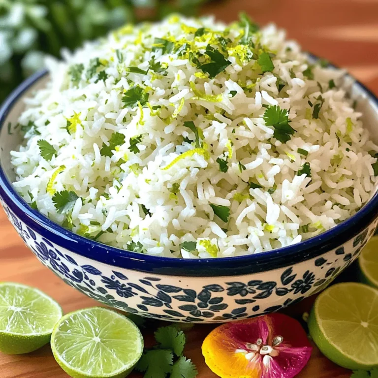 To make zesty cilantro lime rice, you need a few key ingredients: - 1 cup long-grain white rice - 2 cups vegetable broth (or water) - 1 tablespoon high-quality olive oil - Zest of 1 lime - Juice of 1 lime (about 2 tablespoons) - 1/2 cup fresh cilantro, finely chopped - 1/2 teaspoon garlic powder - 1/2 teaspoon onion powder - Salt, to taste - Freshly ground black pepper, to taste These ingredients create a bright flavor that lifts any dish. You can swap some ingredients if you need: - Use brown rice instead of white rice for a nuttier flavor. - Swap vegetable broth with chicken broth for a richer taste. - Try lime juice from a bottle if fresh limes are not available. - You can use dried cilantro if fresh is hard to find, but fresh is better. These swaps can add unique touches to your rice. To make this dish, I recommend: - A medium-sized saucepan for cooking the rice. - A fine mesh strainer to rinse the rice well. - A wooden spoon or spatula for stirring. - A fork to fluff the rice after cooking. Having the right tools makes cooking easier and more fun. You can find the full recipe [here](#). To start, measure out 1 cup of long-grain white rice. Rinse the rice under cold water until the water is clear. This step is key. It removes extra starch and helps the rice stay fluffy. Next, chop 1/2 cup of fresh cilantro finely. Zest and juice 1 lime. Set these ingredients aside for later. In a medium saucepan, heat 1 tablespoon of olive oil over medium heat. When the oil shimmers, add the rinsed rice. Stir the rice for 2-3 minutes. You want it lightly toasted and a bit translucent. Now, pour in 2 cups of vegetable broth (or water). Add garlic powder, onion powder, salt, and black pepper. Stir everything well. Bring the mixture to a boil. Once it boils, reduce the heat to low. Cover the saucepan tightly and let it simmer for 15-18 minutes. After cooking, remove it from heat. Keep the lid on for 5 more minutes. This resting time makes the rice fluffy. After the resting period, use a fork to fluff the rice. Now, fold in the lime zest, lime juice, and cilantro. Mix well to combine all the flavors. Taste the rice and adjust the seasoning if needed. You can add more salt or pepper to suit your taste. Enjoy your zesty cilantro lime rice warm, either as a side dish or as a base for your favorite meals. For the complete recipe, check out the Full Recipe section. To make fluffy rice, rinse it well. Rinsing removes extra starch. This step prevents the rice from being sticky. Use cold water until it runs clear. Then, toast the rice in oil for a few minutes. This adds flavor and keeps grains separate when cooked. After adding liquid, bring it to a boil. Once boiling, reduce the heat and cover it tightly. Let it simmer without lifting the lid. After cooking, let it rest to steam. This makes each grain fluffy and light. To boost the zesty flavor, focus on the lime. Use fresh limes for zest and juice. The zest packs a bright punch. You can also add more herbs like cilantro for extra freshness. If you enjoy spice, try adding a pinch of cayenne pepper. This will give a nice kick without overpowering the dish. Another tip is to finish with fresh lime juice right before serving. This keeps the flavor vibrant and fresh. Zesty cilantro lime rice goes well with many dishes. It pairs nicely with grilled chicken or shrimp. The bright flavors balance rich proteins. You can also serve it alongside tacos or burritos for a complete meal. It makes a great side for salads or bowls. Consider adding it to your next veggie stir-fry for a fresh twist. The possibilities are endless! For the full recipe, check out the details above. {{image_4}} If you like some heat, try making spicy cilantro lime rice. Just add chopped jalapeños or serrano peppers to the rice while it cooks. You can also stir in some red pepper flakes for extra spice. This adds a nice kick without losing the fresh taste of cilantro and lime. You can balance the heat with a little extra lime juice. For a tropical twist, use coconut milk instead of vegetable broth. The coconut milk gives the rice a creamy texture and a subtle sweetness. Just mix half coconut milk and half water for the liquid. You can still add lime juice and cilantro to keep that zesty flavor. This variation pairs well with grilled chicken or fish. To make your zesty cilantro lime rice a complete meal, add protein. Black beans, chickpeas, or grilled shrimp work great. You can stir in cooked beans right before serving. If using shrimp, cook them separately and mix them in with the rice. This adds flavor and makes the dish more filling. Check the [Full Recipe] for the base before adding protein. To store leftover rice, let it cool down. Place it in a clean, airtight container. You can keep it in the fridge for up to four days. If you want to store it longer, freeze it. Use freezer-safe bags or containers for this. Make sure to remove as much air as possible. This helps prevent freezer burn. When it's time to reheat your rice, add a splash of water. This keeps the rice from drying out. Microwave it in short bursts, stirring in between. You can also reheat it on the stove. Just add a little water in a pan and warm it over low heat. Covering the pan will help steam the rice back to fluffy goodness. Refrigerated rice lasts about four days. If you freeze it, use it within three months for best taste. After that, it may lose flavor and texture. Always check for signs of spoilage before eating. If it smells off or looks strange, it’s better to toss it. Enjoy your zesty cilantro lime rice fresh for the best flavor! For the full recipe, check earlier in the article. Yes, you can make Zesty Cilantro Lime Rice ahead of time. Cook it, then let it cool. Store it in an airtight container in the fridge. It stays fresh for about three days. When you're ready to eat, just reheat it in the microwave or on the stove. Add a splash of water to help it steam and stay fluffy. To make Zesty Cilantro Lime Rice gluten-free, use gluten-free vegetable broth. Check the label to ensure it is gluten-free. The rest of the ingredients are naturally gluten-free. This makes it easy to enjoy the dish without worry. Zesty Cilantro Lime Rice goes well with many dishes. It pairs nicely with grilled chicken or shrimp. You can also serve it with tacos or burrito bowls. It adds a fresh taste to salads or as a side for beans and veggies. Enjoy it with your favorite proteins or plant-based options for a complete meal. This blog post covered everything you need for zesty cilantro lime rice. We explored essential ingredients and substitutions. You learned about preparation steps and cooking tips to enhance flavor. Variations like spicy or coconut rice were highlighted. Plus, I shared ways to store your rice and answer common questions. In summary, this rice dish is versatile and easy to make. You can enjoy it in many meals. Try these tips and share your new favorite dish!