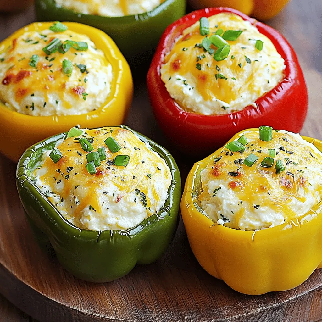 To make creamy and tasty stuffed peppers, you need these main items: - 4 medium bell peppers (choose vibrant colors for visual appeal) - 8 oz cream cheese, softened to room temperature - 1 cup shredded sharp cheddar cheese (for a burst of flavor) - 1/2 cup cooked quinoa or rice (optional for added heartiness) - 1/4 cup green onions, finely chopped (for freshness) - 1 clove garlic, minced (for a hint of zest) - 1 teaspoon Italian seasoning (for aromatic depth) - Salt and freshly ground black pepper to taste - Olive oil for drizzling These ingredients work together to create a creamy filling inside the peppers. The cream cheese brings richness, while the cheddar adds a sharp taste. You can enhance your stuffed peppers by adding a few extra ingredients. Here are some options: - Cooked ground meat (like turkey or beef) for a protein boost - Black beans or corn for added texture and flavor - Diced tomatoes for some acidity and freshness - Fresh herbs, like parsley or basil, for a pop of color and flavor Feel free to mix and match these add-ins to make the dish your own. When selecting bell peppers, keep a few things in mind: - Look for firm peppers with smooth skin. Avoid any with wrinkles or soft spots. - Choose peppers that feel heavy for their size. This means they are fresh and juicy. - Pick a mix of colors (red, yellow, and green) for a vibrant display on your plate. Fresh bell peppers will give your dish the best taste and texture. For the full recipe, check the link. Start by preheating your oven to 375°F (190°C). This heat helps the peppers cook evenly. Take four medium bell peppers and slice off their tops. Be sure to remove the seeds and white membranes inside. This makes room for the tasty filling. Place the peppers upright in a baking dish, ready to be filled. In a large bowl, mix 8 oz of softened cream cheese with 1 cup of shredded sharp cheddar cheese. Use a fork or a spatula to blend until smooth. Next, add in 1/2 cup of cooked quinoa or rice if you want a heartier dish. Then, toss in 1/4 cup of finely chopped green onions, 1 clove of minced garlic, and 1 teaspoon of Italian seasoning. Season this mix with salt and black pepper to taste. Stir everything until well combined. Now, it’s time to fill the peppers. Use a spoon to pack the creamy mixture into each pepper, pressing down lightly. Drizzle a bit of olive oil on top for added flavor. Cover the dish tightly with aluminum foil and place it in the oven. Bake for 25 minutes to soften the peppers. After that, remove the foil and bake for another 10 to 15 minutes. The peppers should be tender and the tops golden. Once done, let them cool for a few minutes before serving. Enjoy your delicious cream cheese stuffed peppers! Check out the Full Recipe for more details. One common mistake is overcooking the peppers. If you bake them too long, they become mushy. You want them tender but still crisp. Another mistake is not mixing the filling well. Make sure the cream cheese and other ingredients blend together smoothly. This helps every bite taste great. Lastly, avoid under-seasoning. Always taste your filling before stuffing the peppers. Proper seasoning makes a huge difference in flavor. You can easily change the cream cheese filling to suit your taste. Start with the basic filling and add ingredients you love. For a spicy kick, throw in some diced jalapeños or crushed red pepper. If you want it fresh, add chopped spinach or herbs like basil and cilantro. For a twist, try different cheese combinations. Feta or goat cheese can add a tangy flavor. The options are endless, so get creative! Cream cheese stuffed peppers are super versatile. They pair well with a fresh side salad or some crusty bread. A simple tomato salad with balsamic dressing complements the richness of the peppers nicely. For a hearty meal, serve them alongside rice or quinoa. You can also top them with avocado or a dollop of sour cream. These toppings add texture and flavor. Check out the Full Recipe for more serving ideas! {{image_4}} You can change the flavor of your stuffed peppers by using different cheeses. Cream cheese is rich and creamy, but you can also use goat cheese for a tangy twist. Feta cheese adds a salty kick, while mozzarella gives a stretchy, melty texture. For herbs, try fresh basil or dill. These herbs brighten the dish and add fresh notes. Stuffed peppers can fit many diets. For meat lovers, mix in ground beef or turkey. Cook the meat first, then add it to the cheese mixture. If you prefer vegetarian options, add black beans or lentils for protein. You can even use finely chopped mushrooms for a meaty texture without meat. This way, everyone can enjoy a delicious meal. If you like spice, there are fun ways to heat things up! Add jalapeños or red pepper flakes to the cheese mix for a kick. You can also use pepper jack cheese instead of sharp cheddar for more heat. Another idea is to drizzle hot sauce on top before serving. These little changes can make your stuffed peppers exciting and bold. For more ideas, check out the Full Recipe for Cream Cheese Stuffed Peppers Delight! To keep your leftover stuffed peppers fresh, let them cool first. Place them in an airtight container. You can store them in the fridge for up to 4 days. If you want to keep them longer, freezing is a great option. For freezing, wrap each stuffed pepper tightly in plastic wrap. Then, place them in a freezer bag. This way, they can last up to 3 months. When you're ready to eat, thaw them in the fridge overnight. To reheat, bake them in the oven at 350°F (175°C) for about 20-30 minutes. This keeps the peppers tasty and warm. Stuffed peppers are perfect for meal prep. You can make a big batch and store them. Prepare the filling ahead of time. Just fill and bake the peppers when you're ready to eat. This saves time and gives you a quick, healthy meal throughout the week. For the full recipe, check out the Cream Cheese Stuffed Peppers Delight. You can use sour cream or Greek yogurt. Both give a creamy texture. Cottage cheese works too. Just blend it well to make it smooth. Vegan cream cheese is another great option for a dairy-free choice. Yes, you can prepare them a day in advance. Stuff the peppers and keep them in the fridge. Just cover them well with plastic wrap. When ready, bake them as normal. Peppers are done when they are tender. You can easily pierce them with a fork. The filling should be hot and slightly golden on top. Absolutely! Air fryers can cook them quickly. Set the air fryer to 350°F (175°C). Cook for about 15-20 minutes. Check for doneness like you would in the oven. The best way to reheat is in the oven. Preheat to 350°F (175°C). Place the peppers in a baking dish and cover with foil. Heat for about 15-20 minutes or until warm. You can also use the microwave but be careful, as they may get soggy. For more details on making these tasty bites, check out the Full Recipe. In this post, we explored how to make delicious cream cheese stuffed peppers. We covered the key ingredients, from essential items to tasty add-ins. The step-by-step instructions made it easy to follow along and prepare your dish. I shared tips to avoid common mistakes and customize your filling. We even discussed storage methods and variations for exciting flavors. Remember, stuffed peppers are versatile and packed with flavor. Enjoy experimenting with different ingredients and serving ideas to find your favorite combination. Happy cooking!