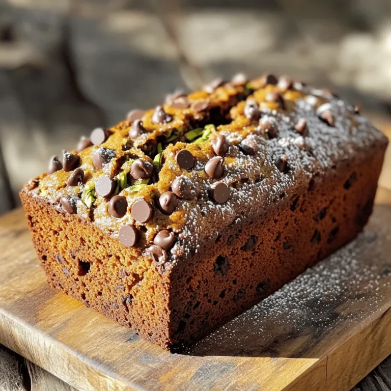 To make this tasty Chocolate Chip Zucchini Bread, you need these key ingredients: - 2 cups grated zucchini (from about 1 large zucchini, squeezed to remove excess moisture) - 1 cup all-purpose flour - 1 cup whole wheat flour - 1 teaspoon baking soda - 1 teaspoon baking powder - 1/2 teaspoon salt - 1 teaspoon ground cinnamon - 1/4 teaspoon ground nutmeg (optional for extra warmth) - 1/2 cup granulated sugar - 1/2 cup packed brown sugar - 1/2 cup vegetable oil (or melted coconut oil for a hint of coconut flavor) - 3 large eggs, at room temperature - 1 teaspoon pure vanilla extract - 1 cup semi-sweet chocolate chips - 1/2 cup chopped walnuts or pecans (optional for added crunch) These simple ingredients create a moist and rich bread that everyone loves. The zucchini adds moisture and keeps the bread soft. The chocolate chips bring sweetness and a fun crunch. You can make this bread even better with some optional add-ins: - Chopped nuts: Walnuts or pecans add a nice crunch. - Spices: A pinch of ginger or cardamom can add unique flavors. - Dried fruits: Raisins or cranberries bring extra sweetness and chew. - Coconut flakes: Shredded coconut adds a tropical twist. Feel free to mix and match these add-ins. Each choice adds a new layer of taste that makes this bread special. To make this delicious bread, you will need some basic kitchen tools: - A large mixing bowl - A whisk for mixing dry ingredients - A spatula for folding in the batter - A 9x5 inch loaf pan - A toothpick for testing doneness - Parchment paper (optional, for easy removal) Having the right tools helps you create the perfect loaf. With these items, you can easily whip up a delightful Chocolate Chip Zucchini Bread. For the complete process, check out the Full Recipe. Start by preheating your oven to 350°F (175°C). This step is key to baking. While the oven heats, prepare your 9x5 inch loaf pan. You can grease it with butter or oil. If you prefer, line it with parchment paper. This makes it easier to remove the bread later. In a large bowl, combine the grated zucchini with the vegetable oil. Add in the granulated sugar and brown sugar. Next, crack in the eggs and pour in the vanilla extract. Mix these wet ingredients well. You want everything to blend until it looks smooth. In a separate bowl, whisk together the all-purpose flour, whole wheat flour, and baking soda. Add baking powder, salt, cinnamon, and nutmeg if you like. This step ensures even flavor and rise in your bread. Now, gradually add the dry mixture to the wet ingredients. Use a spatula to stir gently. Mix just until combined; some lumps are okay. Avoid overmixing, as this can make the bread dense. Carefully fold in the chocolate chips and optional nuts. Pour the batter into your prepared loaf pan. Smooth the top with a spatula for even baking. Place the pan in the oven and bake for 50-60 minutes. Check doneness by inserting a toothpick into the center. It should come out clean or with a few crumbs. Once baked, let the bread cool in the pan for about 10 minutes. Then, transfer it to a wire rack to cool completely before slicing. Enjoy your rich and moist chocolate chip zucchini bread! For the full recipe, refer to the recipe section. To get the best flavor, start with fresh zucchini. Grate it using a box grater. Place the grated zucchini in a clean kitchen towel. Twist the towel to squeeze out excess moisture. Aim for about one cup of dry zucchini. This step helps avoid a soggy loaf, so don't skip it. Mixing is key to great texture. First, combine wet ingredients in one bowl. In another bowl, mix the dry ingredients. When combining both, stir gently. Stop mixing once you see no dry flour. A few lumps are okay. Overmixing can lead to dense bread, which we want to avoid. Before baking, make sure your oven is preheated to 350°F (175°C). Grease your loaf pan or use parchment paper. Pour the batter in and smooth the top with a spatula. Bake for 50 to 60 minutes. To check for doneness, insert a toothpick into the center. It should come out clean or with just a few crumbs. This helps ensure that your zucchini bread turns out soft and fluffy. For the full recipe, refer to the instructions above. {{image_4}} You can change the nuts in your zucchini bread for fun. Walnuts bring a nice crunch. Pecans add a sweet, buttery taste. You can also skip nuts entirely if you prefer. For the chocolate, use dark chocolate chips for a richer flavor. Or try white chocolate chips for a sweet twist. Mixing different chocolates can make each slice unique and exciting. If you need a gluten-free option, use a gluten-free flour blend. Many blends work well in baking. You can also try almond flour or oat flour as a base. Just make sure to add a binder, like xanthan gum, to help the bread hold together. This way, you can enjoy the same moist and rich taste without the gluten. Want to add more flavor? Try mixing in fruits like bananas or apples. They can make your bread even sweeter and moister. You can also add grated carrots for an extra veggie boost. Just remember to squeeze out any extra liquid from these ingredients to keep the texture right. With these additions, each loaf can be a new adventure in taste! For the full recipe, check out the section above. To store leftover zucchini bread, cool it completely first. Wrap it tightly in plastic wrap or foil. This keeps it moist. You can also place it in an airtight container. Store it at room temperature for up to three days. For longer freshness, keep it in the fridge for about a week. Freezing is a great option for saving zucchini bread. Once it cools, slice it first. Wrap each slice in plastic wrap. Then, put the wrapped slices in a freezer bag. Make sure to remove excess air. You can freeze the bread for up to three months. When ready, thaw it overnight in the fridge. Reheating zucchini bread is simple. For the best taste, use the oven. Preheat it to 350°F (175°C). Place slices on a baking sheet. Heat for about 10 minutes, or until warm. You can also microwave it for 15-20 seconds. Enjoy your rich and moist chocolate chip zucchini bread again! For the full recipe, check out the steps above. You can make this bread healthier by using whole wheat flour instead of all-purpose flour. You can also cut the sugar by using less granulated and brown sugar. Try replacing some oil with unsweetened applesauce for moisture. Adding nuts increases healthy fats and protein. You can also use dark chocolate chips, as they have less sugar. Yes, you can substitute eggs in this recipe. Use 1/4 cup of unsweetened applesauce per egg. You can also use flaxseed meal mixed with water. To do this, combine 1 tablespoon of flaxseed meal with 2.5 tablespoons of water and let it sit for five minutes. This will help bind the ingredients. If your zucchini bread is too dense, you may have overmixed the batter. Mix just until combined. Make sure to squeeze out excess moisture from the grated zucchini. You can also add a bit more baking powder to help it rise better. Finally, check your oven's temperature. An oven that runs too cool can lead to dense bread. Chocolate chip zucchini bread lasts about 3 to 4 days at room temperature. Store it in an airtight container. If you want it to last longer, you can refrigerate it for up to a week. You can try many fun variations with this bread. Swap in different nuts like pecans or almonds for added crunch. Use a mix of chocolate chips, like white and dark chocolate, for a twist. You can even add spices like ginger or cardamom for a warm flavor. For added moisture, consider mixing in mashed bananas or applesauce. For the full recipe, check out the previous sections. In this article, we covered how to make delicious chocolate chip zucchini bread. We looked at key ingredients, step-by-step instructions, tips for perfecting your bread, tasty variations, and how to store leftovers. Zucchini bread is fun to bake and easy to enjoy. You can change it up with nuts, fruits, or even gluten-free options. With these tips, you’ll create a treat that’s moist and flavorful each time. Happy baking!