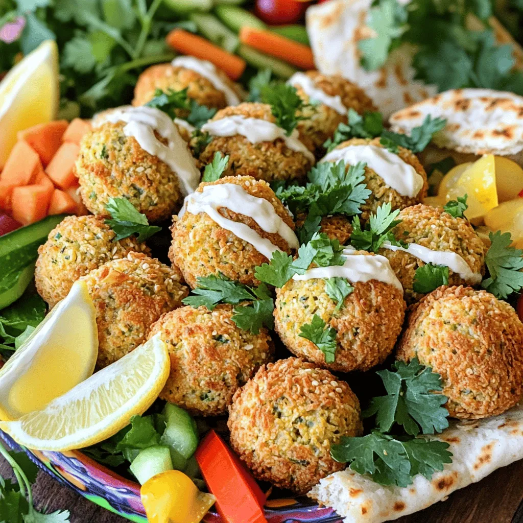 To make crispy baked falafel, you need a few key ingredients: - 1 cup dried chickpeas, soaked overnight - 1 small onion, roughly chopped - 2 cloves garlic, minced - 1/4 cup fresh parsley, finely chopped - 1/4 cup fresh cilantro, finely chopped - 1 teaspoon ground cumin - 1 teaspoon ground coriander - 1/2 teaspoon baking soda - 1 tablespoon freshly squeezed lemon juice - Salt and black pepper to taste - 2 tablespoons extra virgin olive oil These ingredients create a great flavor and texture. Soaking the chickpeas overnight helps soften them, making blending easier. Fresh herbs add brightness, while spices bring warmth to the dish. You can enhance your falafel with a few tasty toppings: - Tahini sauce for a rich, nutty flavor - Yogurt for a creamy and tangy touch - Whole wheat pita bread for a classic wrap - Crisp lettuce leaves for a fresh, gluten-free option These toppings add layers of flavor and texture, making each bite exciting. You can also serve falafel with fresh veggies, like tomatoes or cucumbers, to add crunch and color. When selecting ingredients, look for quality: - Choose dried chickpeas over canned for better texture. - Pick fresh herbs that are vibrant and aromatic. - Use high-quality olive oil for the best flavor. Fresh, high-quality ingredients make a big difference in your dish. They enhance the taste and make cooking more enjoyable. Always remember to wash your produce well to keep your meal safe and clean. For the full recipe, check out the detailed steps to create your crispy baked falafel! To start, you need dried chickpeas. Soak one cup overnight in water. This makes them soft and easy to blend. After soaking, drain and rinse the chickpeas well. Make sure they are dry before moving on. Moisture can make the falafel mushy. Next, grab your food processor. Add the drained chickpeas, one small chopped onion, and two minced garlic cloves. Toss in 1/4 cup of fresh parsley and 1/4 cup of fresh cilantro. Then, spice it up with one teaspoon of ground cumin and one teaspoon of ground coriander. Don’t forget 1/2 teaspoon baking soda and one tablespoon of lemon juice. Add a pinch of salt and black pepper to taste. Pulse until the mix is coarse but holds together. Do not over-process; you want some texture. Now, put the mixture in a bowl and cover it. Chill in the fridge for at least 30 minutes. This helps the falafel stay firm. When you’re ready, preheat your oven to 400°F (200°C). Form the mixture into small balls, about 1.5 inches wide. Place them on a lined baking sheet. Drizzle two tablespoons of olive oil over the balls. Toss gently to coat. Bake for 25-30 minutes, flipping halfway through. Once golden and crispy, serve them warm. You can enjoy them in pita bread or lettuce leaves. Drizzle with tahini sauce or yogurt for extra flavor. For the full recipe, check out the detailed steps. To get that amazing crunch, use dried chickpeas. Soaking them overnight helps. After blending, chill the mixture for at least 30 minutes. This step firms it up. When shaping, don’t make them too big. Smaller balls bake better and get crispier. Lastly, coat them well with olive oil before baking. This helps them brown beautifully. One common mistake is using canned chickpeas. They hold too much water and make the mix soggy. Another error is over-processing the mixture. It should be coarse, not smooth. Skipping the chilling step can lead to falafel that falls apart. Always remember to flip them halfway through baking for even cooking. You can spice up your falafel in many ways. Try adding a pinch of cayenne for heat. Swap cilantro for mint for a fresh twist. You can also mix in some roasted red pepper for a smoky flavor. Experimenting with different herbs can make each batch unique. Serve with tahini or yogurt to boost taste too! {{image_4}} You can easily spice up your falafel. Add a pinch of cayenne for heat. A dash of smoked paprika brings a nice depth. You could also use fresh herbs like dill or mint for a twist. A blend of spices makes for a unique flavor. Each spice changes the taste and keeps things fun. Making this falafel vegan is simple. The main recipe is already plant-based. Just ensure your toppings are dairy-free. For gluten-free options, use lettuce wraps instead of pita. This way, everyone can enjoy it. You can also swap chickpeas for other beans like black beans. This keeps the protein high and the taste delicious. Falafel is super versatile. You can serve it in wraps, bowls, or salads. Use whole wheat pita for a classic touch. For a lighter meal, try crisp lettuce leaves. Add fresh veggies like cucumbers, tomatoes, and onions. Drizzle with tahini sauce or yogurt for a creamy finish. You can even build a falafel bowl with grains like quinoa or rice. This makes for a filling meal that’s packed with flavor. For the full recipe, check out the details above! To store leftover falafel, let them cool first. Place them in an airtight container. They will stay fresh in the fridge for up to three days. If you want to keep them longer, consider freezing them. This keeps the flavor and texture intact. When reheating falafel, the oven is best. Preheat your oven to 350°F (175°C). Place the falafel on a baking sheet. Reheat for about 10-15 minutes. This method helps restore their crispy texture. You can also use an air fryer for a quick and crispy option. To freeze falafel, shape them before cooking. Place the raw falafel on a baking sheet. Freeze them for about an hour until firm. Then, transfer them to a freezer bag. They can last up to three months. When ready, bake them straight from the freezer. Just add a few extra minutes to the cooking time. Enjoy homemade falafel any time! For the full recipe, check out the [Full Recipe]. Many people wonder how to achieve the best flavor in falafel. The key is to use fresh herbs and spices. Another common question is about the texture. You want the mixture to be coarse but able to hold together. If your falafel falls apart, try adding a bit more flour. Some ask about soaking chickpeas. Always soak dried chickpeas overnight. This step hydrates them, making your falafel softer and easier to blend. To make baked falafel crispy, follow a few simple tips. First, make sure to drain the chickpeas well after soaking. Excess water can make them soggy. When shaping the falafel, keep them slightly smaller. This helps them crisp up faster. Drizzle olive oil over them before baking. The oil promotes a golden, crunchy exterior. Flip the falafel halfway through baking to ensure even crispness. Baking at a high temperature, like 400°F (200°C), also helps achieve that perfect crunch. Crispy baked falafel works well in many dishes. They are great in pita pockets, paired with fresh veggies and sauces. You can also serve them on a bed of salad greens. Adding tahini sauce or yogurt elevates the flavors. For a fun twist, try falafel in a grain bowl with quinoa or couscous. Another idea is to serve them as a snack with dipping sauces. The crunchy texture and bold flavors make falafel a versatile dish for any meal. In this blog post, we explored how to make crispy baked falafel from start to finish. We discussed key ingredients, step-by-step instructions, and tips for perfecting texture. You can also find fun variations and simple storage tips. Falafel is a healthy, tasty option for many meals, and it’s easy to make. With the right ingredients and techniques, you can enjoy a delicious dish at home. I hope these tips inspire you to create your own falafel!