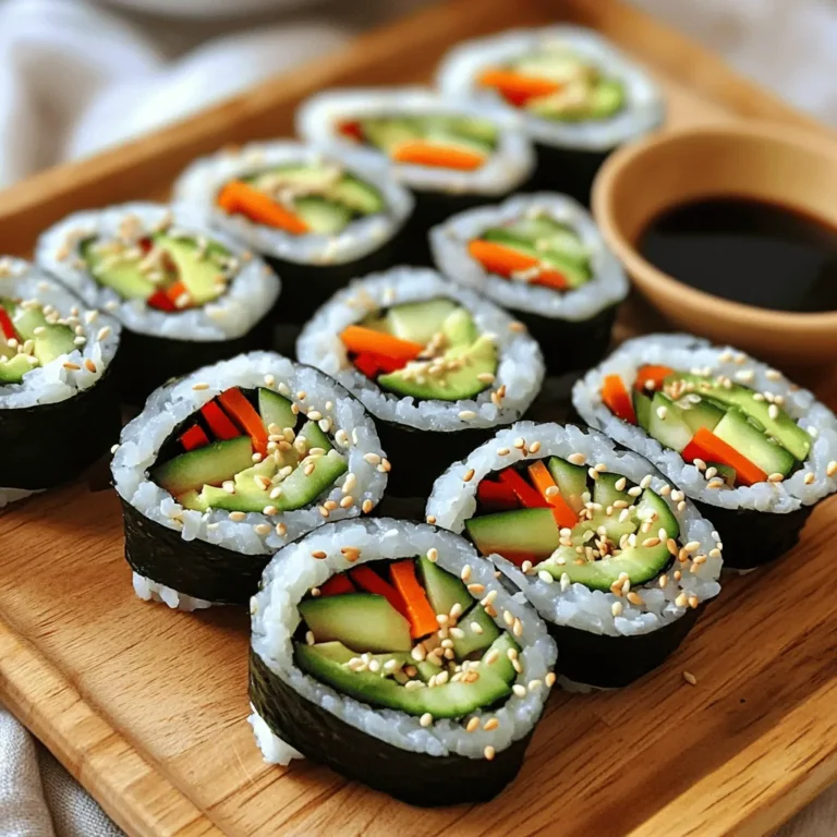 - 1 cup sushi rice - 1 ¼ cups water - 2 tablespoons rice vinegar - 1 tablespoon sugar - ½ teaspoon salt - 4 sheets nori (seaweed) - 1 small cucumber, cut into thin matchsticks (julienned) - 1 small carrot, cut into thin matchsticks (julienned) - 1 ripe avocado, sliced into even strips - ¼ red bell pepper, cut into thin matchsticks (julienned) - 2 tablespoons sesame seeds (toasted, if desired) - Soy sauce, for serving When choosing your ingredients, fresh is key. Sushi rice is sticky and perfect for rolling. The water helps cook the rice just right. Rice vinegar adds a nice tang, and sugar balances the flavor. Salt enhances all the tastes. Nori sheets give structure and flavor. Fresh veggies add crunch and color. I love using cucumber, carrot, avocado, and red bell pepper. They make each bite bright and tasty. You can add toasted sesame seeds for a nutty flavor. Soy sauce is great for dipping, too! Remember, the more fresh and colorful your ingredients, the better your sushi rolls will taste. For the full recipe, check out the complete guide to making Easy Veggie Sushi Rolls. Rinsing the Rice Start by rinsing your sushi rice under cold water. Use a fine-mesh strainer for this. Rinse until the water runs clear. This removes extra starch and helps the rice cook well. After rinsing, drain the rice completely. Cooking Method In a medium saucepan, combine the rinsed rice and 1 ¼ cups of water. Bring this mix to a boil over high heat. Once boiling, reduce the heat to low. Cover it with a lid and let it simmer for 18-20 minutes. The rice should absorb all the water and become soft. Combining Ingredients While your rice cooks, make the vinegar mixture. In a small bowl, mix 2 tablespoons of rice vinegar, 1 tablespoon of sugar, and ½ teaspoon of salt. You can heat this mix in the microwave for about 15-20 seconds. This helps the sugar dissolve easily. Cooling Process Once the sugar dissolves, let the vinegar mix cool down a bit. After the rice is done cooking, transfer it to a large bowl. Gently fold the vinegar mix into the rice using a spatula. Be careful to keep the rice fluffy. Now set the bowl aside to cool to room temperature. Assembling the Ingredients To roll your sushi, first prepare your workspace. Lay a sheet of nori, shiny side down, on a bamboo sushi mat or a flat surface. Dampen your hands with water to avoid sticky rice. Take a handful of rice and spread it evenly on the nori. Leave about an inch at the top edge. Next, arrange your fillings in the center of the rice. Use thin matchsticks of cucumber, carrot, avocado, and bell pepper for a nice crunch. For extra flavor, sprinkle some sesame seeds over the veggies. Rolling Technique Begin rolling the sushi away from you, using the bamboo mat for help. Start from the edge closest to you. Press gently but firmly to make a tight roll. When you reach the exposed edge of the nori, moisten it slightly with water. This helps seal the roll. Repeat this process with the other nori sheets and fillings. Once all rolls are made, slice them into bite-sized pieces. Use a sharp knife and wipe it with a damp cloth between cuts to keep the slices clean. Serve your rolls on a lovely platter with soy sauce on the side for dipping. For the full recipe, check out Easy Veggie Sushi Rolls. When making veggie sushi, fresh vegetables make a big difference. Use crisp, bright veggies for the best flavor. Here are some top choices: - Cucumber - Carrot - Avocado - Red bell pepper These veggies add color and taste. You can also try radishes or zucchini. Always check for freshness. In-season veggies taste best. Spring brings tender asparagus, while summer offers juicy tomatoes. Fall is great for colorful peppers. Winter gives us sweet butternut squash. Choose what's fresh to enhance your rolls. Rolling sushi can seem tricky, but you can master it. A bamboo mat helps a lot. It keeps your rolls tight and even. Here’s how to roll properly: 1. Place the nori on the bamboo mat, shiny side down. 2. Wet your hands to stop the rice from sticking. 3. Spread sushi rice evenly, leaving space at the top. For tight rolls, start rolling from the edge closest to you. Use gentle pressure to keep everything in place. Moisten the nori edge before sealing. This helps the roll stay tight and secure. Serving your sushi well makes it even more fun. You can place your rolls on a nice platter. Cut them into bite-sized pieces for easy eating. Here are some ideas to make it special: - Arrange with colorful garnishes, like sliced radishes or herbs. - Serve with soy sauce for dipping. You can also add pickled ginger or wasabi for extra flavor. These toppings enhance the overall experience. Enjoy your creation with friends or family. Sharing makes it even better! {{image_4}} For your veggie sushi rolls, feel free to mix and match ingredients. Here are some great ideas: - Other Vegetable Options: Try using bell peppers, zucchini, or sweet potato. These add color and crunch. - Adding Proteins: You can add tofu, tempeh, or edamame. This boosts protein and makes your rolls heartier. Sushi comes in many styles. Here are two popular ones: - California Rolls: These rolls often have imitation crab and avocado. They are sweet and creamy, perfect for beginners. - Temaki (Hand Rolls): These are cone-shaped and easy to hold. Just fill the nori with rice and veggies, then roll it up! You can easily adjust your sushi for different diets. Here are some tips: - Vegan Options: All the ingredients in your rolls can be vegan. Use plant-based fillings and sauces. - Gluten-Free Soy Sauce Choices: Regular soy sauce has gluten. Look for tamari or coconut aminos instead. These options taste great and keep it gluten-free. Feel free to explore these variations to make your sushi unique and delicious! For the full recipe, check out the Easy Veggie Sushi Rolls. Sushi is best fresh, but you can save leftovers. Wrap each roll in plastic wrap. This keeps the rolls moist and prevents them from drying out. Place them in an airtight container. Store the container in the fridge. - Best Practices for Refrigeration - Wrap rolls tightly in plastic wrap. - Use an airtight container to keep them fresh. - Keep sushi in the fridge, not at room temperature. - How Long Sushi Lasts Sushi lasts for about 24 hours in the fridge. After that, it may lose flavor and texture. Always check for any signs of spoilage before eating. You might wonder if you can reheat sushi. In general, sushi is best enjoyed cold. However, if you want to warm it, here are some tips. - Can You Reheat Sushi? Yes, but it is not always recommended. Reheating can change the texture of the fish and rice. - Recommended Methods If you decide to reheat, use a microwave. Place sushi on a plate. Cover it with a damp paper towel. Heat in short bursts of 10-15 seconds. Check after each burst to avoid overheating. Enjoy your veggie sushi rolls at room temperature for the best taste! To stop sushi rice from sticking, dampen your hands. Wet hands help keep the rice from clumping. You can also rinse the rice well before cooking. This helps remove excess starch. A little water goes a long way in making sushi fun to roll. Yes, you can prepare veggie sushi rolls ahead of time. Just keep them in the fridge. Wrap rolls in plastic wrap to keep them fresh. Use them within a day for the best taste. If you make them too early, the rice may harden. If you can't find nori, use lettuce leaves or rice paper. These options add a crisp taste. You can also use thin slices of cucumber as a wrap. Each choice provides a unique flavor and texture. Enjoy experimenting with different wraps! In this blog post, we explored the key ingredients and steps needed to make delicious veggie sushi. You learned how to prepare rice, mix the vinegar, and roll your sushi tightly. We shared tips on choosing fresh vegetables, variations of sushi styles, and how to store leftovers. Consider trying different fillings and styles to make your sushi unique. Enjoy the process, and soon you'll impress friends with your homemade sushi!
