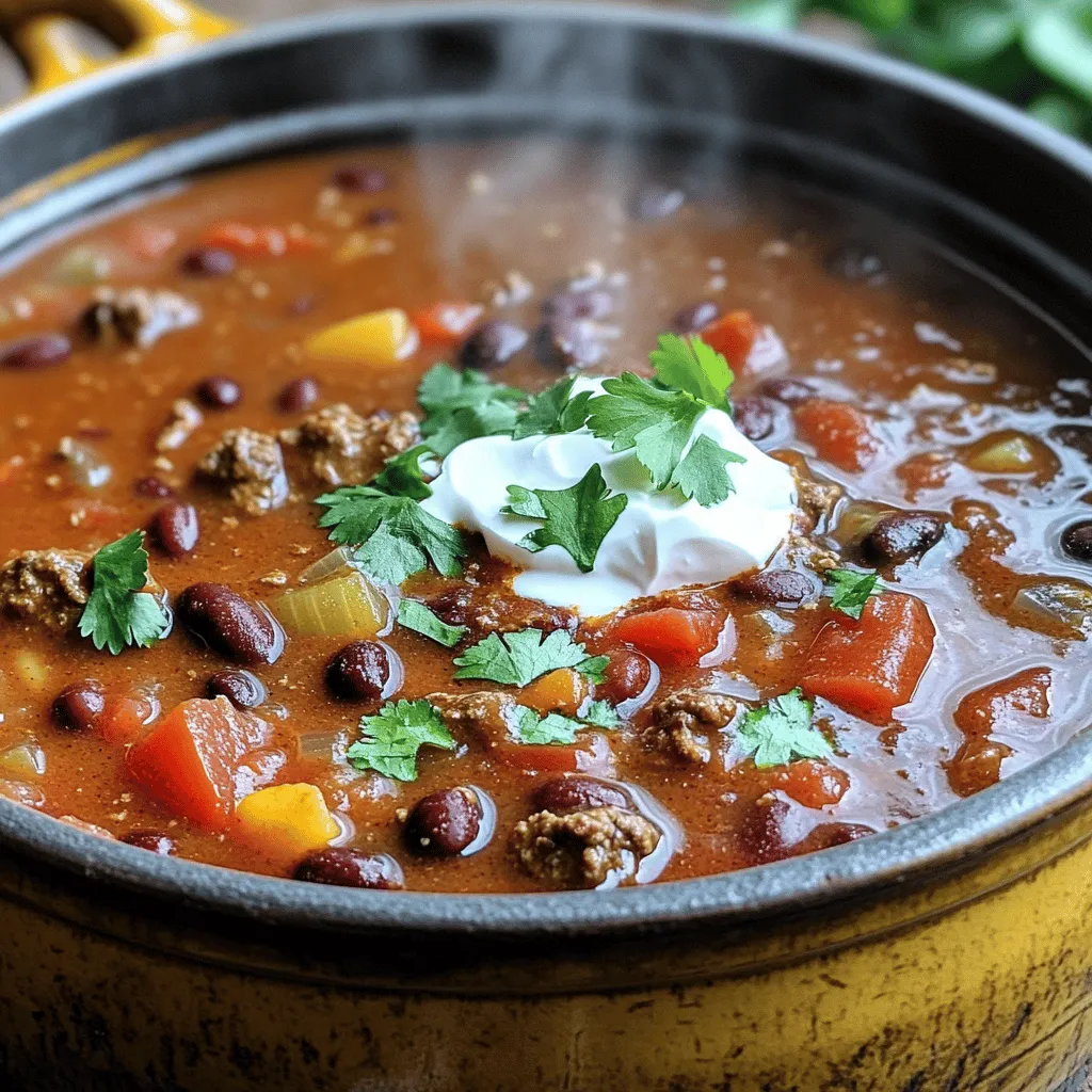 To make a hearty beef and bean chili, gather these essential ingredients: - 1 pound ground beef, preferably lean - 1 can (15 oz) kidney beans, thoroughly drained and rinsed - 1 can (15 oz) black beans, thoroughly drained and rinsed - 1 can (28 oz) diced tomatoes with juices - 1 medium onion, finely chopped - 2 cloves garlic, minced - 2 tablespoons chili powder - 1 tablespoon ground cumin - 1 teaspoon smoked paprika - 1 teaspoon salt, or to taste - 1/2 teaspoon freshly ground black pepper - 1 bell pepper (your choice of color), chopped into bite-sized pieces - 1 cup beef broth, low sodium preferred - 2 tablespoons olive oil You can enhance your chili with these tasty garnishes and sides: - Fresh cilantro, for garnish (optional but recommended) - Sour cream or Greek yogurt, for serving (optional) - Grated cheese (cheddar or Mexican blend), for serving (optional) - Crusty bread or tortilla chips, for dipping To prepare this chili, you will need: - A large, heavy-bottomed pot - A wooden spoon or spatula for stirring - A sharp knife and cutting board for chopping - Measuring spoons for precise ingredient amounts - A can opener for the beans and tomatoes These tools make cooking smooth and easy. When you have everything ready, you can follow the full recipe and enjoy a warm bowl of chili. Start by gathering your ingredients. This helps you stay organized. Heat 2 tablespoons of olive oil in a large pot over medium heat. Once hot, add 1 medium chopped onion and 1 chopped bell pepper. Sauté these for about 5 minutes, or until the onion becomes soft and clear. This step builds flavor and aroma. Next, stir in 2 minced garlic cloves and cook for another minute. You want that garlic to smell amazing. Increase the heat to medium-high. Add 1 pound of ground beef to the pot. Break it up with a spatula as it cooks. You need to brown the beef for about 5 to 7 minutes. Ensure it's no longer pink. Once done, drain any extra fat from the pot. This keeps the chili from being greasy. Now, it's time to add spice! Stir in 2 tablespoons of chili powder, 1 tablespoon of ground cumin, 1 teaspoon of smoked paprika, 1 teaspoon of salt, and 1/2 teaspoon of black pepper. Cook this mixture for 2 minutes to release the spices’ full flavor. Then, pour in 1 can of diced tomatoes (28 oz) along with their juice. Add the drained kidney beans and black beans from 2 cans (15 oz each) and 1 cup of beef broth. Stir everything together well. Raise the heat and let the chili simmer gently. Once it bubbles, lower the heat to low. Cover the pot and let it cook for at least 30 minutes. Stir it occasionally to blend the flavors. If you have time, simmer for up to an hour for richer taste. Taste your chili and adjust seasoning as needed. When you're ready to serve, ladle it into bowls. Add fresh cilantro on top and a dollop of sour cream or Greek yogurt if you want. A sprinkle of grated cheese also adds a nice touch. Enjoy your hearty beef and bean chili! For the complete recipe, check the [Full Recipe]. To boost your chili’s flavor, use fresh spices. Fresh spices add depth. Toast them briefly in oil before adding other ingredients. This enhances their taste. Adding a pinch of sugar can balance acidity from the tomatoes. Taste as you go to adjust flavors. You can also add a splash of vinegar for brightness at the end. The longer you cook chili, the better it tastes. Simmering for 30 minutes is great. For richer flavor, cook for up to an hour. Stir occasionally to prevent sticking. If you have time, let it rest after cooking. This helps the flavors meld together even more. Chili is versatile. Serve it over rice for a filling meal. Add crusty bread or tortilla chips for crunch. Top with fresh cilantro, sour cream, or cheese for extra flavor. You can also serve it with a side salad for freshness. Don’t forget to check the Full Recipe for more details! {{image_4}} You can easily make this chili meatless. Use lentils instead of ground beef. They cook well and add great texture. You can also use mushrooms for a hearty feel. They give a rich flavor and meaty bite. For a vegan twist, skip any dairy toppings. Use avocado or cashew cream instead for creaminess. Want more heat? Add chopped jalapeños or cayenne pepper to the mix. If you prefer less heat, reduce the chili powder. You can also add a touch of honey or sugar to balance spicy flavors. Taste as you go, so you get your perfect spice level. Feel free to mix up the beans! Pinto beans, navy beans, or chickpeas work well. You can also try ground turkey or chicken for a leaner chili. Each option brings a new flavor profile. Be creative and use what you have on hand. The key is to keep it delicious and satisfying. For the full recipe, check the earlier section. To store your leftover chili, let it cool first. Place it in an airtight container. Make sure it’s sealed well to keep out air. You can store chili in the fridge for up to four days. If you want it to last longer, freezing is a great option. When you’re ready to enjoy your chili again, you can reheat it in a few ways. The microwave works well for quick meals. Just heat it in a bowl, stirring every minute until hot. You can also use a pot on the stove. Pour your chili into the pot and heat it over medium heat. Stir often to prevent sticking. It should take about 10 minutes to warm up. To freeze chili, pour it into freezer-safe bags or containers. Make sure to leave some space for expansion. Label the bags with the date to keep track. Your chili can stay good in the freezer for about three months. When you’re ready to eat, thaw it in the fridge overnight. Then, reheat as mentioned above. This makes for a quick and tasty meal later! You can use ground turkey, chicken, or plant-based meat. Each option has a unique taste. Ground turkey is lean and mild. Ground chicken is similar but slightly richer. Plant-based meat mimics beef well. They all work nicely in chili. Chili stays fresh in the fridge for up to five days. Make sure to store it in an airtight container. This keeps the flavors strong and prevents spoilage. You can reheat it on the stove or in the microwave. Yes, both methods work great! For a slow cooker, brown the meat first. Then add all ingredients and cook on low for 6-8 hours. For an Instant Pot, sauté the meat and veggies first. Then add all ingredients, seal, and cook on high pressure for about 20 minutes. Each method lets the flavors blend well. You can find the full recipe in the earlier sections. You now know how to make classic beef and bean chili. We explored essential ingredients, tools, and step-by-step instructions. I shared tips to perfect the flavor and different variations for everyone. You also learned how to store, reheat, and adapt your chili. Chili is a great dish for meals and gatherings. Enjoy making it your own with spices and sides. Happy cooking!