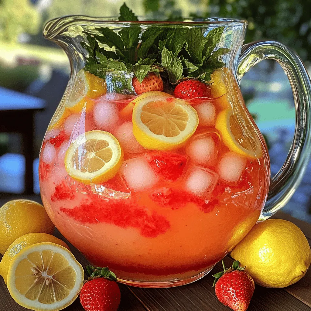 You need 1 cup of fresh strawberries for this drink. Start by hulling and slicing them. Fresh strawberries are sweet and juicy, making them perfect for lemonade. They are low in calories and packed with vitamins. Strawberries are also high in antioxidants, which help keep you healthy. You will need 1 cup of freshly squeezed lemon juice, which is about 4 to 6 medium lemons. To get the most juice, roll the lemons on the counter before cutting them. Press down while rolling to break down the membranes inside. Lemon juice is rich in vitamin C, which boosts your immune system. It also adds a bright, zesty flavor that balances the sweetness of the strawberries. For this recipe, use 3/4 cup of granulated sugar or adjust to your taste. You can also use alternatives like honey or agave. If you prefer a less sweet drink, start with less sugar and add more as needed. Just remember, the sweetness should enhance the flavors without overpowering them. First, place the sliced strawberries in a blender. Add 1/2 cup of cold water. Blend on high until it becomes smooth. This step brings out the sweet flavor of the strawberries. Next, take a fine-mesh sieve and set it over a large pitcher. Pour the strawberry puree into the sieve. Use a spoon to press down and extract juice. Discard the leftover pulp. This method helps you get a clear and flavorful juice. Now, pour the freshly squeezed lemon juice into the pitcher with strawberry juice. It adds a zesty kick to the mix. Then, add the remaining 3.5 cups of cold water to the pitcher. This helps balance the flavors. Gradually add the granulated sugar. Stir well until the sugar dissolves completely. Taste your drink to see if you want it sweeter. Adjust the sugar to your liking. For the best taste, refrigerate the lemonade for about 30 minutes. Chilling helps the flavors blend nicely. If you are in a hurry, serve it over ice right away. When you're ready to serve, pour the lemonade into glasses filled with ice. Garnish each glass with a slice of lemon and fresh mint leaves. This adds a lovely touch to your drink and makes it look inviting. Enjoy this refreshing summer drink with friends and family! To make your strawberry lemonade even better, you can try adding fresh herbs. Mint or basil works great. Just chop a few leaves and mix them in. This adds a fresh twist to your drink. Balancing sweetness and acidity is key. If your lemonade is too sweet, add more lemon juice. If it’s too tart, stir in more sugar. Taste as you go to find the perfect mix. For a fun look, serve your lemonade in clear glasses. This lets the bright color shine through. Add a slice of lemon on the rim for a pop of color. Fresh mint leaves can be a nice touch too. If you are hosting a party, consider using a large pitcher. You can fill it with lemon slices and strawberries for decoration. This also makes it easy for guests to serve themselves. If you have a busy day, you can save time. Use store-bought lemon juice instead of squeezing fresh lemons. It cuts down on prep time and is still tasty. Another tip is to blend the strawberries in advance. Keep the puree in the fridge. When you’re ready, mix it with the lemon juice and water. This makes your drink quick to prepare when you need it. For the full recipe, check out the detailed instructions above. {{image_4}} You can mix fresh strawberries with other fruits for fun flavors. Peach is sweet and juicy. Raspberry adds a tart kick. Combine all three for a vibrant drink. You can also try herbs for extra flair. Mint gives a refreshing taste, while basil adds a unique twist. Just muddle herbs before mixing them in. If you want different sweeteners, try honey or agave. These natural options can change the taste. Honey gives a floral note, while agave is mild and smooth. If you're watching calories, consider using stevia or monk fruit. Both are low-calorie and do not alter the drink's flavor too much. To make your lemonade fizzy, add sparkling water or soda. This will give a bubbly texture that feels festive. Mix in the sparkling water right before serving for the best fizz. For a fun twist, serve it in tall glasses with ice. Add extra lemon slices and mint leaves on top for a lovely presentation. Check out the Full Recipe for more ideas to enjoy this refreshing drink! Fresh strawberry lemonade lasts in the fridge for about five days. It stays tasty during this time. Look for bright colors and a sweet smell to check for freshness. If you notice any off smells or changes in color, it's time to toss it out. You can freeze strawberry lemonade for later enjoyment. Pour the lemonade into ice cube trays. Once frozen, transfer the cubes to a bag. This helps save space and keeps it fresh. To serve, take out the cubes and let them thaw in the fridge. You can also blend them back into a slushy drink! Use glass or BPA-free plastic containers for storage. These help keep the lemonade fresh. Make sure the containers are airtight to minimize oxidation. This keeps your drink vibrant and flavorful. Always fill the container to the top to reduce air space and prevent spoilage. Yes, you can make strawberry lemonade ahead of time. Here are some best practices: - Prepare the lemonade up to two days in advance. - Store it in a tight container in the fridge. - Keep it away from light and heat to maintain freshness. To maintain freshness, follow these tips: - Add ice just before serving to prevent dilution. - Garnish with lemon slices and mint leaves right before serving. Strawberry lemonade can be a healthy drink. It has several nutritional benefits: - Fresh strawberries provide vitamins and antioxidants. - Lemon juice is high in vitamin C. - The drink has lower calories when made at home. Comparing homemade vs. store-bought options: - Homemade allows you to control sugar levels. - Store-bought may have more added sugars and preservatives. Yes, you can use frozen strawberries in your lemonade. When to opt for frozen: - If fresh strawberries are out of season. - If you want to save time on washing and hulling. The impact on flavor and texture: - Frozen strawberries may be softer when blended. - They can still taste great but may not be as vibrant as fresh ones. For the full recipe, check out the details above. Making fresh strawberry lemonade is easy and fun. We explored key ingredients like strawberries and lemons, and how they boost health. You learned step-by-step methods to create this tasty drink, plus tips for flavoring and serving. Don’t forget the variations like peach or sparkling versions. Proper storage will keep your lemonade fresh longer. Try making this drink your own. With simple changes, you can delight your guests or enjoy it yourself. Enjoy the refreshing taste of summer in a glass!