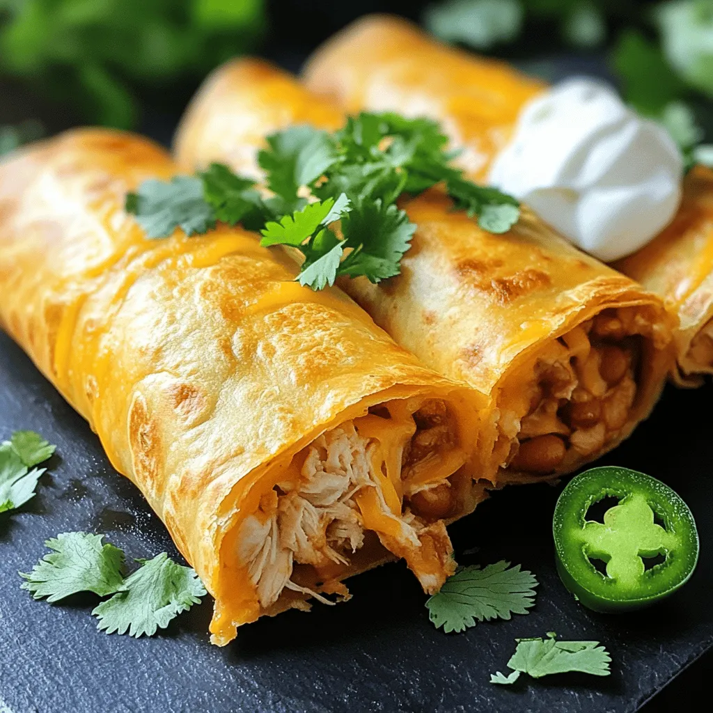 Easy Chicken Chimichangas are a fun and tasty meal. You can make them quickly using simple ingredients. The best part? You can customize them to fit your taste. - 2 cups cooked chicken, shredded - 1 cup creamy refried beans - 1 cup shredded cheese (cheddar, Monterey Jack, or Mexican blend) - 1 small onion, finely diced - 1 jalapeño, finely chopped (optional) - 1 teaspoon ground cumin - 1 teaspoon chili powder - Salt and freshly ground black pepper, to taste - 6 large flour tortillas - Vegetable or canola oil, for frying - Sour cream, for serving - Fresh cilantro leaves, for garnish You can swap ingredients based on what you have. Here are some ideas: - Use black beans instead of refried beans for a different taste. - Try rotisserie chicken for quick prep. - Substitute cheese with a dairy-free option if needed. - Skip the jalapeño for a milder flavor. - Whole wheat tortillas add a healthy twist. Feel free to mix and match these ingredients. This flexibility makes the recipe fun and unique. If you're interested, check out the full recipe for more details! Start by gathering your ingredients. You need cooked chicken, creamy refried beans, and some cheese. Use a large bowl to mix the filling. Combine the shredded chicken, refried beans, diced onion, and jalapeño if you want some heat. Add ground cumin and chili powder for flavor. Don't forget to season with salt and pepper. Mixing well is key to a tasty filling. It should all blend together nicely and smell amazing. Lay one tortilla flat on a clean surface. Spoon about one-sixth of the filling into the center. Fold in the sides of the tortilla. Then roll it tightly from the bottom up, like a burrito. Make sure the filling stays inside. Repeat this for the other tortillas and filling. It’s like wrapping a present, but much tastier! Heat some vegetable or canola oil in a large skillet. You want enough oil to cover the bottom. Wait until the oil gets hot, about 350°F. Carefully place each chimichanga seam-side down in the oil. Fry them for 3-4 minutes until they turn golden brown. Flip them gently to fry the other side for another 3-4 minutes. Use tongs to avoid splashes. When done, drain them on paper towels to remove excess oil. Now, sprinkle the remaining cheese on top while they’re hot. This helps it melt perfectly. Enjoy your delicious chimichangas with sour cream and cilantro. To get that perfect crunch, always use hot oil. Heat it until it shimmers. A good temperature is about 350°F. The tortilla should sizzle when you add it. This helps to seal the edges and create a crisp outer layer. Fry in small batches to avoid cooling the oil. Too many at once can make them soggy. To stop your filling from leaking, make sure to seal the edges tightly. Roll the chimichanga snugly. Use a bit of water on your fingers to moisten the edges before sealing. This helps the tortilla stick together. Also, avoid overfilling. A generous amount is great, but too much can cause spills. Serve these chimichangas with sour cream and fresh cilantro. You can also add salsa for extra flavor. A side of guacamole brightens the dish. For a fun twist, try a sprinkle of lime juice. This adds a zesty kick and enhances the flavors. For the full recipe, check the detailed steps provided. {{image_4}} For a tasty vegetarian chimichanga, swap the chicken for 2 cups of cooked black beans or lentils. This gives you a hearty filling with great texture. Add in some sautéed bell peppers and corn for extra flavor. Using the same spices, like cumin and chili powder, will keep the taste bold and vibrant. You can follow the Full Recipe for the assembly instructions. If you like heat, make spicy chimichangas! Start with the base recipe, but add more jalapeño or some diced green chilies. You can also mix in a bit of chipotle sauce for a smoky kick. Don't forget to adjust the salt and spices to match your heat level. This twist will surely excite your taste buds! For cheese lovers, a cheese-only filling is simple and delicious. Use 2 cups of your choice of cheese, like a blend of cheddar and Monterey Jack. Melt the cheese in a pan with a splash of cream to make it extra gooey. You can add herbs like cilantro or green onions for freshness. This filling is rich and satisfying, perfect for a quick meal! To store leftover chimichangas, let them cool first. Place them in an airtight container. Keep them in the fridge for up to three days. If you need to store them longer, freezing is a good option. Make sure they are completely cool before freezing. When you want to eat your leftovers, reheat them in the oven. Preheat your oven to 350°F (175°C). Place the chimichangas on a baking sheet. Heat for about 15-20 minutes or until warm. This keeps them crispy. You can also use a microwave, but this may make them soft. If you use the microwave, heat them for one to two minutes. To freeze chimichangas, wrap each one tightly in plastic wrap. Then, place them in a freezer-safe bag. They can last in the freezer for up to three months. When ready to eat, thaw them in the fridge overnight. For best results, reheat in the oven after thawing. This ensures they stay crunchy and delicious. Yes, you can bake chimichangas. Preheat your oven to 425°F (220°C). Place the assembled chimichangas seam-side down on a baking sheet. Lightly spray them with cooking oil for crispiness. Bake for about 20-25 minutes, turning halfway through. This method is healthier and still gives you a nice crunch. If you want a change, you can use black beans or pinto beans. Just mash them well before mixing. You can also try hummus for a different taste. Another great option is using cream cheese for a rich, creamy filling. Feel free to experiment! To prepare chimichangas ahead, you can assemble them and freeze them before frying. Wrap each chimichanga tightly in plastic wrap or foil. When you're ready to cook, you can fry them from frozen. Just add a couple of minutes to the cooking time. Alternatively, bake them after thawing for a quick meal. You now have all the tools to make tasty chimichangas. We covered the ingredients, step-by-step instructions, and tips for perfect results. Don't forget the variations to suit your taste. Feel free to experiment with fillings and spices. Store leftovers correctly to enjoy them later. I hope you feel confident to try this recipe. Enjoy each bite of your crispy chimichangas!