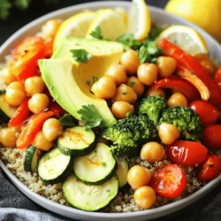 This dish is packed with healthy, tasty foods. Here is what you need: - 1 cup quinoa, thoroughly rinsed - 2 cups vegetable broth (low-sodium recommended) - 1 red bell pepper, diced into small chunks - 1 medium zucchini, sliced into half-moons - 1 cup cherry tomatoes, halved - 1 cup broccoli florets (fresh or frozen) - 2 tablespoons extra-virgin olive oil - 1 teaspoon garlic powder - 1 teaspoon smoked paprika - Sea salt and freshly cracked black pepper to taste - 1 can (15 oz) chickpeas, drained and rinsed under cold water - 1 ripe avocado, sliced - Fresh parsley or cilantro, roughly chopped, for garnish - Lemon wedges, for an extra burst of flavor when serving The quinoa is the base of the bowl. It is full of protein and has a nice texture. The roasted veggies add color and flavor. You can choose any veggies you like, but I love this mix. The olive oil helps the veggies roast well and adds a rich taste. Seasonings like garlic powder and smoked paprika take this dish to the next level. Feel free to top it with sliced avocado and fresh herbs. They add creaminess and brightness. A squeeze of lemon juice at the end boosts the flavors even more. For the complete method, check the Full Recipe. To start, rinse the quinoa. Place it in a fine mesh strainer and run cold water over it. This removes the bitter coating called saponin. Rinse it until the water runs clear. Next, chop your veggies for roasting. Cut the red bell pepper into small chunks. Slice the zucchini into half-moons. Halve the cherry tomatoes and break the broccoli into florets. Now, prepare for baking. Line a large baking sheet with parchment paper. This step helps with cleanup and keeps the veggies from sticking. Set your oven to 400°F (200°C). This temperature helps the veggies roast evenly. Roast them for about 20 to 25 minutes. In a mixing bowl, combine the chopped veggies. Drizzle them with olive oil. Add garlic powder, smoked paprika, sea salt, and black pepper. Toss everything until the veggies are well-coated. For even roasting, stir the vegetables halfway through cooking. This ensures they brown nicely on all sides. In a medium saucepan, bring the vegetable broth to a boil. Once boiling, add the rinsed quinoa. Lower the heat, cover, and let it simmer for 15 minutes. This will make the quinoa fluffy and absorb all the broth. When the quinoa is done, fluff it with a fork. This step adds air and makes it light. Begin by placing a generous scoop of quinoa in each bowl. Then, top it with the roasted vegetables and chickpeas. Make sure to create a colorful mix on each plate. Finish the bowl with slices of ripe avocado. This adds creaminess and flavor. For a pop of color, sprinkle chopped fresh herbs on top. Serve your bowl with lemon wedges for an extra burst of flavor. Follow these steps, and you'll create a beautiful and tasty Roasted Veggie Quinoa Power Bowl. For more details, check the Full Recipe. To get the best roasted veggies, start with fresh produce. Wash and cut your vegetables into even sizes. This helps them cook at the same pace. For softer veggies like zucchini and bell peppers, 20-25 minutes in a hot oven works great. Harder veggies, like carrots or potatoes, may need longer. Check for doneness by poking them with a fork. They should be tender but not mushy. To boost flavor, try adding extra seasonings. Herbs like thyme or rosemary can add depth. You can also use spices like cumin or chili powder for a kick. For oils, avocado or sesame oil can bring a different taste. Dressings like tahini or balsamic vinegar can also add a nice touch. Just drizzle them on top before serving. Quinoa is packed with protein and fiber. It has all nine essential amino acids. This makes it a complete protein source. The veggies add vitamins and minerals. For example, bell peppers are high in vitamin C. Broccoli is great for fiber and antioxidants. Together, they create a filling and nutritious meal. This bowl is not only tasty but also good for your body. {{image_4}} You can change the veggies in your Roasted Veggie Quinoa Power Bowl. This keeps things fun and fresh. Here are some great options: - Carrots - Sweet potatoes - Cauliflower - Asparagus - Eggplant For seasonal veggies, think about what is fresh near you. In the spring, try peas or radishes. In the fall, add Brussels sprouts or butternut squash. Each season brings new flavors to enjoy! If you want more protein, you can add other sources. Here are a few ideas: - Tofu: Press and cube it. Toss it with the veggies. - Tempeh: Slice it and roast it with the vegetables. - Edamame: Toss in shelled edamame for a fun crunch. If you want a legume swap, chickpeas are great, but you can also use: - Black beans - Lentils - Cannellini beans These options add protein and texture to your bowl. You can make your power bowl fit many diets. For gluten-free options, use certified gluten-free quinoa. It is naturally gluten-free and safe for those with gluten sensitivities. If you're vegan, you can easily swap out any non-vegan ingredients. For example: - Use avocado instead of cheese. - Skip honey and use maple syrup in dressings. These changes keep your meal healthy and delicious while meeting your dietary needs. Try the Full Recipe to create your awesome power bowl! To keep your Roasted Veggie Quinoa Power Bowl fresh, store it in the fridge. Use an airtight container. This method helps prevent moisture loss and keeps flavors intact. Your power bowl can last for up to four days in the refrigerator. For freezing, separate the roasted veggies and quinoa. Place each in freezer-safe bags or containers. Make sure to remove as much air as possible. This keeps them fresh for up to three months. When ready to eat, thaw in the fridge overnight. You can reheat your power bowl in both the microwave and oven. For the microwave, place the bowl on a microwave-safe plate. Heat in short bursts, stirring in between. This method warms it up quickly. If you prefer the oven, preheat it to 350°F (175°C). Spread the power bowl on a baking sheet. Heat for about 10-15 minutes. This option helps keep the veggies crisp and flavorful. No matter the method, add a splash of water if it seems dry. This keeps the quinoa moist. Enjoy your meal with all its wonderful flavors intact! You can prep this dish easily. First, cook the quinoa and roast the veggies. Once cool, store them in separate airtight containers. Keep them in the fridge for up to three days. When ready to eat, just reheat the quinoa and veggies in the microwave. You can add fresh avocado and herbs right before serving for a fresh taste. This power bowl pairs well with a few simple side dishes. You can serve it with a crisp green salad or some garlic bread. A light soup, like tomato or vegetable, works too. If you want more protein, try serving it with grilled chicken or fish. Each of these options adds great flavor and texture. Yes, you can swap out quinoa for other grains. Here are some good options: - Brown rice: Chewy and nutty, it adds great texture. - Farro: This ancient grain has a nice bite and earthy flavor. - Barley: It is hearty and full of fiber, making it a healthy choice. - Bulgur: Quick to cook, it offers a light and fluffy base. - Couscous: Fast to prepare, it absorbs flavors well. The average serving has around 450 calories. This can vary based on the toppings you choose. The bowl includes quinoa, veggies, and chickpeas, which provide protein and fiber. Each serving offers a balanced meal that keeps you full and satisfied. The Roasted Veggie Quinoa Power Bowl is easy to make and full of flavor. You learned about essential ingredients, step-by-step cooking, and storage tips. Remember, you can customize the bowl with your favorite veggies and proteins. This dish is not just tasty, but also healthy. It offers great protein and fiber. I hope you try this recipe, share it with friends, and enjoy its benefits in every bite. Happy cooking and enjoy your delicious, colorful bowls!