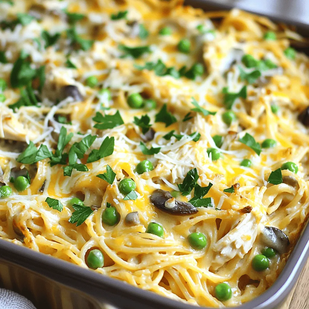- 8 oz spaghetti or fettuccine - 2 cups cooked chicken, shredded - 1 cup sliced mushrooms - 1 cup frozen peas - 1 small onion, finely chopped - 3 cloves garlic, minced - 2 cups chicken broth - 1 cup heavy cream - 1 cup grated Parmesan cheese, divided - 2 tablespoons olive oil - 1 teaspoon dried thyme - Salt and black pepper to taste - Fresh parsley for garnish (optional) Gathering these ingredients is simple. I like to keep my kitchen stocked. This makes cooking easier. For the pasta, you can choose spaghetti or fettuccine. Both work well. The cooked chicken needs to be shredded. You can use leftovers or rotisserie chicken. Mushrooms add a nice texture. I prefer fresh mushrooms, but canned works in a pinch. Frozen peas save time, and they add a pop of color. A small onion enhances the flavor. Garlic gives it that amazing aroma. You need chicken broth for the sauce. It adds depth and richness. Heavy cream creates a smooth texture. Don't forget the Parmesan cheese! It melts beautifully. Olive oil is essential for sautéing. Thyme offers a lovely herbal note. Lastly, season with salt and pepper to taste. Fresh parsley adds a nice touch, but it’s optional. This list covers everything you need for our easy and tasty chicken tetrazzini. You can find the [Full Recipe] for detailed steps on how to bring it all together! - Preheat oven to 350°F (175°C). - Cook spaghetti or fettuccine according to package directions. To start, you need to set your oven. Preheating it helps cook the dish evenly. While the oven warms up, focus on the pasta. Cook it just until it’s firm, or al dente. This keeps the pasta from getting mushy later. - Sauté onion and garlic in olive oil. - Add mushrooms and cook until tender. Next, grab a large skillet. Heat olive oil over medium heat. Toss in the chopped onion and minced garlic. Sauté them for about five minutes. You want the onion to look clear and smell great. Now, add the sliced mushrooms. Stir them in and cook for another three to four minutes until they are soft. - Combine chicken broth and heavy cream. - Incorporate shredded chicken and frozen peas. For the sauce, pour in chicken broth and heavy cream. Stir everything together. Add shredded chicken and frozen peas to the mix. Cook it for two to three more minutes. This helps warm everything through and blends the flavors nicely. - Mix pasta with the creamy chicken mixture. - Spread mixture in a greased baking dish and sprinkle with Parmesan. In a big bowl, combine the pasta with the creamy chicken mixture. Stir well to coat all the pasta. Next, transfer this tasty mix into a greased baking dish. Make sure it spreads out evenly. Finish by sprinkling the top with Parmesan cheese for that delicious crust. - Bake for 25-30 minutes until golden brown and bubbly. - Allow to cool before serving. Place your dish in the preheated oven. Bake it for 25 to 30 minutes. You want to see a golden brown crust and bubbling edges. Once it’s done, let it cool for a few minutes. This makes serving easier and keeps little hands safe. Enjoy your Easy Chicken Tetrazzini! For the full recipe, check the earlier sections. - Ensure pasta is cooked al dente for the best texture. This keeps it firm and prevents mushiness. - Use freshly shredded chicken for added flavor. It enhances the overall dish and tastes better than pre-packaged chicken. - Pair with a crisp salad or garlic bread. This adds crunch and balances the creaminess of the tetrazzini. - Consider adding a side of steamed vegetables. Bright greens like broccoli or green beans add color and nutrition. - Garnish with fresh parsley before serving. This adds a pop of color and freshness to the dish. - Serve in individual bowls for a family-style presentation. It makes each serving feel special and welcoming. For a full recipe, check out the Creamy Chicken Tetrazzini Delight. {{image_4}} You can easily change the main protein in your dish. Instead of chicken, try turkey or ham. Both give a nice twist to the classic taste. For the creaminess, consider using half-and-half. This lighter option still keeps your dish rich and smooth. Want to boost nutrition? Toss in some spinach or bell peppers. They add color and vitamins. You can also try different mushrooms. Shiitake or cremini mushrooms bring unique flavors. Experiment to find what you enjoy most. For a touch of brightness, add a little lemon juice. It lifts the flavors and adds a fresh taste. You can also use herbs like rosemary or basil. These herbs give a nice depth to your dish. Each variation can make your Easy Chicken Tetrazzini feel new and exciting. For the [Full Recipe], check the main section! To keep your Easy Chicken Tetrazzini fresh, store it in an airtight container in the refrigerator. This keeps moisture in and prevents it from drying out. It tastes best when you eat it within 3-4 days. If you wait too long, the flavors might fade. If you want to save some for later, freeze it! Use freezer-safe containers to store the dish for up to 3 months. This way, you can enjoy it during busy days. When you’re ready to eat, thaw it overnight in the refrigerator. This helps it warm up evenly when reheating. For the best taste, reheat your Chicken Tetrazzini in the oven. This gives it a crispy top that adds texture. If you’re in a hurry, the microwave works too. Just remember to add a splash of milk if it seems dry. This keeps it creamy and delicious. Enjoy your tasty comfort food! To make Easy Chicken Tetrazzini healthier, you can use low-fat ingredients. For example, swap heavy cream for low-fat milk or a plant-based cream. You can also add more vegetables. Try mixing in spinach, bell peppers, or zucchini for extra color and nutrients. Yes, you can use uncooked chicken in this dish. However, it will take longer to cook. If you choose this option, make sure to cut the chicken into smaller pieces. This helps it cook evenly. Alternatively, you can pre-cook the chicken by boiling or baking it first. Chicken Tetrazzini pairs well with garlic bread, a fresh salad, or steamed vegetables. These sides add flavor and balance to your meal. A crisp green salad with a light vinaigrette works wonders to cut the creaminess of the Tetrazzini. Absolutely! You can assemble the dish and refrigerate it before baking. Just cover the baking dish tightly with foil. When you are ready to serve, bake it straight from the fridge. It may need a few extra minutes, so keep an eye on it. Yes, you can make Chicken Tetrazzini gluten-free. Simply swap regular pasta for gluten-free pasta. Many brands offer great options that taste just as good. This way, you can enjoy a tasty meal without worrying about gluten. For the Full Recipe, check the detailed steps above. In this blog post, we covered how to make a tasty chicken tetrazzini. You learned about the main and liquid ingredients, such as chicken, pasta, and cream. I shared tips for cooking, serving, and storing this dish. You can even tweak the recipe with different veggies or flavors. Overall, chicken tetrazzini is an easy and delicious meal. It's perfect for any night. Enjoy making it your own!
