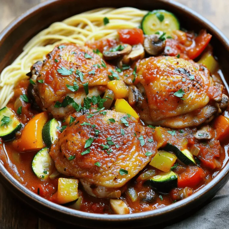 To make Classic Chicken Cacciatore, gather these key ingredients: - 4 chicken thighs, bone-in and skin-on - 2 tablespoons extra virgin olive oil - 1 large onion, finely diced - 2 cloves garlic, minced - 1 bell pepper (red or yellow), sliced into strips - 1 medium zucchini, sliced into half-moons - 1 cup fresh mushrooms, sliced - 1 can (14 oz) crushed tomatoes (preferably San Marzano) - 1 cup low-sodium chicken broth - 1 teaspoon dried oregano - 1 teaspoon dried basil - Salt and freshly cracked black pepper to taste - Fresh parsley, finely chopped (for garnish) - Al dente spaghetti or crusty bread (for serving) These ingredients bring out rich flavors in the dish. The chicken thighs keep the meat juicy and tender. The veggies add color and texture. You can enhance the dish with these optional ingredients: - 1/2 cup red wine for depth - 1 tablespoon capers for extra tang - A pinch of red pepper flakes for heat Adding these will give your meal a unique twist. The wine adds a rich taste, while capers provide a nice saltiness. If you need alternatives, here are some ideas: - Use chicken breasts instead of thighs for a leaner option. - Swap zucchini for bell peppers or eggplant for more variety. - Use vegetable broth instead of chicken broth for a vegetarian choice. These substitutions can fit your diet or preferences. Don't be afraid to mix and match ingredients to make this dish your own. For the full recipe, check out the details above. Start by gathering all your ingredients. This will make your cooking easier. You need chicken thighs, olive oil, onion, garlic, bell pepper, zucchini, mushrooms, crushed tomatoes, chicken broth, oregano, basil, salt, and pepper. Chop the onion, garlic, bell pepper, zucchini, and mushrooms. Set them aside. Next, heat the olive oil in a large skillet or a Dutch oven. Make sure the oil is hot before adding the chicken. This helps to sear the skin and adds flavor. Place the chicken thighs in the skillet skin-side down. Sear for 5 to 7 minutes until the skin turns golden brown. Flip the chicken and cook for another 5 minutes. Once done, take them out and set them aside. In the same skillet, add the diced onion. Sauté it for about 3 minutes until it becomes soft and clear. Then, add the minced garlic and cook for another minute. The garlic should smell great. Now, toss in the bell pepper, zucchini, and mushrooms. Sauté these for 5 minutes until they soften. Next, pour in the crushed tomatoes and chicken broth. Stir in the oregano, basil, salt, and pepper. Let this mixture simmer gently. Return the seared chicken thighs to the skillet. Nestle them into the sauce. Cover the skillet and reduce the heat. Let it simmer for 30 to 35 minutes. This step will make the chicken tender and juicy. To get the best flavor, taste the sauce after it simmers. If you want a thicker sauce, uncover the skillet and let it simmer for an extra 10 minutes. It helps the sauce reduce. When serving, place the chicken cacciatore over al dente spaghetti. You can also serve it with crusty bread for dipping. For a bright touch, garnish with chopped parsley. This adds color and freshness to the dish. Remember, the key is to enjoy every bite! For more details, check the Full Recipe. When making chicken cacciatore, you want to avoid a few common missteps. First, do not skip browning the chicken. This step adds rich flavor. If you rush it, the chicken may taste bland. Next, watch your heat. Cooking too fast can dry out the chicken. A gentle simmer helps keep it juicy. Lastly, don’t forget to taste the sauce. Adjust the seasoning to make it shine. To boost the taste of your chicken cacciatore, use high-quality ingredients. Fresh herbs like basil and parsley make a big difference. Opt for San Marzano tomatoes for their natural sweetness. Add a splash of red wine to your sauce for depth. If you like a little heat, toss in red pepper flakes. Letting the dish sit for a while before serving allows the flavors to meld beautifully. For serving, use al dente spaghetti or crusty bread to soak up the sauce. Both options are crowd-pleasers. You can also pair this dish with a fresh salad for balance. A simple arugula salad with lemon dressing works well. For drinks, a light red wine, like Pinot Noir, complements the flavors nicely. For the full recipe, check out the Rustic Chicken Cacciatore section. {{image_4}} If you want a meat-free version of this dish, try using hearty veggies. Replace chicken with a mix of mushrooms, eggplant, and bell peppers. These ingredients give great flavor and texture. You can also add chickpeas for protein. Cook the veggies just like the chicken. Sauté them until soft, then add the sauce. This way, you keep the classic taste while making it vegetarian. To spice things up, add red pepper flakes or fresh chili peppers. Use about 1 teaspoon of red pepper flakes for a mild heat. For more kick, chop 1-2 small fresh chilies and mix them in. You can also add a splash of hot sauce at the end. This gives a nice layer of heat without losing the dish's essence. Pair this with a cool side salad to balance the spice. Using a slow cooker or instant pot can save time. For a slow cooker, brown the chicken first, then add all other ingredients. Cook on low for 6-8 hours or high for 4 hours. For the instant pot, sauté the chicken and veggies, then add the sauce. Seal the lid and cook on high for 10 minutes. Always let the steam release naturally for best results. This method keeps the chicken tender and juicy while infusing all flavors. For full details on making this dish, check the Full Recipe. After enjoying your meal, let the chicken cacciatore cool. Place it in an airtight container. Make sure the lid seals tight to keep out air. Store the container in the fridge. It will stay good for about three to four days. Label the container with the date. This helps you track how long it has been stored. For the best results, reheat your chicken cacciatore on the stove. Pour it into a saucepan over medium heat. Stir it often to heat evenly. This helps the chicken stay juicy. You can also use the microwave if you're in a hurry. Place it in a microwave-safe dish. Cover it with a paper towel to avoid splatters. Heat in short bursts of one minute. Stir in between until warm. If you want to save your cacciatore for later, freezing is a great option. Use a freezer-safe container or heavy-duty freezer bag. Make sure to remove as much air as possible. Label it with the date. It can last up to three months in the freezer. When ready to eat, thaw it in the fridge overnight. Reheat it on the stove for the best flavor. Enjoy your tasty meal again! Classic Chicken Cacciatore is an Italian dish. It means "hunter's chicken." This dish features juicy chicken cooked with fresh vegetables and a rich tomato sauce. The sauce includes onion, garlic, bell pepper, and herbs like basil and oregano. Together, these flavors create a warm, hearty meal. This dish is perfect for family dinners and gatherings. Yes, you can use chicken breasts instead of thighs. However, chicken thighs add more flavor and stay moist during cooking. If you choose breasts, be careful not to overcook them. They can dry out quickly. For the best results, adjust the cooking time to ensure they remain tender. Making Classic Chicken Cacciatore gluten-free is easy. The main ingredients are naturally gluten-free. Just ensure the chicken broth and any canned tomatoes you use are gluten-free. Serve the dish with gluten-free pasta or rice. You can also enjoy it with crusty gluten-free bread. This way, everyone can enjoy the delicious flavors. Classic Chicken Cacciatore is a flavorful dish packed with essential ingredients and optional add-ins. You learned preparation steps and cooking methods to achieve great texture and taste. Avoid common mistakes and use tips to elevate your meal. Try variations like vegetarian or spicy versions to mix things up. Store your leftovers properly, and reheating is easy with the right methods. Chicken Cacciatore offers many ways to enjoy a delicious meal at home. Start cooking now, and enjoy a dish loved by many!