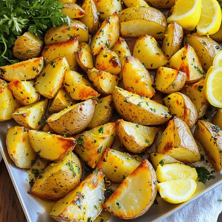 - 4 medium Yukon Gold potatoes, peeled and cut into wedges - 1/4 cup high-quality olive oil - 3 cloves garlic, finely minced - Juice and zest of 2 freshly squeezed lemons - 1 teaspoon dried oregano - 1 teaspoon dried thyme - Salt and freshly cracked black pepper, to taste - Fresh parsley, finely chopped for garnish - Baking dish - Mixing bowl - Whisk - Spatula - Knife and cutting board When I make Baked Greek Lemon Potatoes, I love how simple yet tasty they are. The key is using quality ingredients. Yukon Gold potatoes work best because they are creamy and hold flavor well. You need to peel and cut the potatoes into wedges. This creates bite-sized pieces that cook evenly. The olive oil adds richness while the garlic gives it a nice kick. Fresh lemons bring brightness, and the herbs add depth. Having the right tools makes the process smooth. A sturdy baking dish helps the potatoes roast well. A mixing bowl and whisk are perfect for blending the marinade. I always recommend chopping parsley fresh for garnish. It adds a pop of color to the dish. Plus, it gives a fresh taste that balances the rich potatoes. For the full recipe, check out the instructions to bring these flavors to life! - Preheat your oven to 400°F (200°C). - Lightly grease a large baking dish with olive oil. Now, let's get started! First, you want to preheat your oven. This step is key for getting a nice, crispy texture on your potatoes. While the oven heats, grab a large baking dish. Coat the bottom with olive oil. This will help the potatoes not stick and add flavor. - Combine olive oil, garlic, lemon juice, lemon zest, oregano, thyme, salt, and pepper in a mixing bowl. Next, we’ll prepare the marinade. In a mixing bowl, mix olive oil, minced garlic, lemon juice, and lemon zest. Add dried oregano and thyme for that classic Greek flavor. Don’t forget salt and pepper! Whisk everything together. The smell will make your mouth water. - Toss potato wedges in the marinade. - Arrange wedges in a baking dish and bake for 45-50 minutes, turning halfway. Now, toss the potato wedges into the marinade. Use your hands or a spatula to coat each wedge well. Place the coated wedges in the baking dish in a single layer. Then, pop the dish in your preheated oven. Bake for 45-50 minutes. Halfway through, turn the potatoes. This helps them brown evenly. When they are done, they will be soft inside and crispy outside. For the full recipe, check other sections in this article! To make your Baked Greek Lemon Potatoes crispy, keep a few things in mind. First, space the potato wedges evenly in the baking dish. This allows hot air to circulate around them. Second, turn the potatoes halfway through cooking. This helps them brown evenly and gives them a nice crunch. Want to take the flavor up a notch? Try adding other herbs like rosemary or dill. They pair wonderfully with the lemon and garlic. You can also use Meyer lemons. They are sweeter and add a lovely touch to the dish. Before serving, garnish your potatoes with fresh parsley. This adds color and freshness. You can also serve these potatoes alongside grilled meats. They shine as part of a Mediterranean spread, making any meal feel special. For the full recipe, check out the detailed instructions above! {{image_4}} You can change the herbs to suit your taste. Try rosemary or dill for different flavor notes. Both herbs add a nice twist. You can also add fresh herbs after baking. This gives a bright, fresh look and taste to your dish. If you want a vegan version, substitute olive oil with avocado oil. This keeps the dish rich while being plant-based. You can also skip garlic for a lighter flavor. If you still want garlic, use garlic powder instead. This will give you a more subtle taste. For more texture, consider adding sliced onions or cherry tomatoes. Both will bring more color and flavor. You can also incorporate feta cheese for a richer taste. It adds creaminess and a salty kick. These add-ins elevate the dish and make it more exciting. Check out the Full Recipe for more ideas! To keep your Baked Greek Lemon Potatoes fresh, cool them completely before storing. Once cooled, transfer the potatoes to an airtight container. This helps maintain their flavor and prevents them from drying out. If stored correctly, they can last about 3-4 days in the fridge. When you're ready to enjoy your leftover potatoes, reheat them in the oven at 350°F (175°C) for about 10-15 minutes. This method keeps them crispy. If you're short on time, you can also use the microwave for quick warming. Just place a damp paper towel over the potatoes to keep them moist. For future meals, you can freeze marinaded but uncooked potatoes. Make sure to follow specific freezing guidelines to keep the flavor and texture intact. Spread the wedges in a single layer on a baking sheet to freeze. Once frozen, transfer them to a freezer-safe bag. This way, you can enjoy a taste of Greece any day you wish! For the full recipe, check out the complete instructions. Baked Greek Lemon Potatoes can last about 3-4 days in an airtight container. It's best to let them cool completely before storing. This helps keep their texture and flavor. Yes, you can prepare and marinate them a day in advance. Just mix the potatoes with the marinade and let them sit in the fridge. When you are ready, bake them for a tasty side dish. I recommend Yukon Gold potatoes for their creamy texture. They hold up well during baking. Russets are also a good choice if you want a fluffier inside. Both types will give you great flavor. For the full recipe, check out the detailed instructions to make these delicious potatoes! This article shared a simple recipe for Baked Greek Lemon Potatoes. We covered ingredients, preparation, and helpful tips. You learned how to get that perfect crispiness and flavor. Remember, you can make these potatoes your own with herbs and add-ins. Store leftovers properly and enjoy them later. These potatoes pair well with many dishes. Now, you’re ready to impress your family and friends with this tasty side!