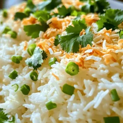 - 1 cup jasmine rice - 1 cup coconut milk - 1 cup water - 1 tablespoon sugar - 1/2 teaspoon salt - 1/4 cup shredded coconut (toasted) - Fresh cilantro leaves - Chopped green onions To make simple coconut rice, you need just a few basic ingredients. Start with jasmine rice, which gives a fluffy texture and a nice scent. Coconut milk adds creaminess and a sweet flavor. Water helps cook the rice perfectly. You can enhance the taste with sugar and salt. Sugar brings out the coconut's natural sweetness, while salt balances the flavors. Toasted shredded coconut adds a nice crunch and extra coconut flavor. For garnishing, I love using fresh cilantro leaves or chopped green onions. They not only add color but also brighten the dish. These simple ingredients come together to create a delightful side dish. For the full recipe, check out Tropical Coconut Rice Delight. - Rinse jasmine rice: Start by rinsing your jasmine rice. Use cold water and rinse until the water runs clear. This step removes extra starch and stops the rice from being sticky. - Combine ingredients: In a medium pot, mix the rinsed jasmine rice with coconut milk, water, sugar, and salt. Stir gently to blend everything well. - Bring to boil: Set the pot over medium-high heat. Watch closely as the mixture heats up to a gentle boil. - Simmer and steam: Once boiling, reduce the heat to low. Cover the pot tightly with a lid to trap steam. Let it simmer for about 15 to 18 minutes. The liquid should absorb fully, and the rice should be tender. - Fluff the rice: After cooking, remove the pot from heat. Keep it covered for 5 more minutes. This allows the rice to steam and fluff up nicely. Use a fork to gently fluff the rice. - Add toasted coconut: Fold in the toasted shredded coconut. This adds a nice crunch and tropical flavor. Serve your coconut rice warm. It’s perfect as a side dish or a base for many meals. If you want to impress, try the [Full Recipe] for tropical coconut rice delight. Rinsing rice is key. Rinse your jasmine rice until the water runs clear. This step removes extra starch. It helps keep the rice fluffy. After rinsing, drain the rice well. Managing cooking temperature is also vital. Start by boiling the rice mixture on medium-high heat. Once it boils, lower the heat right away. Cover the pot tightly to trap steam. This method cooks the rice evenly. Using fresh coconut adds a rich taste. Grate fresh coconut and mix it in while cooking. This step boosts the coconut flavor. You can also add more spices. A pinch of cinnamon or cardamom can make a difference. Try adding a splash of lime juice for brightness. It pairs well with coconut. You’ll find that a little goes a long way. Serve coconut rice in fun ways. Hollow out a pineapple and fill it with rice. This makes a great centerpiece. You can also use coconut shells for a tropical look. For garnishing, add toasted coconut on top. Sprinkle fresh cilantro or green onions for color. These small touches make your dish pop. They also show off your culinary skills. For the full recipe, check out Tropical Coconut Rice Delight. {{image_4}} Adding fruit to coconut rice makes it fun and tasty. You can add pineapple for a sweet touch. Cut fresh pineapple into small pieces and mix them in after cooking. The juicy pineapple adds a tropical flair. You can also incorporate mango. Just like pineapple, cut fresh mango into small chunks. Mix them in gently after you fluff the rice. The mango adds a nice sweetness that balances well with the coconut. Both fruits create a colorful and vibrant dish. You can make coconut rice savory too! Instead of using water, try broth. Chicken or vegetable broth adds rich flavor. Just replace the water with broth in the recipe. This change gives the rice depth and pairs well with many savory meals. Another option is to add spices like turmeric. This spice gives a warm color and a slight earthiness. Stir in a teaspoon of turmeric when you mix the ingredients. It’s an easy way to transform your coconut rice into a more complex side dish. If you want vegan options, you are in luck! The main ingredients are already vegan-friendly. Just check that your sugar is vegan. Some sugars are processed with bone char. For gluten-free folks, coconut rice is a safe choice. All the ingredients are naturally gluten-free. Just ensure your broth is also gluten-free if you choose that option. This way, everyone can enjoy this delightful dish. For the full recipe, check here: [Full Recipe]. After you make coconut rice, let it cool down first. Store leftovers in an airtight container. This keeps the rice fresh and tasty. The rice will stay good for about 3 to 5 days in the fridge. To avoid drying out, always seal the container well. You can freeze coconut rice too! Place it in a freezer-safe bag or container. Make sure to remove as much air as possible. This helps keep the texture nice. Coconut rice can last up to 2 months in the freezer. When you want to use it, let it thaw in the fridge overnight. When reheating, you can choose between a microwave or stovetop. For the microwave, heat it in short bursts. Add a splash of water or coconut milk to keep it moist. If you use the stovetop, warm it gently over low heat. Stir it often, and add liquid as needed. This way, your coconut rice stays soft and fluffy. Enjoy your meal! Coconut rice lasts about 3 to 5 days in the fridge. Store it in an airtight container. This keeps it fresh and helps prevent odors from other foods. When you’re ready to eat, just reheat it until hot. Yes, you can make coconut rice with brown rice. Use 1 cup of brown rice and 1 cup of coconut milk with 1 and 1/4 cups of water. Cook it for a bit longer, about 30 to 40 minutes. Brown rice takes longer to soften, so be patient for that perfect texture. Coconut rice pairs well with many dishes. Try it with grilled chicken or fish. It also goes great with shrimp, curries, or stir-fried veggies. You can even serve it with a fresh salad for a light meal. Coconut rice can be a healthy option. It has healthy fats from coconut milk, which can be good for your heart. Jasmine rice provides quick energy but watch your portion size. It's best enjoyed as part of a balanced meal with plenty of veggies and protein. Coconut rice is simple yet delicious. You learned about the main ingredients, cooking steps, and tips for the best results. Don't forget to try different flavors and variations to make it your own. Storing and reheating correctly keeps it fresh. With these easy steps, you can serve a great side or main dish. Enjoy experimenting with coconut rice in your meals. Your kitchen will smell amazing, and the taste will impress everyone.