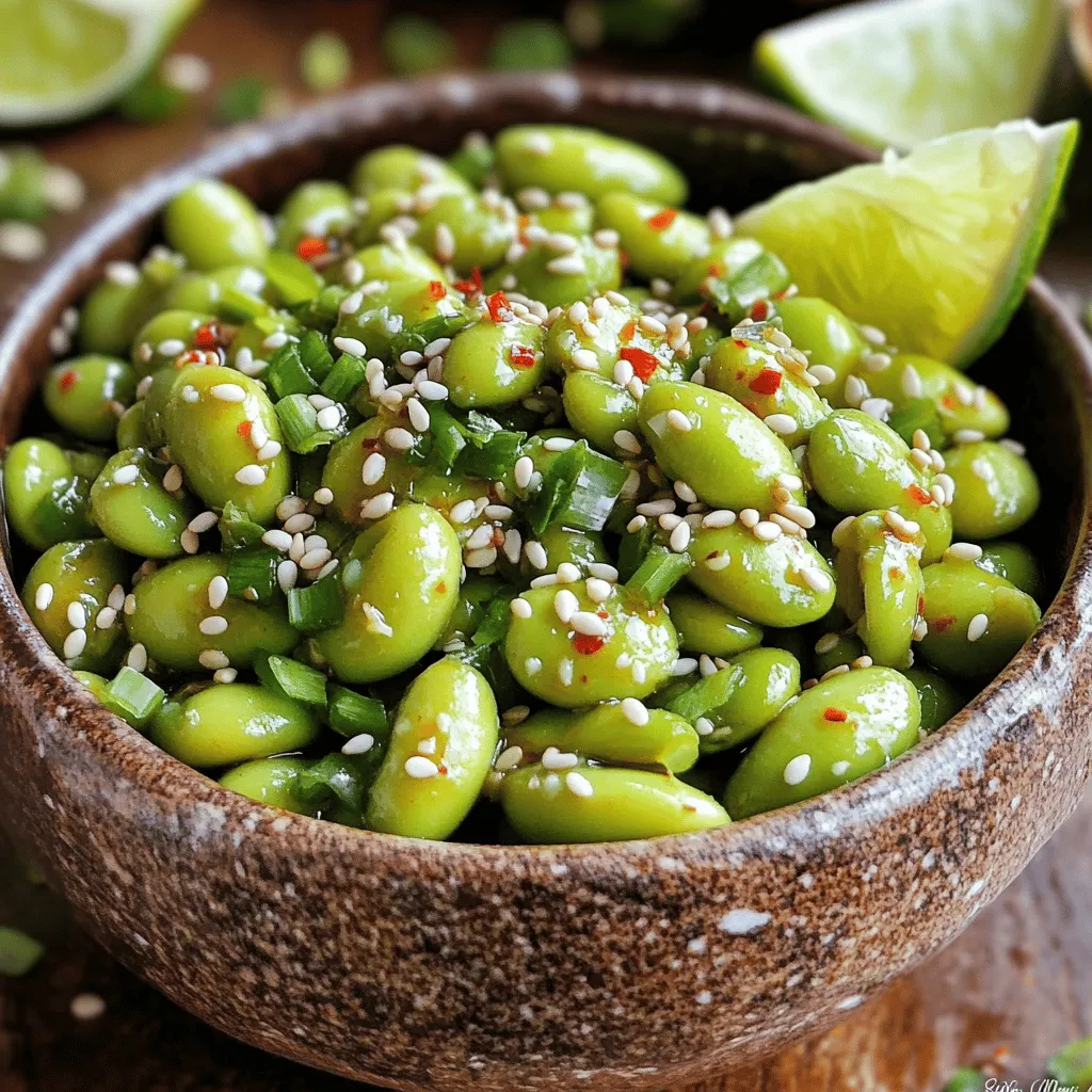 - 2 cups shelled edamame (fresh or frozen) - 4 cloves garlic, finely minced - 1 tablespoon low-sodium soy sauce - 3 tablespoons high-quality olive oil - 1-2 teaspoons red pepper flakes - 1 teaspoon freshly grated ginger - Toasted sesame seeds - Chopped green onions - Salt, to taste When I make Spicy Garlic Edamame, I focus on fresh and simple ingredients. Edamame is the star, and I love using shelled ones for ease. You can use fresh or frozen; both work well. I always choose high-quality garlic for more flavor. Mince it finely to release its natural oils. For a kick, I add red pepper flakes. You can adjust this to your spice level. If you like it mild, use less. Fresh ginger adds warmth and depth, so don’t skip it! The soy sauce gives a savory touch, while olive oil helps everything sauté nicely. I prefer low-sodium soy sauce to keep the flavors balanced. For garnishing, I always sprinkle toasted sesame seeds and chopped green onions on top. They bring a nice crunch and color to the dish. Lastly, taste for salt. This dish is all about the layers of flavor. If you're ready to create this tasty snack, check out the Full Recipe for detailed steps! - Boiling Method for Frozen Edamame: Fill a pot with water and bring it to a boil. Add the frozen edamame and cook for about five minutes. Once tender, drain the edamame and set it aside. - Using Fresh Edamame: If you have fresh edamame, you can skip boiling. Just rinse and use it as is. Fresh edamame is ready to cook! - Heating the Olive Oil: In a large skillet, pour in the olive oil and heat it over medium heat. Wait until the oil shimmers slightly. - Sautéing Garlic and Ginger: Add minced garlic and grated ginger to the hot oil. Stir them for one to two minutes. You want them to smell great but not brown. Be careful, as burnt garlic tastes bitter. - Adding Red Pepper Flakes: Sprinkle in the red pepper flakes and keep stirring for about 30 seconds. This step releases their spicy flavor into the oil. - Mixing in Soy Sauce and Sesame Oil: Pour in the soy sauce and sesame oil. Mix everything well. This helps the edamame soak in all the delicious flavors. - Adjusting Seasoning: Taste your dish and add salt if needed. This step is key to bringing out all the flavors. - Garnishing the Edamame: Transfer the hot edamame to a bowl. Top it with toasted sesame seeds and chopped green onions. This adds a nice crunch and color to your dish! For the full experience, check out the Full Recipe for Spicy Garlic Edamame Delight 🧄. Enjoy every bite! Choosing the Best Edamame When picking edamame, freshness is key. Look for bright green pods with no brown spots. You can choose fresh or frozen edamame. Fresh edamame has a great snap and flavor. Frozen edamame is quick and easy. It is often picked at peak ripeness and frozen right away. Both options taste great in this recipe. Olive Oil vs. Other Oils High-quality olive oil brings rich flavor. Its fruity notes enhance the dish. You can use other oils like avocado or sesame oil if you prefer. Each oil brings its own taste. Just remember, use oils that can handle heat well. Adjusting Spice to Taste The red pepper flakes add heat, but you can adjust this. If you like it mild, use less. For more heat, add more flakes. Taste as you go to find your perfect level. Alternative Spicy Ingredients You can try different spicy elements too. Sriracha or chili oil works well. These add great flavor and a kick. Just remember to start with a small amount. You can always add more if needed. Serving Styles For a fun touch, serve your edamame in a rustic bowl. You can even add lime wedges on the side. They give a zesty kick and make the dish pop. Plating Techniques When plating, sprinkle toasted sesame seeds on top. They add crunch and look nice. Use a generous amount of chopped green onions as well. This adds color and freshness. A beautiful dish makes it more enjoyable to eat. For the complete experience, don't forget to check out the Full Recipe for detailed steps! {{image_4}} You can mix up the flavors of your spicy garlic edamame in fun ways. Here are two tasty options: - Lemon Garlic Edamame: For a zesty twist, add lemon juice and zest. This brightens the dish nicely. Simply mix the juice in after cooking. The fresh lemon flavor pairs well with garlic. - Miso-Glazed Edamame: Miso adds a rich, umami taste. Use white or yellow miso for a milder flavor. Stir in a tablespoon during cooking. This gives a creamy texture and deep flavor. Making your edamame fit different diets is easy! Here are some ideas: - Vegan and Gluten-Free Options: The base recipe is already vegan. Use gluten-free soy sauce to keep it safe for gluten-free eaters. - Low-Sodium Variations: To reduce salt, use low-sodium soy sauce. You can also skip added salt. The garlic and spices will still give it great flavor. Pairing your spicy garlic edamame can enhance your meal. Here are some perfect matches: - Best Accompaniments: Serve it with rice, sushi, or salads. It also goes well with grilled meats. - Wine and Beverage Pairings: Enjoy it with a light white wine like Sauvignon Blanc. It also pairs nicely with green tea or a citrusy soda. For the full recipe of spicy garlic edamame, check out the [Full Recipe]. - Refrigeration Tips: Let the edamame cool down before storing. Place it in an airtight container. You can keep it in the fridge for up to three days. This way, it stays fresh and tasty. - Freezing Instructions: If you have more leftovers, you can freeze them. Spread the edamame on a baking sheet. Freeze it for about an hour. Then, transfer the edamame to a freezer bag. It lasts up to three months in the freezer. - Best Methods for Retaining Flavor: To reheat, use a skillet over medium heat. Add a little olive oil and toss the edamame. This helps keep the flavors strong. - Avoiding Texture Loss: Avoid using the microwave. It can make the edamame mushy. Instead, heat slowly to keep that nice crunch. Enjoy your snack just like the first time! Boil frozen edamame for about 5 minutes. If you use fresh edamame, you can skip this step. Fresh edamame cooks quickly, so check for tenderness after a couple of minutes. Remember, you want it soft but not mushy. You should not eat the pods. They are tough and not tasty. Only eat the beans inside. The beans are packed with flavor and nutrients. You will enjoy them in your spicy garlic edamame dish. Spicy garlic edamame pairs well with many dishes. Try serving it with: - Sushi rolls - Rice bowls - Grilled meats - A fresh salad - Noodles These options complement the flavors and make a full meal. For more ideas, check out the Full Recipe for serving suggestions. In this post, we explored the delightful world of Spicy Garlic Edamame. We covered the key ingredients, cooking steps, helpful tips, and various ways to enjoy this dish. Remember to pick fresh and high-quality edamame for the best taste. Adjust the spice level to suit your liking. This dish is easy to make and versatile. You can enjoy it as a snack or as part of a meal. Try different flavors to keep it exciting. Enjoy cooking and savoring every tasty bite!