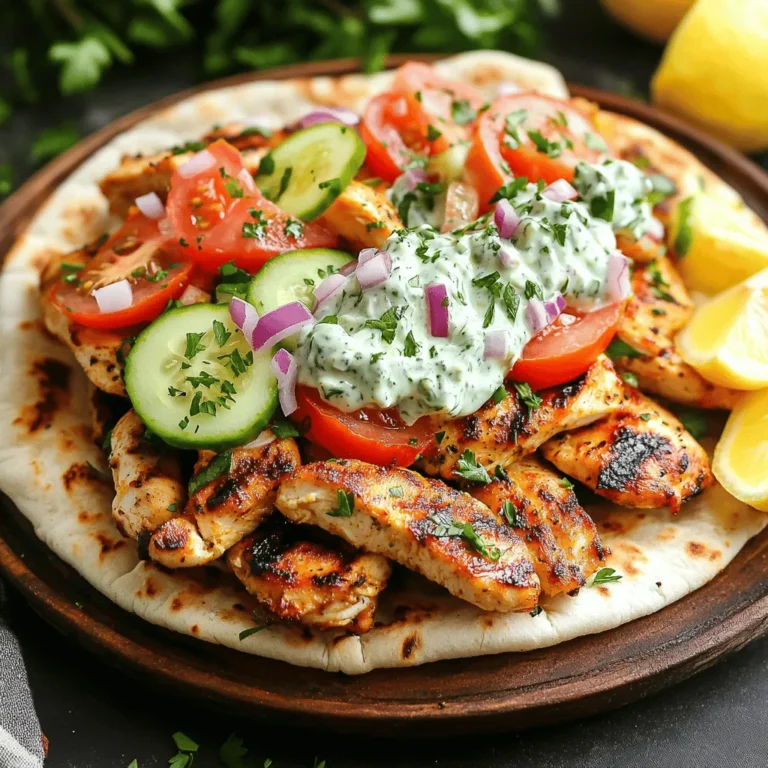 To make your chicken gyros, gather these main ingredients: - 500g chicken breast, sliced into thin strips - 2 tablespoons extra virgin olive oil - 2 teaspoons dried oregano - 1 teaspoon garlic powder - 1 teaspoon smoked paprika - Salt and freshly ground pepper to taste - 4 soft pita breads These ingredients create a flavorful, juicy chicken that shines in your gyros. The olive oil helps the spices stick to the chicken, while the oregano brings an aromatic touch. Garlic powder adds depth, and smoked paprika gives a nice, warm flavor. For the tzatziki sauce, you will need: - 1 cup creamy Greek yogurt - 1 tablespoon fresh lemon juice - 1 medium cucumber, finely diced - Salt and pepper to taste Tzatziki sauce is cool and refreshing. The Greek yogurt forms the base, while cucumber adds crunch. Lemon juice brightens the flavor, making it a perfect pairing with the gyros. You can add these garnishes and sides: - 1 ripe tomato, diced - 1 small red onion, thinly sliced - Fresh parsley, finely chopped (for garnish) These toppings add color and flavor to your gyros. Diced tomatoes offer sweetness, while red onions provide sharpness. Chopped parsley adds a fresh touch to the final dish. Consider serving with a small side salad for a complete meal. For the full recipe, check out the details above. To start, marinate the chicken. In a bowl, mix the sliced chicken with: - 2 tablespoons extra virgin olive oil - 2 teaspoons dried oregano - 1 teaspoon garlic powder - 1 teaspoon smoked paprika - Salt and freshly ground pepper to taste Toss the chicken until well coated. Cover the bowl with plastic wrap. Let it marinate for at least 30 minutes. If you have time, refrigerate for up to 2 hours. This makes the chicken juicy and full of flavor. Next, cook the chicken. Heat a large skillet over medium-high heat. Once hot, add the marinated chicken strips in a single layer. Cook for about 5-7 minutes. Stir occasionally so it cooks evenly. The chicken should be fully cooked and slightly charred. While the chicken cooks, prepare the tzatziki sauce. In a separate bowl, mix together: - 1 cup creamy Greek yogurt - 1 tablespoon fresh lemon juice - 1 medium cucumber, finely diced - Salt and pepper to taste Stir until everything is well blended. This sauce adds a cool, fresh taste to your gyros. Now, warm the pita breads. Use a dry skillet over medium heat. Warm each pita for about 1-2 minutes on each side. They should feel soft and slightly toasted. This step makes them easy to fold. It’s time to assemble your gyros! Take each warm pita bread and place a good amount of the cooked chicken in the center. Top it with: - Diced ripe tomatoes - Thinly sliced red onions - A generous spoonful of tzatziki sauce This combination creates a delicious burst of flavors in every bite. For a beautiful presentation, arrange the assembled gyros on a bright platter. Add a small bowl of extra tzatziki sauce on the side. Garnish with lemon wedges for a zesty touch. You can also include a small side salad for a complete meal. Enjoy your tasty chicken gyros! To make your chicken gyros really pop, use fresh herbs. Fresh oregano or parsley adds a nice touch. You can also squeeze extra lemon juice on top for brightness. Grill the chicken instead of frying for a smoky taste. Don’t skip the marinating step; it makes a huge difference in flavor. If you want a twist, try using turkey or even tofu instead of chicken. Both options absorb flavors well. For a spicier kick, you can add a pinch of cayenne pepper to the marinade. You can also make gyros with beef or lamb for a heartier meal. Need a fast meal? Serve your gyros with a side of chips or a salad. You can also fill the pita with extra veggies for crunch. If you have leftover chicken, toss it in a wrap with lettuce and the tzatziki sauce. This recipe is easy but still feels special. Check out the Full Recipe for a complete guide! {{image_4}} You can easily switch to a vegetarian or vegan gyros. Use grilled vegetables like zucchini, bell peppers, and mushrooms. For a protein boost, add chickpeas or lentils. These options give you the same great flavor but without meat. You can still use tzatziki sauce, but swap yogurt for a dairy-free version made from cashews or coconut. This way, everyone can enjoy gyros. If you want to try different meats, pork and lamb work great. For pork, use thinly sliced pork loin or shoulder. Marinate it just like chicken. Lamb adds a rich flavor. Use boneless lamb shoulder or leg, cut into strips. Cook them the same way as chicken. Both proteins bring unique tastes to your gyros. Don't limit yourself to just tzatziki. Try hummus or a spicy feta dip as your sauce. These give your gyros a new twist. You can also add toppings like olives, roasted red peppers, or arugula. Each choice will change the taste and make it exciting. Mix and match to find your favorite combination. For the full recipe, check out the linked section. To store leftover chicken gyros, first, let them cool. Place the gyros in an airtight container. You can keep them in the fridge for up to three days. If you want to store them longer, freeze the chicken and tzatziki sauce separately. They can last for about three months in the freezer. To reheat chicken gyros, remove them from the fridge. You can use an oven for best results. Preheat the oven to 350°F (175°C). Wrap the gyros in foil and warm them for about 10-15 minutes. If you’re in a hurry, you can use a microwave. Heat them on medium for 1-2 minutes. Just be careful not to dry them out. Store tzatziki sauce in a separate container. Keep it covered in the fridge. It stays fresh for about four to five days. If you notice extra water, just drain it before using. For a longer shelf life, consider freezing the sauce in ice cube trays. You can pop out a cube when you need a quick sauce! If you want a tasty swap for tzatziki sauce, try a yogurt sauce. Mix Greek yogurt with garlic, lemon juice, and fresh herbs, like dill or mint. You can also use hummus for a creamy texture. Another option is a simple avocado spread for a fresh twist. Yes, you can make Chicken Gyros ahead of time. Cook the chicken and prepare the tzatziki sauce. Store them in separate containers in the fridge. You can also chop your veggies in advance. Just warm the chicken and pita before serving. This makes a quick meal on busy days. You can add many tasty toppings to your gyros. Consider adding sliced bell peppers for crunch. Feta cheese adds a rich flavor. You can also use olives for a briny kick. Roasted red peppers and arugula are great choices too. Mix and match to find your favorites! To check if the chicken is fully cooked, cut into a piece. The inside should be white, not pink. The juices should run clear. You can also use a meat thermometer. The chicken should reach an internal temperature of 165°F (75°C). This keeps your meal safe and tasty. You now have the tools to make easy chicken gyros at home. We covered the key ingredients, including chicken and tzatziki sauce. I shared step-by-step instructions to marinate, cook, and assemble your gyros for a tasty meal. You also learned tips for flavor and serving variations, plus how to store leftovers. Enjoy making these gyros your own. With practice, you'll impress everyone with your skills. Cooking can be fun and rewarding!