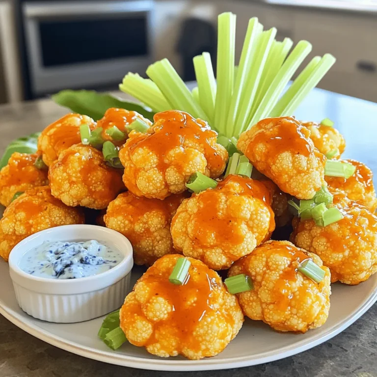 - 1 medium head of cauliflower, cut into bite-sized florets - 1 cup all-purpose flour (or gluten-free flour) - 1 cup water - 1 teaspoon garlic powder - 1 teaspoon onion powder - 1 teaspoon smoked paprika - Salt and pepper to taste - 1 cup buffalo sauce - 2 tablespoons melted vegan butter (optional) - Celery sticks - Blue cheese dressing - Calories: 180 - Protein: 5g - Carbohydrates: 25g - Dietary Fiber: 3g - Sugars: 2g - Fat: 7g Buffalo cauliflower bites make a great snack. They are tasty and healthy. You can enjoy them at any time. The ingredients are simple and easy to find. The optional ingredients can add flavor and crunch. You can serve them with celery sticks for a fresh bite. The blue cheese dressing gives a creamy touch that many love. When you make these bites, you get a great mix of flavor and texture. The baking method keeps them crispy without added oil. Each bite is packed with flavor from the spices. The buffalo sauce gives them a spicy kick that makes them hard to resist. For the full recipe, check out the detailed steps in the next section. Enjoy your cooking! First, preheat your oven to 450°F (230°C). This high heat helps to make the bites crispy. Next, line a baking sheet with parchment paper. This prevents sticking and makes cleanup easy. In a large bowl, whisk together: - 1 cup all-purpose flour - 1 cup water - 1 teaspoon garlic powder - 1 teaspoon onion powder - 1 teaspoon smoked paprika - Salt and pepper to taste Mix until smooth. You want the batter to coat the cauliflower well. If it’s too thick, add a bit more water. If too thin, add some flour. Take your cauliflower florets and dip each one into the batter. Make sure each piece is well-coated. After dipping, shake off any extra batter. Place them in a single layer on your baking sheet. Put the baking sheet in the oven and bake for 20-25 minutes. You want them golden brown and crispy. Halfway through, gently flip the bites for even cooking. In a separate bowl, mix 1 cup buffalo sauce with 2 tablespoons melted vegan butter, if you like. This adds richness and tones down the heat of the sauce. When the cauliflower bites are golden, take them out of the oven. Carefully toss them in the buffalo sauce until every piece is coated. Return the bites to the oven for another 10-15 minutes. This makes the sauce stick and enhances crispiness. Once done, let the bites cool for a few minutes. For the best experience, serve with celery sticks and blue cheese dressing. This adds a nice crunch and flavor. You can find the full recipe above for more details! To make sure your Buffalo Cauliflower Bites are crispy, follow these steps: - Use a hot oven. Preheat it to 450°F (230°C) for best results. - Don’t overcrowd the baking sheet. Place florets in a single layer. - Flip halfway through. This helps them brown evenly on all sides. - Bake longer if needed. Keep an eye on them until they look golden and crunchy. If you have dietary needs, don’t worry! Here are some easy swaps: - Gluten-free flour. Substitute the all-purpose flour with gluten-free flour. - Vegan butter. Skip the butter for a completely plant-based snack. - Spicy buffalo sauce. Choose a milder sauce if you prefer less heat. Want to save time? You can prep these bites in advance: - Cut the cauliflower. Do this a day ahead and store it in the fridge. - Make the batter. Prepare it and store it in the fridge for a day. - Bake ahead. You can bake the bites and reheat them later. For the complete recipe, check out the [Full Recipe]. {{image_4}} You can easily adjust the heat of your Buffalo Cauliflower Bites. For a spicy kick, use extra hot buffalo sauce. If you prefer a milder flavor, choose a mild buffalo sauce. You can also mix sauces. Blend hot and mild sauces to find your perfect balance. Add more or less sauce to control the heat. This way, you can please everyone at your table. If you want a quicker and healthier option, try the air fryer. This method makes the bites crispy without deep frying. Set your air fryer to 400°F (200°C). Cook the coated cauliflower for about 15 minutes, shaking the basket halfway through. Check for crispiness. This method cuts down on oil and keeps the bites light and tasty. You can make these bites even more fun by adding flavors. Try mixing in different spices like cayenne, cumin, or even lemon zest. For a cheesy touch, sprinkle nutritional yeast into the batter. If you love herbs, toss in some dried oregano or thyme. These simple changes can elevate your bites and keep your taste buds excited. For the complete recipe, check out the Full Recipe section. You can store leftover Buffalo Cauliflower Bites in an airtight container. Keep them in the fridge for up to three days. Make sure they cool down first to prevent moisture buildup. If you have a lot of leftovers, you can separate them into smaller portions. This helps with easy reheating later. To reheat, preheat your oven to 400°F (200°C). Place the cauliflower bites on a baking sheet. Heat them for about 10-15 minutes until they are crispy again. You can also use an air fryer for a quick reheat. Just heat them for about 5 minutes for the best crunch. If you want to freeze them, do it before tossing in the buffalo sauce. Place the uncooked battered cauliflower bites on a baking sheet in a single layer. Freeze them until solid, then transfer to a freezer bag. They can last for up to three months. When ready to eat, bake them straight from the freezer, adding a few extra minutes to the cooking time. Enjoy your snack any time! For the full recipe, please check the complete instructions. Buffalo Cauliflower Bites can last for about 3-5 days in the fridge. Make sure to store them in an airtight container. If you want to keep them longer, consider freezing them. Just be aware that freezing may change their texture. Yes, you can use frozen cauliflower. Just thaw it and drain any excess water. This will help the batter stick better. Keep in mind that fresh cauliflower may give a crispier bite, but frozen works well too. You can serve these bites with several tasty options. Here are some ideas: - Celery sticks - Carrot sticks - Ranch dressing - Blue cheese dressing - Hummus These pairings add crunch and flavor, making your snack even better! Yes, Buffalo Cauliflower Bites are a healthy snack choice. They are lower in calories than traditional wings and packed with nutrients. Cauliflower is rich in vitamins C and K, plus it has fiber. When baked instead of fried, they become a guilt-free treat. Enjoy them as a fun, healthy snack! Buffalo Cauliflower Bites are fun to make and taste great. We discussed the ingredients, instructions, tips, and variations. I gave you storage info and answered your common questions. Now you can enjoy a tasty snack that’s easy to prepare. Feel free to customize it to your taste. Whether you like it spicy or mild, there’s a version for you. Remember, these bites can fit into many diets. Enjoy your cooking and impress your friends!
