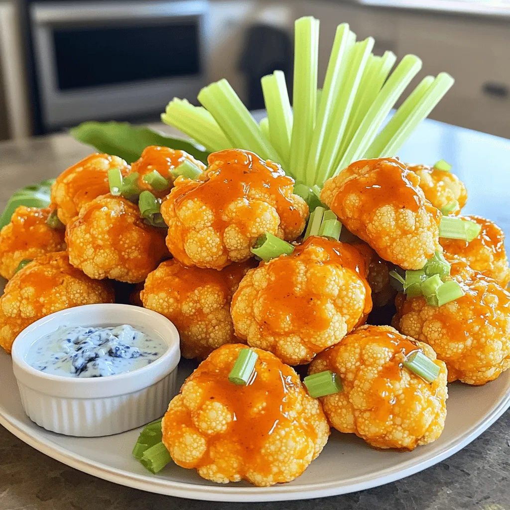 - 1 medium head of cauliflower, cut into bite-sized florets - 1 cup all-purpose flour (or gluten-free flour) - 1 cup water - 1 teaspoon garlic powder - 1 teaspoon onion powder - 1 teaspoon smoked paprika - Salt and pepper to taste - 1 cup buffalo sauce - 2 tablespoons melted vegan butter (optional) - Celery sticks - Blue cheese dressing - Calories: 180 - Protein: 5g - Carbohydrates: 25g - Dietary Fiber: 3g - Sugars: 2g - Fat: 7g Buffalo cauliflower bites make a great snack. They are tasty and healthy. You can enjoy them at any time. The ingredients are simple and easy to find. The optional ingredients can add flavor and crunch. You can serve them with celery sticks for a fresh bite. The blue cheese dressing gives a creamy touch that many love. When you make these bites, you get a great mix of flavor and texture. The baking method keeps them crispy without added oil. Each bite is packed with flavor from the spices. The buffalo sauce gives them a spicy kick that makes them hard to resist. For the full recipe, check out the detailed steps in the next section. Enjoy your cooking! First, preheat your oven to 450°F (230°C). This high heat helps to make the bites crispy. Next, line a baking sheet with parchment paper. This prevents sticking and makes cleanup easy. In a large bowl, whisk together: - 1 cup all-purpose flour - 1 cup water - 1 teaspoon garlic powder - 1 teaspoon onion powder - 1 teaspoon smoked paprika - Salt and pepper to taste Mix until smooth. You want the batter to coat the cauliflower well. If it’s too thick, add a bit more water. If too thin, add some flour. Take your cauliflower florets and dip each one into the batter. Make sure each piece is well-coated. After dipping, shake off any extra batter. Place them in a single layer on your baking sheet. Put the baking sheet in the oven and bake for 20-25 minutes. You want them golden brown and crispy. Halfway through, gently flip the bites for even cooking. In a separate bowl, mix 1 cup buffalo sauce with 2 tablespoons melted vegan butter, if you like. This adds richness and tones down the heat of the sauce. When the cauliflower bites are golden, take them out of the oven. Carefully toss them in the buffalo sauce until every piece is coated. Return the bites to the oven for another 10-15 minutes. This makes the sauce stick and enhances crispiness. Once done, let the bites cool for a few minutes. For the best experience, serve with celery sticks and blue cheese dressing. This adds a nice crunch and flavor. You can find the full recipe above for more details! To make sure your Buffalo Cauliflower Bites are crispy, follow these steps: - Use a hot oven. Preheat it to 450°F (230°C) for best results. - Don’t overcrowd the baking sheet. Place florets in a single layer. - Flip halfway through. This helps them brown evenly on all sides. - Bake longer if needed. Keep an eye on them until they look golden and crunchy. If you have dietary needs, don’t worry! Here are some easy swaps: - Gluten-free flour. Substitute the all-purpose flour with gluten-free flour. - Vegan butter. Skip the butter for a completely plant-based snack. - Spicy buffalo sauce. Choose a milder sauce if you prefer less heat. Want to save time? You can prep these bites in advance: - Cut the cauliflower. Do this a day ahead and store it in the fridge. - Make the batter. Prepare it and store it in the fridge for a day. - Bake ahead. You can bake the bites and reheat them later. For the complete recipe, check out the [Full Recipe]. {{image_4}} You can easily adjust the heat of your Buffalo Cauliflower Bites. For a spicy kick, use extra hot buffalo sauce. If you prefer a milder flavor, choose a mild buffalo sauce. You can also mix sauces. Blend hot and mild sauces to find your perfect balance. Add more or less sauce to control the heat. This way, you can please everyone at your table. If you want a quicker and healthier option, try the air fryer. This method makes the bites crispy without deep frying. Set your air fryer to 400°F (200°C). Cook the coated cauliflower for about 15 minutes, shaking the basket halfway through. Check for crispiness. This method cuts down on oil and keeps the bites light and tasty. You can make these bites even more fun by adding flavors. Try mixing in different spices like cayenne, cumin, or even lemon zest. For a cheesy touch, sprinkle nutritional yeast into the batter. If you love herbs, toss in some dried oregano or thyme. These simple changes can elevate your bites and keep your taste buds excited. For the complete recipe, check out the Full Recipe section. You can store leftover Buffalo Cauliflower Bites in an airtight container. Keep them in the fridge for up to three days. Make sure they cool down first to prevent moisture buildup. If you have a lot of leftovers, you can separate them into smaller portions. This helps with easy reheating later. To reheat, preheat your oven to 400°F (200°C). Place the cauliflower bites on a baking sheet. Heat them for about 10-15 minutes until they are crispy again. You can also use an air fryer for a quick reheat. Just heat them for about 5 minutes for the best crunch. If you want to freeze them, do it before tossing in the buffalo sauce. Place the uncooked battered cauliflower bites on a baking sheet in a single layer. Freeze them until solid, then transfer to a freezer bag. They can last for up to three months. When ready to eat, bake them straight from the freezer, adding a few extra minutes to the cooking time. Enjoy your snack any time! For the full recipe, please check the complete instructions. Buffalo Cauliflower Bites can last for about 3-5 days in the fridge. Make sure to store them in an airtight container. If you want to keep them longer, consider freezing them. Just be aware that freezing may change their texture. Yes, you can use frozen cauliflower. Just thaw it and drain any excess water. This will help the batter stick better. Keep in mind that fresh cauliflower may give a crispier bite, but frozen works well too. You can serve these bites with several tasty options. Here are some ideas: - Celery sticks - Carrot sticks - Ranch dressing - Blue cheese dressing - Hummus These pairings add crunch and flavor, making your snack even better! Yes, Buffalo Cauliflower Bites are a healthy snack choice. They are lower in calories than traditional wings and packed with nutrients. Cauliflower is rich in vitamins C and K, plus it has fiber. When baked instead of fried, they become a guilt-free treat. Enjoy them as a fun, healthy snack! Buffalo Cauliflower Bites are fun to make and taste great. We discussed the ingredients, instructions, tips, and variations. I gave you storage info and answered your common questions. Now you can enjoy a tasty snack that’s easy to prepare. Feel free to customize it to your taste. Whether you like it spicy or mild, there’s a version for you. Remember, these bites can fit into many diets. Enjoy your cooking and impress your friends!