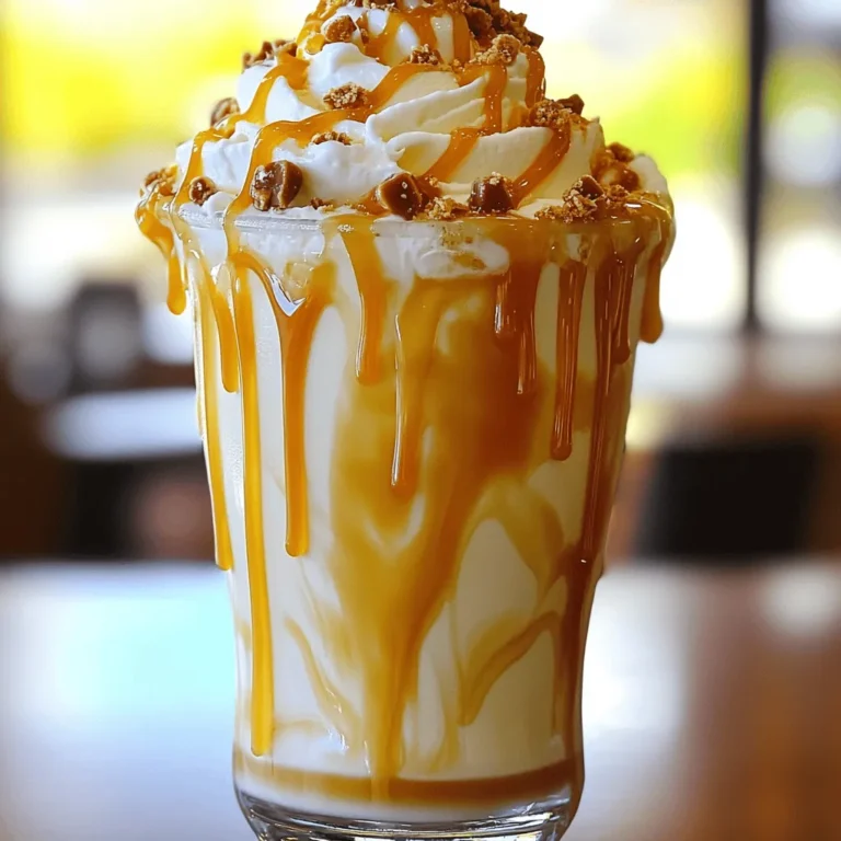 To make the Caramel Toffee Crunch Shake, you need some simple ingredients. Here’s what you’ll need: - 2 cups vanilla ice cream - 1 cup milk (whole or your preferred variety) - 1/4 cup caramel sauce (plus extra for drizzling) - 1/4 cup toffee bits - 1 tsp vanilla extract - Whipped cream, for topping - Pinch of sea salt (optional) Each ingredient plays a big role in making this shake creamy and sweet. The vanilla ice cream offers a rich base. The milk adds a nice smoothness. Caramel sauce gives it that sweet, gooey flavor we love. Toffee bits add a crunchy texture, making each sip a treat. The vanilla extract enhances the flavor, while whipped cream on top makes it look fancy. A pinch of sea salt can really boost all these flavors. It makes the sweetness pop! When you gather these ingredients, you set yourself up for a delightful shake experience. For the full recipe, check out the detailed steps ahead! To make a smooth shake, start with the right tools. Grab a good blender. Add the following ingredients: - 2 cups vanilla ice cream - 1 cup milk - 1/4 cup caramel sauce - 1/4 cup toffee bits - 1 tsp vanilla extract Blend on medium speed. Blend until everything is mixed well. You want a creamy texture, so keep blending until smooth. If you want a thicker shake, add more ice cream. For a thinner shake, pour in more milk. Adjust until it’s just right for you. To make your shake special, add a pinch of sea salt. This step brings out the flavors. Blend for a few seconds to mix the salt in. Now, let's talk about presentation. Drizzle caramel sauce inside your glasses before adding the shake. This adds a sweet touch and looks great. Pour the shake into the glasses. Fill them three-quarters full. This leaves room for whipped cream on top. Now for the fun part! Add a generous amount of whipped cream. Sprinkle toffee bits on top for a crunch. Finally, drizzle more caramel sauce over the whipped cream. This makes your shake look extra tasty. Enjoy every sip! For the full recipe, check the earlier section. To make your Caramel Toffee Crunch Shake even better, I have a few tips. - Using different types of milk: You can use whole, almond, or oat milk. Each gives a unique taste. Whole milk makes it rich and creamy. Almond milk adds a nutty flavor. Oat milk is great for a smooth finish. Experiment to find your favorite! - The role of sea salt in flavor enhancement: A pinch of sea salt can make a big difference. It balances the sweetness of the caramel. Just a little can bring out the flavors. Add it when blending for a well-rounded taste. - Tips for the perfect whipped cream topping: For fluffy whipped cream, chill your bowl and beaters first. Use heavy cream for the best results. Whip until soft peaks form. You can sweeten it with a bit of sugar or vanilla. Top your shake generously for a delicious finish. These tips will help you create a shake that is not just tasty but also a treat for the eyes. Enjoy every sip of your Caramel Toffee Crunch Shake! For the full recipe, check out the earlier section. {{image_4}} You can have fun with this shake by changing a few things. Here are some great ideas: - Alternative ice cream flavors: While vanilla is classic, you can try chocolate or coffee ice cream. Each flavor gives a new twist. You can even mix flavors for a layered taste! - Adding chocolate or nuts for different textures: Want a crunch? Toss in some chopped nuts or chocolate chips. They add a nice texture and flavor. You can use almonds, pecans, or even crushed cookies for extra fun. - Healthier versions: If you want to cut back on sugar, try using less caramel sauce. You can also swap in low-fat ice cream or milk. This way, you still enjoy the shake without feeling guilty. These simple tweaks make the Caramel Toffee Crunch Shake even more exciting. Check out the Full Recipe for the base shake, and then get creative! After you enjoy your Caramel Toffee Crunch Shake, you might have some left. Here’s how to keep it fresh. First, pour any leftover shake into an airtight container. This helps to keep air out and flavors in. Make sure to seal it tightly. Store it in the fridge for up to two days. If you want to store it longer, freezing is a great option. Pour the shake into a freezer-safe container. Leave some space at the top, as liquids expand when frozen. You can keep it in the freezer for up to a month. When you want to enjoy it again, take it out and let it sit in the fridge for a few hours. Or, you can microwave it for a few seconds, stirring often. If you have leftover shake, you can also use it in new ways. Try mixing it into pancakes or waffles for a sweet twist. You can use it to make ice cream floats or as a topping for desserts. Don’t waste a drop of that creamy goodness! Can I make this shake dairy-free? Yes, you can make this shake dairy-free. Use almond milk, coconut milk, or oat milk. Replace the ice cream with a dairy-free version. Many brands offer tasty options that will still give you that creamy texture. What is the best way to thicken my shake? To thicken your shake, add more ice cream. You can also freeze some of the milk to create ice cubes. Blend these frozen cubes with the other ingredients for a thicker shake. How can I make a Caramel Toffee Crunch Shake for a crowd? To make this shake for a crowd, simply multiply the ingredients. Use a larger blender or mix in batches. You can set up a shake bar with toppings like extra toffee bits, whipped cream, and caramel sauce for fun. Is this shake suitable for children? Yes, this shake is great for kids! It’s sweet and creamy, making it a fun treat. Just watch the sugar if you have younger ones. You can always adjust the amount of caramel sauce to make it a bit less sweet. For the full recipe, check out the complete guide to making the perfect Caramel Toffee Crunch Shake. You learned how to make a tasty Caramel Toffee Crunch Shake. We covered the key ingredients, steps, and helpful tips. You can customize it with different flavors or health options. Storing leftovers is simple, too. This shake is quick to make and fun to enjoy. Try it out and share your own twist! Simple variations let you make it your own, ensuring everyone can love this treat. Enjoy your shake journey and happy blending!