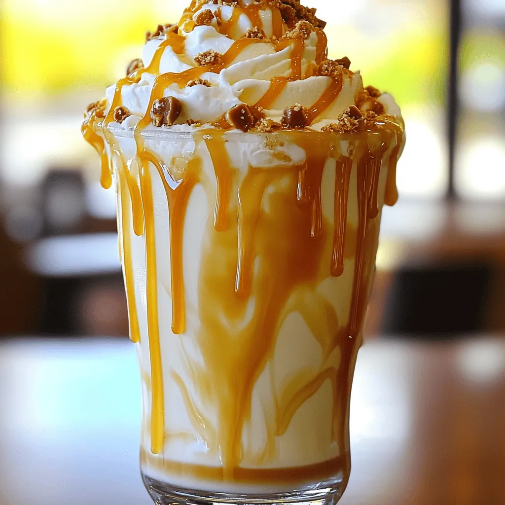 To make the Caramel Toffee Crunch Shake, you need some simple ingredients. Here’s what you’ll need: - 2 cups vanilla ice cream - 1 cup milk (whole or your preferred variety) - 1/4 cup caramel sauce (plus extra for drizzling) - 1/4 cup toffee bits - 1 tsp vanilla extract - Whipped cream, for topping - Pinch of sea salt (optional) Each ingredient plays a big role in making this shake creamy and sweet. The vanilla ice cream offers a rich base. The milk adds a nice smoothness. Caramel sauce gives it that sweet, gooey flavor we love. Toffee bits add a crunchy texture, making each sip a treat. The vanilla extract enhances the flavor, while whipped cream on top makes it look fancy. A pinch of sea salt can really boost all these flavors. It makes the sweetness pop! When you gather these ingredients, you set yourself up for a delightful shake experience. For the full recipe, check out the detailed steps ahead! To make a smooth shake, start with the right tools. Grab a good blender. Add the following ingredients: - 2 cups vanilla ice cream - 1 cup milk - 1/4 cup caramel sauce - 1/4 cup toffee bits - 1 tsp vanilla extract Blend on medium speed. Blend until everything is mixed well. You want a creamy texture, so keep blending until smooth. If you want a thicker shake, add more ice cream. For a thinner shake, pour in more milk. Adjust until it’s just right for you. To make your shake special, add a pinch of sea salt. This step brings out the flavors. Blend for a few seconds to mix the salt in. Now, let's talk about presentation. Drizzle caramel sauce inside your glasses before adding the shake. This adds a sweet touch and looks great. Pour the shake into the glasses. Fill them three-quarters full. This leaves room for whipped cream on top. Now for the fun part! Add a generous amount of whipped cream. Sprinkle toffee bits on top for a crunch. Finally, drizzle more caramel sauce over the whipped cream. This makes your shake look extra tasty. Enjoy every sip! For the full recipe, check the earlier section. To make your Caramel Toffee Crunch Shake even better, I have a few tips. - Using different types of milk: You can use whole, almond, or oat milk. Each gives a unique taste. Whole milk makes it rich and creamy. Almond milk adds a nutty flavor. Oat milk is great for a smooth finish. Experiment to find your favorite! - The role of sea salt in flavor enhancement: A pinch of sea salt can make a big difference. It balances the sweetness of the caramel. Just a little can bring out the flavors. Add it when blending for a well-rounded taste. - Tips for the perfect whipped cream topping: For fluffy whipped cream, chill your bowl and beaters first. Use heavy cream for the best results. Whip until soft peaks form. You can sweeten it with a bit of sugar or vanilla. Top your shake generously for a delicious finish. These tips will help you create a shake that is not just tasty but also a treat for the eyes. Enjoy every sip of your Caramel Toffee Crunch Shake! For the full recipe, check out the earlier section. {{image_4}} You can have fun with this shake by changing a few things. Here are some great ideas: - Alternative ice cream flavors: While vanilla is classic, you can try chocolate or coffee ice cream. Each flavor gives a new twist. You can even mix flavors for a layered taste! - Adding chocolate or nuts for different textures: Want a crunch? Toss in some chopped nuts or chocolate chips. They add a nice texture and flavor. You can use almonds, pecans, or even crushed cookies for extra fun. - Healthier versions: If you want to cut back on sugar, try using less caramel sauce. You can also swap in low-fat ice cream or milk. This way, you still enjoy the shake without feeling guilty. These simple tweaks make the Caramel Toffee Crunch Shake even more exciting. Check out the Full Recipe for the base shake, and then get creative! After you enjoy your Caramel Toffee Crunch Shake, you might have some left. Here’s how to keep it fresh. First, pour any leftover shake into an airtight container. This helps to keep air out and flavors in. Make sure to seal it tightly. Store it in the fridge for up to two days. If you want to store it longer, freezing is a great option. Pour the shake into a freezer-safe container. Leave some space at the top, as liquids expand when frozen. You can keep it in the freezer for up to a month. When you want to enjoy it again, take it out and let it sit in the fridge for a few hours. Or, you can microwave it for a few seconds, stirring often. If you have leftover shake, you can also use it in new ways. Try mixing it into pancakes or waffles for a sweet twist. You can use it to make ice cream floats or as a topping for desserts. Don’t waste a drop of that creamy goodness! Can I make this shake dairy-free? Yes, you can make this shake dairy-free. Use almond milk, coconut milk, or oat milk. Replace the ice cream with a dairy-free version. Many brands offer tasty options that will still give you that creamy texture. What is the best way to thicken my shake? To thicken your shake, add more ice cream. You can also freeze some of the milk to create ice cubes. Blend these frozen cubes with the other ingredients for a thicker shake. How can I make a Caramel Toffee Crunch Shake for a crowd? To make this shake for a crowd, simply multiply the ingredients. Use a larger blender or mix in batches. You can set up a shake bar with toppings like extra toffee bits, whipped cream, and caramel sauce for fun. Is this shake suitable for children? Yes, this shake is great for kids! It’s sweet and creamy, making it a fun treat. Just watch the sugar if you have younger ones. You can always adjust the amount of caramel sauce to make it a bit less sweet. For the full recipe, check out the complete guide to making the perfect Caramel Toffee Crunch Shake. You learned how to make a tasty Caramel Toffee Crunch Shake. We covered the key ingredients, steps, and helpful tips. You can customize it with different flavors or health options. Storing leftovers is simple, too. This shake is quick to make and fun to enjoy. Try it out and share your own twist! Simple variations let you make it your own, ensuring everyone can love this treat. Enjoy your shake journey and happy blending!