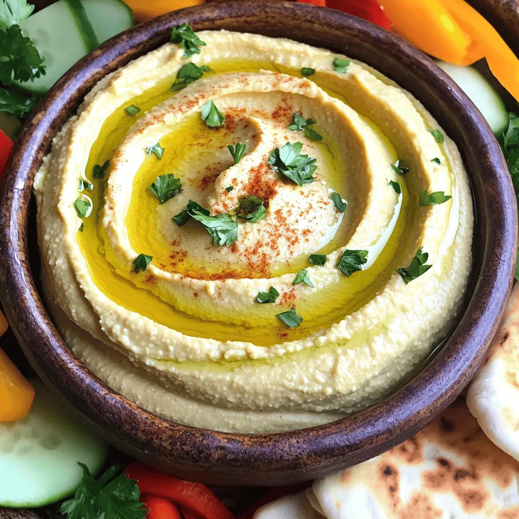 To make my roasted garlic hummus, you need a few key items. Here is what you will need: - 1 can (15 oz) chickpeas, drained and rinsed - 1 head of garlic - 3 tablespoons tahini - 2 tablespoons freshly squeezed lemon juice - 3 tablespoons extra virgin olive oil, plus extra for drizzling - 1 teaspoon ground cumin - 1/2 teaspoon smoked paprika, plus extra for garnish - Salt, to taste - Water, as needed for desired consistency These ingredients work together to create a smooth and rich flavor. Garnishes can take your hummus from good to great! Here are a couple of things you might add: - Fresh parsley, finely chopped - Extra drizzle of olive oil - A sprinkle of smoked paprika These toppings add color and flavor, making your dish even more appealing. You will need some tools to make this hummus. Gather these items: - A food processor - Aluminum foil - A measuring spoon - A serving bowl Having the right tools makes the process easier and more fun. With these ingredients and tools, you're ready to create a fantastic roasted garlic hummus. For the full recipe, check the section above! To start, you need to roast the garlic. Preheat your oven to 400°F (200°C). Take a whole head of garlic and slice the top off. This exposes the cloves inside. Drizzle some olive oil on the cut side. Wrap the garlic in aluminum foil. Place it in the oven for 30 to 35 minutes. When the garlic is soft and golden, take it out and let it cool. Once cool, squeeze the roasted cloves into a bowl. This gives your hummus a rich, sweet flavor. Now it’s time to blend! Grab your food processor. Add the drained chickpeas to the bowl. Next, add the roasted garlic cloves you just squeezed out. Add three tablespoons of tahini and two tablespoons of lemon juice. Pour in three tablespoons of extra virgin olive oil, one teaspoon of ground cumin, and half a teaspoon of smoked paprika. Don't forget to add a pinch of salt! Blend these ingredients together until they mix well. After blending, check the texture of your hummus. If it seems thick, add cold water, one tablespoon at a time. Blend after each addition until you reach the creamy texture you want. Once smooth, taste it. You may want to add more salt or lemon juice to boost the flavor. Adjust as needed. Your roasted garlic hummus is now ready to serve! Check out the Full Recipe for more details. To roast garlic, first, preheat your oven to 400°F (200°C). Take a head of garlic and slice the top off. This exposes the cloves inside. Next, drizzle a bit of olive oil over the exposed cloves. Wrap the garlic in foil and place it in the oven. Roast for 30-35 minutes. The cloves will become soft and sweet. Let it cool, then squeeze the cloves out. This roasted garlic adds a rich, deep flavor to your hummus. When making your hummus, taste is key. After blending, taste your hummus. If it needs more flavor, add a pinch of salt or more lemon juice. For a smoother texture, add a tablespoon of cold water. Blend again until it reaches your desired creaminess. Remember, small tweaks can change the whole dish. Presentation matters! Serve your roasted garlic hummus in a nice bowl. Drizzle extra virgin olive oil on top for shine. Sprinkle smoked paprika for color. Add fresh parsley for a pop of green. Surround the bowl with warm pita bread and colorful raw veggies. This makes a beautiful platter that invites everyone to dig in. For the full recipe, check the link. {{image_4}} You can change the flavor of hummus by adding spices. For a kick, try cayenne pepper. If you want warmth, add some ground cinnamon. For a fresh touch, consider adding dill or coriander. Just start with a small amount and taste as you go. This way, you can find the perfect mix that you love. You can make roasted garlic hummus even better by adding other ingredients. For instance, roasted red peppers add a sweet and smoky flavor. Simply blend in some chopped roasted red peppers with the other ingredients. You can also add sun-dried tomatoes for a tangy twist. Mixing in a handful of spinach or kale boosts nutrients, too! The great news is that this hummus is already vegan and gluten-free! If you want to keep it that way, just ensure all added ingredients fit these diets. Look for gluten-free pita bread or serve it with fresh veggies. This makes for a perfect snack or meal option for everyone. Enjoy these variations with the Full Recipe to explore the endless possibilities of flavor! To keep your roasted garlic hummus fresh, store it in an airtight container. Make sure the container seals well to keep out air. You can also drizzle a little olive oil on top before sealing. This helps keep the hummus moist. You can freeze hummus if you want to save some for later. Pour it into a freezer-safe container, leaving some space at the top. Hummus expands when it freezes. To thaw, move it to the fridge for a few hours or overnight. Stir well before serving, and add a splash of water if it seems too thick. Homemade roasted garlic hummus lasts about five to seven days in the fridge. Check for any off smells or changes in texture before eating. If you freeze it, it can last up to three months. Always remember to label your containers with the date you made it for easy tracking. Homemade hummus lasts about five to seven days in the fridge. Store it in an airtight container. This keeps it fresh and tasty. If you notice any change in smell or color, it's best to toss it. You can use fresh garlic, but the flavor will be very strong. Roasted garlic gives a sweet, mellow taste. If you want to use fresh garlic, start with a small amount. You can always add more if needed. If you don't have tahini, try using peanut butter or sunflower seed butter. These options will change the taste, but they work well. You can also use yogurt for a different texture and flavor. Yes, many stores sell pre-made roasted garlic hummus. Check the refrigerated section of your grocery store. Look for brands that use natural ingredients for the best taste. However, making it at home is easy and fun! For a detailed guide, check out the Full Recipe. Roasted garlic hummus is easy to make at home. We covered key ingredients, cooking steps, and helpful tips. You can customize flavors and store your hummus safely. Don’t forget to experiment with spices and extra ingredients to make it your own. With these simple steps and tricks, you can enjoy tasty hummus anytime. So go ahead, gather your ingredients, and make your own delicious batch!