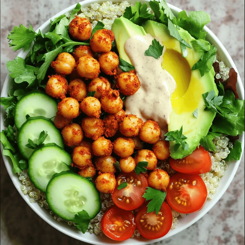 - Chickpeas - Quinoa - Vegetables (Cucumber, Cherry Tomatoes, Avocado) - Mixed Greens - Tahini & Lemon Dressing The main star of this dish is chickpeas. They bring a great source of protein and fiber. I use one can, which is about 15 ounces. Rinse and drain them well to get rid of excess sodium. Next, we have quinoa. I like to use one cup of cooked quinoa, which adds a nice texture. Quinoa is gluten-free and packed with nutrients. For the vegetables, I choose cucumber, cherry tomatoes, and avocado. The cucumber adds crunch. The cherry tomatoes offer sweetness, while the creamy avocado balances the spice. Mixed greens are essential. I use about two cups, choosing a blend of spinach, kale, and arugula. They give a fresh taste and bright color to the bowl. Finally, we have the tahini and lemon dressing. It ties everything together beautifully. The tahini adds creaminess, while lemon juice gives a zesty kick. - Fresh Parsley - Extra Spices Garnishing is where you can get creative. I like to sprinkle fresh parsley on top. It adds a pop of color and fresh flavor. You can also add extra spices if you want more heat or flavor. Try adding a pinch of paprika or some black pepper to enhance the taste. For the full recipe, be sure to check out the detailed instructions! - Preheat Oven and Season Chickpeas Start by heating your oven to 400°F (200°C). While it warms up, grab a mixing bowl. Add the rinsed chickpeas. Pour in olive oil, smoked paprika, cayenne pepper, garlic powder, sea salt, and pepper. Mix well with a spoon or your hands. Ensure every chickpea is coated in spices. - Roasting the Chickpeas Spread the chickpeas on a baking sheet lined with parchment paper. Lay them in a single layer. Roast for 25-30 minutes. Stir them halfway through to cook evenly. They should turn golden and crispy. - Layering the Quinoa and Greens In a large serving bowl, start with the cooked quinoa. Spread it evenly as the base. Next, add mixed greens on top of the quinoa. This adds color and nutrients. - Arranging Vegetables and Chickpeas Now, it’s time to make it pretty! Place the diced cucumber, halved cherry tomatoes, and sliced avocado on top. Arrange them in sections for a vibrant look. Finally, sprinkle the roasted chickpeas over everything for that spicy kick. - Preparing the Tahini Sauce In a small bowl, mix tahini, lemon juice, and a pinch of sea salt. Whisk until smooth. If it’s too thick, add a splash of water. This will help you get the perfect drizzle. - Drizzling and Final Touches Generously drizzle the tahini sauce over your Buddha bowl. This adds flavor and creaminess. Finish by garnishing with fresh parsley for a pop of color. Enjoy your Spicy Chickpea Buddha Bowl! For more detailed steps, refer to the Full Recipe. - Achieving Crispiness For crispy chickpeas, start by drying them well. After rinsing, pat them dry with a towel. This helps remove extra moisture. Use plenty of olive oil and spices for flavor. Spread them out evenly on the baking sheet. Space is key to crispiness. - Avoiding Soggy Chickpeas To prevent sogginess, avoid overcooking them. Keep an eye on them while roasting. Stir halfway through to cook evenly. If they sit too long after roasting, they may lose their crunch. Serve them right away for the best texture. - Creating a Colorful Layout A bright bowl is more appetizing. Start with a base of quinoa. Layer mixed greens on top. Then, add colorful veggies like cucumber and tomatoes. Place roasted chickpeas on top for crunch. Finally, add avocado slices for creaminess. - Serving Suggestions Use a shallow bowl for a beautiful presentation. Arrange the ingredients in sections. This makes each part visible and appealing. Drizzle extra tahini sauce around the edges for flair. This small touch adds to the visual charm of your dish. - Nutritional Value of Ingredients This bowl is packed with nutrients. Chickpeas provide protein and fiber. Quinoa adds complete protein and amino acids. Mixed greens offer vitamins and minerals. Healthy fats come from avocado and tahini. Each ingredient plays a role in a balanced diet. - Advantages of a Balanced Meal Eating a balanced meal like this supports overall health. It helps maintain energy levels. The mix of proteins, fats, and carbs keeps you full. Plus, it provides a wide range of nutrients. This meal is not just yummy; it’s good for you, too! {{image_4}} You can swap chickpeas for other legumes. Try black beans or lentils for a new twist. If you want a different grain, use brown rice or farro. For greens, you can replace spinach with arugula or kale. Each option brings its unique flavor and texture. To boost flavors, add spices like cumin or coriander. Fresh herbs like cilantro or dill can also brighten the dish. If you want more tang, drizzle balsamic vinegar or a yogurt sauce on top. These small changes can make your bowl pop. If you have a crowd, double or triple the recipe. Make sure to adjust cooking times for the chickpeas. For easy meal prep, divide the bowl into containers. This way, you have a healthy meal ready for the week. Every bite will keep you satisfied and energized. How to Store Leftovers After making your spicy chickpea Buddha bowl, let it cool. Place leftovers in an airtight container. This keeps the flavors fresh. Store the chickpea bowl in the fridge. It can last for about three days. Shelf Life of Ingredients Chickpeas and quinoa can stay good for a long time. Cooked chickpeas can last in the fridge for up to five days. Quinoa can last about a week when stored well. Fresh veggies like cucumber and tomatoes should be used within three days for the best taste. Proper Methods for Heating Up Chickpeas To reheat chickpeas, you can use the oven or a skillet. For the oven, place them on a baking sheet at 350°F (175°C) for about 10 minutes. If using a skillet, heat them over medium heat for about five minutes. This keeps them crispy and tasty. Keeping the Bowl Fresh When reheating, keep the dressing separate until you serve. This keeps your bowl fresh and flavorful. Warm the quinoa and chickpeas, then add them to fresh greens and veggies. This way, your Buddha bowl tastes just as good as when you first made it. You can find the complete recipe for the spicy chickpea Buddha bowl to guide you through the process. A Buddha bowl is a colorful dish filled with healthy foods. It often includes grains, veggies, and proteins. The name comes from the way the bowl looks, like a round belly. Buddha bowls are popular because they are healthy and fun to eat. They offer many nutritional benefits, such as: - High in fiber - Packed with vitamins - Full of protein - Supportive of healthy digestion Yes, you can easily make this recipe vegan. Here are some substitutions: - Use maple syrup instead of honey in dressings. - Choose plant-based yogurt instead of dairy yogurt. - Skip cheese or use a nut-based cheese alternative. These swaps keep the meal tasty and plant-based! You can make your Buddha bowl unique by mixing flavors and textures. Here are some ideas: - Try different grains like brown rice or farro. - Add roasted sweet potatoes or beets for sweetness. - Use a variety of greens like arugula or spinach. - Mix in nuts or seeds for crunch. Feel free to experiment with your favorite ingredients! To keep your chickpeas crispy, follow these tips: - Rinse and drain the chickpeas well before seasoning. - Pat them dry with a towel to remove extra moisture. - Roast them at a high temperature, around 400°F (200°C). - Stir them halfway through cooking for even crispiness. These steps will give you perfectly roasted chickpeas every time! For the full recipe, check out the Full Recipe section. This blog post covers all you need to create a tasty Buddha Bowl. You learned about the key ingredients like chickpeas and quinoa, along with step-by-step instructions. We explored tips for perfect chickpeas and colorful presentation. You can even customize your bowl with different grains or spices. Remember, a Buddha Bowl can be healthy and fun. Experiment with flavors and make it your own! Enjoy each bite as you nourish your body and delight your taste buds.