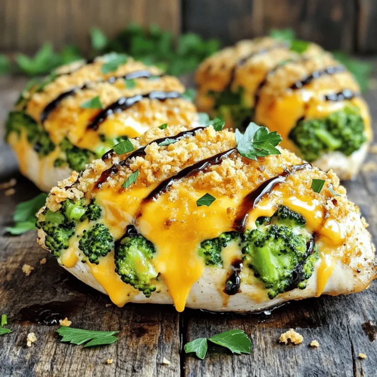 To make this dish, you need a few key ingredients: - 4 boneless, skinless chicken breasts - 1 cup broccoli florets, steamed and finely chopped - 1 cup shredded sharp cheddar cheese - 1/2 cup cream cheese, softened to room temperature - 1/4 teaspoon garlic powder - 1/4 teaspoon onion powder - 1/2 teaspoon smoked paprika - Salt and black pepper, to taste - 2 tablespoons extra virgin olive oil These main ingredients bring together great flavors. The broccoli adds nutrients while the cheeses create a creamy, cheesy filling. If you want to enhance the taste, consider adding these: - 1/4 cup panko breadcrumbs (for a crispy topping) - Fresh herbs like parsley or thyme for garnish Using panko gives a nice crunch. Fresh herbs brighten the dish and make it look appealing. You will need some simple tools to cook this meal: - Baking dish - Mixing bowl - Knife - Cutting board - Measuring spoons Having the right tools makes cooking easier. A sharp knife helps you cut the chicken properly, and a good mixing bowl allows for easy blending of the filling. For the full recipe, check the details provided above. Each step helps you create an easy and flavorful meal your family will love! Start by steaming 1 cup of broccoli florets. Once soft, chop them finely. In a large bowl, mix the chopped broccoli with 1 cup of shredded sharp cheddar cheese. Add 1/2 cup of softened cream cheese, 1/4 teaspoon each of garlic powder and onion powder, and 1/2 teaspoon of smoked paprika. Season this mix with salt and black pepper. Stir until it’s creamy and well-blended. This filling packs a punch of flavor. Take 4 boneless, skinless chicken breasts. Carefully slice a pocket into the thickest side of each breast. Be careful not to cut all the way through. Once you have your pockets, fill each one generously with the broccoli and cheese mixture. Use your fingers to press the filling in gently. This will help keep the filling secure while cooking. Preheat your oven to 375°F (190°C). Lightly grease a baking dish with olive oil. Place the stuffed chicken breasts in the dish. Brush the tops with olive oil for moisture. If you like crunch, sprinkle panko breadcrumbs on top. Bake for 30-35 minutes, or until the chicken reaches an internal temperature of 165°F (75°C). Let the chicken rest for 5 minutes after baking. This step helps keep the juices inside. For the full recipe, check out the instructions above. Select boneless, skinless chicken breasts for this dish. Look for breasts that feel firm and are a light pink color. Avoid any that seem slimy or discolored. Fresh chicken should smell clean, not foul. Ask your butcher for the best options if you're unsure. Cook the chicken until it reaches an internal temperature of 165°F (75°C). Use a meat thermometer to check this. Baking it at 375°F (190°C) helps keep it juicy. Letting chicken rest for five minutes after cooking locks in moisture. This ensures each bite is tender and flavorful. If you're short on cheddar cheese, use mozzarella or gouda instead. You can replace cream cheese with Greek yogurt for a lighter option. For a twist, add spinach or bell peppers to the filling. If you want a gluten-free version, skip the panko breadcrumbs entirely. Always adjust seasoning to your taste for the best flavor. For the full recipe, check out the [Full Recipe]. {{image_4}} You can swap out the cheddar cheese for other types. Mozzarella gives a nice stretch. Creamy goat cheese adds a tangy twist. You can also use pepper jack for some heat. Mixing cheeses can create a unique flavor blend. Just be sure to use cheese that melts well. Feel free to add more veggies to the filling. Spinach and bell peppers work great. You can also mix in cooked mushrooms or carrots for extra crunch. If you want more protein, consider adding diced cooked chicken or turkey into the mix. This makes the dish heartier and even more delicious. You can cook this dish in both the air fryer and the oven. Baking gives a classic taste and texture. It takes about 30-35 minutes at 375°F. The air fryer cooks faster, around 25 minutes at 375°F. It also creates a crispy outside without extra oil. Both methods work well, so use whichever you prefer. For the best results, check the chicken's internal temperature. It should reach 165°F to be safe to eat. To store your cheesy broccoli stuffed chicken, let it cool first. Place leftovers in an airtight container. Keep the container in the fridge. It stays good for about three to four days. If you want to keep it longer, consider freezing. Freezing is great for meal prep. Wrap each stuffed chicken breast in plastic wrap. Then place them in a freezer-safe bag. Squeeze out the air to prevent freezer burn. You can freeze the chicken for up to three months. When ready to eat, thaw it in the fridge overnight. Reheating is easy. For best results, use the oven. Preheat the oven to 350°F (175°C). Place the chicken in a baking dish. Cover it with foil to keep it moist. Heat for about 20-25 minutes or until warm. You can also use a microwave if you’re in a hurry. Just heat in short bursts, checking to avoid overcooking. Enjoy your tasty meal again! For the full recipe, be sure to check the details above. You can serve this dish with many sides. Here are some ideas: - Steamed rice or quinoa for a filling base. - A fresh garden salad with light dressing. - Roasted sweet potatoes for a sweet contrast. - Garlic bread to soak up the juices. These sides can balance flavors and add nutrition. To check if the chicken is done, use a meat thermometer. Insert it into the thickest part of the chicken. Cooked chicken should reach 165°F (75°C). If you don't have a thermometer, cut into the chicken. The meat should be white, not pink. Juices should run clear. Yes, you can prepare Cheesy Broccoli Stuffed Chicken in advance. Stuff the chicken breasts and place them in the fridge. This can be done up to 24 hours before cooking. Just remember to cover them well. When ready, bake as directed. This makes dinner easy on busy nights. For healthy sides, consider these options: - Steamed green beans or asparagus for crunch. - A light quinoa salad with veggies for fiber. - Grilled zucchini or bell peppers for color. - A mixed greens salad with vinaigrette for freshness. These sides will make your meal balanced and nutritious. Cheesy broccoli stuffed chicken is a tasty dish with simple steps. We covered the main and optional ingredients, equipment needed, and step-by-step instructions. You learned tips for picking chicken and perfect cooking methods. Explore different cheese options and cooking methods like air frying. Storing and reheating leftovers is easy too. Now, you have all you need to make this dish. Enjoy making your cheesy broccoli stuffed chicken!