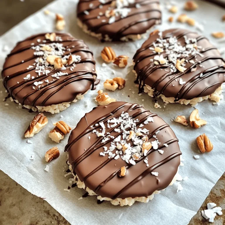 - Plain rice cakes - Dark chocolate chips (or alternative) - Coconut oil The key to this treat is the balance of flavors. Rice cakes give a crisp base. Dark chocolate chips add depth and richness. Coconut oil helps the chocolate melt smoothly. - Unsweetened shredded coconut - Mixed nuts (finely chopped) - Sea salt Toppings bring texture and flavor. Shredded coconut adds a tropical twist. Chopped nuts give a crunchy contrast. A sprinkle of sea salt enhances the chocolate's sweetness. - Additional flavorings (vanilla extract, etc.) - Colorful sprinkles You can make these treats even more fun. A splash of vanilla makes the chocolate richer. Colorful sprinkles add a festive touch for kids or parties. For the full recipe, check the previous section. To start, I combine dark chocolate chips and coconut oil in a microwave-safe bowl. The coconut oil helps the chocolate melt smoothly. Next, I heat the mixture in the microwave. I do this in 30-second intervals. After each round, I stir well. This keeps the chocolate from burning and helps it become silky smooth. While the chocolate melts, I prepare the rice cakes. I arrange them neatly on a piece of parchment paper. This step is key; it prevents sticking and makes cleanup easy. With the rice cakes set, I can move on to the fun part. Once the chocolate is melted, I grab a spoon. I artistically drizzle the melted chocolate over each rice cake. I like to make a zigzag pattern for a pretty look. If some chocolate drips off, I let it fall back into the bowl. This way, I avoid clumps. Before the chocolate sets, I sprinkle shredded coconut and finely chopped nuts over the top. This adds crunch and flavor. After topping the rice cakes, I let them sit at room temperature for about 10 to 15 minutes. This allows the chocolate to harden. If I want them ready faster, I can put them in the fridge for about 5 minutes. This ensures they set up nicely. For the full recipe, check the details above. To make the best chocolate drizzle, avoid overheating the chocolate. Heat it slowly in the microwave. Use short bursts and stir well. This keeps the chocolate smooth. If it gets too hot, it can seize and become clumpy. For patterns, use a spoon for a zigzag or swirl. You can also use a piping bag for more control. This makes your rice cakes look fancy and fun. You can change the flavor easily. Dark chocolate is rich, while milk chocolate is sweeter. Try white chocolate for a creamy touch. Each type brings its own joy to the treat. Mix in different nuts for crunch. Almonds, walnuts, and hazelnuts are great choices. Add dried fruits like cranberries or apricots for extra flavor. Get creative with toppings to make each bite unique. Make your rice cakes shine at any event. For parties, serve them on a colorful platter. Arrange them in a circle or stack them for height. Add some fresh fruit around the edges for color. For special occasions, use decorative paper or fun plates. You can even package them as gifts. Simply place them in a box with a clear lid. This way, everyone will see your tasty creation. For a full recipe, check out the details above. Enjoy making your chocolate drizzled rice cakes! {{image_4}} You can choose different types of chocolate to drizzle on your rice cakes. Milk chocolate adds a sweet touch. Dark chocolate gives a rich flavor. White chocolate is creamy and sweet. You can also try flavor-infused chocolates like orange or mint for a fun twist. Want to make these rice cakes vegan? Just swap dark chocolate for a dairy-free version. For gluten-free needs, ensure your rice cakes are certified gluten-free. If you follow a keto diet, use sugar-free chocolate chips. These small changes let everyone enjoy this treat. Add extra taste by mixing in spices. A sprinkle of cinnamon or nutmeg can make a big difference. You can also pair your rice cakes with fruits. Bananas and strawberries add freshness and color. This way, you can create a delightful mix of flavors with every bite. Store your chocolate drizzled rice cakes in an airtight container. This keeps them fresh and tasty. You can leave them at room temperature for a few hours, but they last longer in the fridge. If you choose the fridge, let them sit at room temp for a few minutes before eating. You can freeze these treats for later. Wrap each rice cake in plastic wrap, then place them in a freezer bag. This keeps them safe from freezer burn. To thaw, take them out and let them sit at room temp for about 30 minutes. You can also warm them slightly in the microwave for a few seconds. These rice cakes stay fresh for about one week at room temperature. In the fridge, they can last up to two weeks. Check for signs of spoilage. If you see any mold or if they smell off, it's best to toss them. Trust your senses; they won't steer you wrong. If you want to enjoy them longer, freezing is the best option. For the full recipe, refer back to the main section. To keep your chocolate smooth, follow these steps: - Use a dry bowl: Make sure your bowl is completely dry before adding chocolate. - Low heat: Heat chocolate slowly. Use a microwave in 30-second bursts. Stir well after each burst. - Add fat: Mix in a little coconut oil. This helps keep the chocolate silky. - Avoid water: Water can cause chocolate to clump. Keep it away from your melting area. If chocolate seizes, you can fix it with coconut oil or warm cream. Yes, rice cakes come in many flavors. Here are some ideas: - Flavored rice cakes: Try caramel or cheddar rice cakes for a twist. - Shapes: Look for round, square, or even chocolate-coated rice cakes. - Homemade options: You can also make your rice cakes from scratch for a fun project. Each type brings its own taste and texture. You can find pre-made chocolate drizzled rice cakes at: - Major supermarkets: Check the snack aisle for brands like Quaker or Lundberg. - Health food stores: They often carry gourmet options. - Online retailers: Websites like Amazon or Thrive Market offer a variety. Always read labels for any added ingredients or allergens. Rice cakes are light and can be a healthy snack. Here are some benefits: - Low in calories: They are great for weight management. - Gluten-free: Most rice cakes are safe for those with gluten allergies. - Versatile: You can top them with nut butter, yogurt, or fruit for added nutrients. They provide some carbs for energy but are low in fiber. Pair them with healthy toppings for a balanced snack. You learned how to make delicious chocolate-drizzled rice cakes step by step. Remember to melt chocolate slowly and have fun with toppings. Use your favorite flavors and mix-ins for a personal touch. These treats are great for parties or a quick snack. Store them well to keep them fresh. Enjoy making these tasty snacks. They’re easy, fun, and customizable. Now, get creative and share your snacks with friends and family!