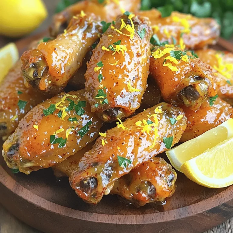 - 2 lbs chicken wings - 1 tablespoon baking powder - 1 teaspoon salt - 1/2 teaspoon freshly ground black pepper - 1 teaspoon garlic powder - 1 teaspoon onion powder - 1 teaspoon smoked paprika - Zest of 1 lemon - 2 tablespoons fresh lemon juice - 1/2 cup unsalted butter, melted The main ingredients for crispy lemon pepper wings are simple. You need chicken wings as your base. Baking powder helps make them crispy. Salt and black pepper add essential flavors. Garlic and onion powder give depth. Smoked paprika adds warmth. Finally, lemon zest and juice provide that fresh zing. - Fresh parsley for garnish - Lemon wedges For serving, fresh parsley makes a nice touch. It adds color and flavor. Lemon wedges enhance the dish with more citrus. You can squeeze them over the wings for extra zest. - Baking sheet and wire rack - Mixing bowls and whisk Having the right tools is key. A baking sheet and wire rack help wings cook evenly. Mixing bowls are handy for preparing the spice blend. A whisk makes mixing easy and quick. Now that you know the ingredients, you can gather everything you need for the full recipe. This will help you make these tasty crispy lemon pepper wings with ease! - Preheat your oven to 400°F (200°C). - Line a baking sheet with aluminum foil for easy cleanup. - Place a wire rack on top. This helps the air flow around the wings. - Pat the chicken wings dry with paper towels. This step is key for crispiness. - In a bowl, mix together the baking powder, salt, black pepper, garlic powder, onion powder, and smoked paprika. - Make sure the dry ingredients are well combined. This blend gives great flavor. - Sprinkle this mixture over the chicken wings in a large bowl. - Toss the wings with your hands to coat them evenly in the seasoning. - Arrange the seasoned wings in a single layer on the wire rack. - Ensure the wings do not touch each other to avoid steaming. - Bake in the preheated oven for 40-45 minutes. - Flip the wings halfway through for extra crispiness. While the wings bake, prepare the zesty lemon pepper sauce. Combine melted butter, lemon zest, and fresh lemon juice in a bowl. Whisk until blended. Once the wings are golden brown, toss them in the sauce. Enjoy this crispy lemon pepper wings recipe for a delightful meal. For the complete details, refer to the Full Recipe. To make your wings crispy, start by drying them well. Use paper towels to soak up any moisture. Wet wings will steam instead of crisp. Next, add baking powder to your spice mix. This helps create a light and crispy skin. The baking powder raises the pH level of the skin, allowing it to brown better. You can adjust the spice levels to your taste. If you like heat, add some cayenne pepper to the mix. For a milder flavor, reduce the black pepper. Try adding garlic or onion powder for extra flavor. You can also mix in some herbs like oregano or thyme. If you want a twist, consider adding honey for a sweet and tangy glaze. Serve your wings on a large platter. Arrange them neatly, and add lemon wedges around the edges. This not only looks good but gives everyone a fresh squeeze of lemon. Garnish your wings with fresh parsley. This adds a pop of color and freshness. You can also sprinkle some extra lemon zest on top for a vibrant touch. Enjoy how this brightens up your dish! {{image_4}} You can make crispy lemon pepper wings in different ways. If you want a quick option, try air frying. This method cooks the wings faster while keeping them crispy. Set your air fryer to 400°F (200°C) and cook for about 25-30 minutes. Flip them halfway through for even crispiness. If you prefer a smoky flavor, grilling is a great choice. Preheat your grill to medium heat and cook the wings for about 20-25 minutes. Flip them often to avoid burning. This method adds a tasty, smoky touch that pairs well with the lemon pepper sauce. You can change up the flavor of your wings too. For a spicy kick, add cayenne pepper or hot sauce to the seasoning mix. This gives your wings a bold and fiery taste. You can also make a sweet and savory lemon glaze. Mix honey with lemon juice and pour it over the wings after cooking. This adds a nice balance of sweet and tangy flavors. If you need gluten-free options, check the spice labels. Most spices are gluten-free, but always confirm. You can also use gluten-free baking powder if needed. For those who want an oven-baking alternative, you can use parchment paper instead of aluminum foil. This still helps with cleanup while allowing the wings to crisp up. For the full recipe, check the section above. After you finish eating, let your wings cool down. This step is key. Once cool, transfer them into containers. I recommend using airtight containers. These help keep your wings fresh and tasty. To keep the wings crispy, the oven is your best friend. Preheat your oven to 375°F (190°C). Place the wings on a baking sheet. Bake them for about 10-15 minutes. This method brings back that crunch. The microwave is quick but can make them soggy. If you use the microwave, heat them for just a minute. You can store lemon pepper wings in the fridge for about 3-4 days. Check for any odd smells or slimy texture. These signs mean it's time to toss them. Always trust your senses when it comes to food safety. For the freshest taste, eat them sooner rather than later. To make crispy wings without frying, you need to focus on baking. Here are some best practices: - Preheat your oven to 400°F (200°C). - Use a wire rack on top of your baking sheet. This helps air circulate. - Pat the wings dry with paper towels to remove moisture. - Coat with baking powder and seasonings. Baking powder helps create a crunchy skin. - Arrange wings in a single layer on the rack to avoid steaming. - Flip halfway through baking for even crispiness. These steps ensure your wings turn out crispy and delicious without frying. Yes, you can use frozen wings. Here are some tips for thawing and preparation: - Thaw wings in the fridge overnight for best results. - If you're short on time, you can use cold water to thaw them. Place the wings in a sealed bag and submerge in cold water for about an hour. - Make sure to pat dry the wings after thawing. This step is key for crispiness. With proper thawing, frozen wings will work great in this recipe. The best dipping sauces for lemon pepper wings include: - Ranch dressing: Its creaminess balances the zesty flavor. - Blue cheese dressing: A classic choice that adds a bold taste. - Honey mustard: For a sweet and tangy contrast. These sauces complement the wings well and enhance your eating experience. For the full recipe, check out the cooking instructions above. This post covered how to make crispy lemon pepper wings. We talked about essential ingredients, like chicken wings and seasonings, and the tools you need. I shared easy steps for preparation, baking, and tips for crispiness. You have options for cooking methods and flavor variations. Remember to store any leftovers properly and reheat them without losing that crunch. With these methods, you'll enjoy tasty wings every time. Now, get cooking and delight your friends and family with your delicious lemon pepper wings!