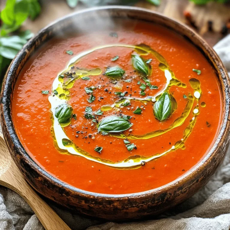To make a great creamy tomato basil soup, you need a few key ingredients. Here’s what you’ll need: - 2 tablespoons olive oil - 1 medium onion, finely chopped - 3 cloves garlic, minced - 2 cans (14 oz each) crushed tomatoes or fresh tomatoes, peeled and chopped - 1 cup vegetable broth or chicken broth - 1 teaspoon sugar - Salt and freshly ground black pepper to taste - 1 cup heavy cream or coconut cream - 1/4 cup fresh basil leaves, chopped These ingredients create a rich and tasty base for your soup. The tomatoes provide a sweet and tangy flavor, while the cream adds richness. Fresh basil gives a fragrant note that brightens up the dish. For an even better taste, you can add a few optional ingredients. Consider these: - 1 teaspoon dried Italian herbs - A pinch of red pepper flakes for heat - Grated parmesan cheese for serving These extras can elevate your soup. Dried herbs add depth, while red pepper flakes give a kick. Parmesan brings a savory umami flavor that pairs well with the creaminess of the soup. If you have dietary needs, you can make simple swaps. Here are some ideas: - Use coconut cream instead of heavy cream for a vegan option. - Replace broth with vegetable broth for a vegetarian version. - If avoiding gluten, check that your broth is gluten-free. These substitutions ensure everyone can enjoy this comforting soup. Feel free to adjust based on what you have at home or your dietary needs. For the full recipe, refer to the section above. To make creamy tomato basil soup, follow these clear steps: 1. Heat olive oil: Start by heating 2 tablespoons of olive oil in a large pot over medium heat. This oil adds flavor and helps cook the veggies. 2. Sauté onion: Add 1 finely chopped onion. Cook it for about 5 minutes. You want it soft and slightly clear. 3. Add garlic: Now, mix in 3 minced garlic cloves. Cook for 1-2 minutes until it smells great. Watch carefully, so it doesn’t burn. 4. Pour in tomatoes: Next, add 2 cans of crushed tomatoes or use fresh, peeled and chopped tomatoes. They bring the soup’s flavor to life. 5. Mix in broth and sugar: Pour in 1 cup of vegetable or chicken broth. Add 1 teaspoon of sugar to balance the acidity. Stir well. 6. Season the soup: Add salt and freshly ground black pepper to taste. These spices make your soup pop. 7. Simmer: Let the soup simmer gently for about 15 minutes. This step helps the flavors blend perfectly. 8. Blend the soup: Use an immersion blender to puree the soup in the pot. If you prefer, carefully transfer it in batches to a conventional blender. Blend until smooth. 9. Add cream: Stir in 1 cup of heavy cream or coconut cream. Let it simmer for another 5 minutes. This step gives your soup a nice, rich texture. 10. Finish with basil: Just before serving, add 1/4 cup of chopped fresh basil. Mix well and taste. Adjust seasoning if needed. Using an immersion blender is easy and fast. You keep the soup in the pot, which saves time. Just blend until smooth. Make sure the blender is fully submerged to avoid splashes. If you use a conventional blender, be careful! Hot soup can splatter. Fill the blender halfway and blend in small batches. Always hold the lid tightly to keep it in place. Serve your creamy tomato basil soup hot. Use nice bowls for a special touch. You can garnish with fresh basil leaves or a drizzle of cream. For added flair, sprinkle some grated parmesan or chili flakes on top. Serve with crusty bread for dipping. It makes the meal feel complete and cozy. Enjoy! For the full recipe, check the provided details. To get that rich, creamy texture in your soup, you need the right ingredients. I always use heavy cream for a lush finish. If you want a dairy-free option, coconut cream works great. Adding the cream at the end makes a big difference. It blends well and keeps that lovely texture. Remember to simmer the soup after adding the cream. This helps meld the flavors without curdling the cream. Seasoning is key to elevate your soup. I add a teaspoon of sugar to balance the acidity from the tomatoes. Fresh basil is a must, but dried Italian herbs can add depth too. You can also sprinkle in some red pepper flakes for a bit of heat. Tasting your soup as you cook is important. Adjust the salt and pepper to your liking. This way, every spoonful bursts with flavor. Even simple recipes can go wrong. Here are some tips to steer clear of common pitfalls: - Not sautéing the onion enough: This step builds the base flavor. Cook until it's soft and translucent. - Skipping the blending step: A smooth soup is key. Don't skip blending for that creamy texture. - Adding cream too early: Always add it at the end to keep it smooth. Following these tips will help you create a delicious Creamy Tomato Basil Soup. For the complete process, check the Full Recipe. {{image_4}} You can easily make this soup vegan. Simply replace the heavy cream with coconut cream. This change creates a rich and creamy texture without using dairy. Coconut cream adds a hint of sweetness that pairs well with the tomatoes. You can also use almond milk if you prefer a lighter option. Want some heat? Add crushed red pepper flakes to the pot when you sauté the onions. Start with a small amount, like half a teaspoon, and adjust to your taste. If you crave more spice, try adding diced jalapeños or a dash of hot sauce. Pairing spicy with the creamy base gives an exciting twist. You can make this soup heartier by adding proteins. Cooked beans, like cannellini or chickpeas, work well. You can also add shredded chicken for a meaty touch. For more veggies, consider adding spinach, zucchini, or carrots. Chop them small and add them early in the cooking process. This way, they will cook through and blend nicely with the soup. Feel free to explore these variations. They make the classic creamy tomato basil soup unique each time. For the full recipe, check out the details above. Store your creamy tomato basil soup in an airtight container. This keeps it fresh and tasty. Let the soup cool completely before sealing the container. Place it in the fridge if you plan to eat it within a few days. For longer storage, use the freezer. The soup lasts about 3 to 4 days in the fridge. If you freeze it, use it within 3 months for the best taste. To reheat your soup, pour it into a pot over medium heat. Stir it often to heat evenly. You can also use the microwave. Place the soup in a microwave-safe bowl. Heat it in short bursts, stirring in between. This helps keep the soup creamy. If it seems too thick, add a splash of broth or water to get the right consistency. When freezing, make sure to use containers that are safe for the freezer. Leave some space at the top, as the soup will expand. To thaw, move the soup from the freezer to the fridge the night before. This way, it will be ready to reheat the next day. If you need it faster, run the sealed container under warm water. Avoid thawing it in the microwave, as this can change the texture. For detailed cooking steps, check the Full Recipe. To store leftover soup, let it cool first. Pour the soup into an airtight container. Seal it well to keep air out. You can keep it in the fridge for up to three days. If you want to store it longer, freeze it. It stays good in the freezer for about three months. Just remember to leave some space in the container. Soup expands when it freezes! Yes, you can use fresh tomatoes instead of canned ones. If you choose fresh, you need about six medium tomatoes. Peel and chop them before adding to the pot. Using fresh tomatoes gives the soup a bright and fresh flavor. Just remember, fresh tomatoes can be a bit more watery. You might need to cook them a little longer to get the right thickness. Making this recipe gluten-free is easy! Just ensure that the broth you use is gluten-free. Most vegetable and chicken broths are safe, but always check the label. Avoid any added ingredients that may contain gluten. The rest of the ingredients, like tomatoes and cream, are naturally gluten-free. Enjoy your creamy tomato basil soup without worry! For the full recipe, check out the details above. In this article, we explored the key ingredients and steps to make creamy tomato basil soup. We discussed essential and optional ingredients, as well as substitutions for dietary needs. I shared practical tips, common mistakes to avoid, and different variations to try. Remember, the right storage and reheating methods help keep your soup tasty. Enjoy experimenting with flavors and making this dish your own! With practice, your soup will impress everyone.