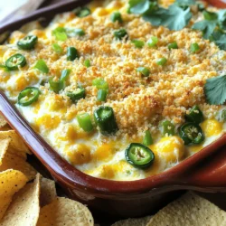 - 8 oz cream cheese, softened - 1 cup sour cream - 1 cup shredded cheddar cheese - 1/2 cup shredded mozzarella cheese - 1/2 cup crumbled cream cheese - 4-6 fresh jalapenos, diced - 1/4 cup green onions, finely sliced - 1 teaspoon garlic powder - 1 teaspoon onion powder - Salt and pepper to taste - 1/2 cup breadcrumbs (panko or regular) - 2 tablespoons extra virgin olive oil How do I adjust the jalapeno quantity for spice level? You can add more or less jalapenos based on your heat preference. For milder dip, use fewer jalapenos. For more heat, add more. What type of cheese should I choose for flavor? I recommend using a blend of cheeses. Cheddar adds sharpness while mozzarella gives creaminess. What are cream cheese alternatives for dairy-free options? You can use cashew cream or dairy-free cream cheese. These options still provide a creamy texture. What are breadcrumb substitutes for gluten-free diets? Try using gluten-free breadcrumbs or crushed cornflakes. Both work well in this dip for a crunchy topping. For the full recipe, check out the Baked Jalapeno Popper Dip instructions above. 1. Preheat your oven to 375°F (190°C). This step is key for even baking. 2. Lightly grease a medium-sized baking dish. You can use cooking spray or a thin layer of olive oil. 3. In a large mixing bowl, combine: - 8 oz cream cheese, softened - 1 cup sour cream - 1 cup shredded cheddar cheese - 1/2 cup shredded mozzarella cheese - 1/2 cup crumbled cream cheese 4. Blend these ingredients until smooth and creamy. Use a spatula or electric mixer to help mix well. 5. Gently fold in the diced jalapenos. You can adjust the amount to fit your heat level. Add: - 1/4 cup green onions, finely sliced - 1 teaspoon garlic powder - 1 teaspoon onion powder - Salt and freshly cracked black pepper to taste 6. Mix until all ingredients are evenly combined. Be careful not to overmix. 7. Carefully pour the creamy mixture into the greased baking dish. Use a spatula to spread it evenly. 8. In a small bowl, combine: - 1/2 cup breadcrumbs (panko or regular) - 2 tablespoons extra virgin olive oil 9. Stir until the breadcrumbs are well coated. Evenly sprinkle this topping over the dip. 10. Place the baking dish in your preheated oven. Bake for 20-25 minutes. Check when the dip is bubbling and the top is golden brown. 11. Once baked, remove it from the oven. Let it cool for a few minutes before serving. These steps ensure you enjoy a creamy and flavorful dip. For the full recipe, check out the guide to Baked Jalapeno Popper Dip. To make the best Baked Jalapeno Popper Dip, focus on texture. You want it creamy, not too thick or runny. Start with room temperature cream cheese. This helps it mix smoothly with the other ingredients. Avoid overmixing. After adding the jalapenos and spices, stir gently. This keeps the dip fluffy. Too much mixing can make it dense. For dipping, tortilla chips work great. They add crunch and hold up well. You can also use slices of a fresh baguette. Both pair nicely with the creamy dip. Garnish for a nice touch. Sprinkle some green onions or fresh cilantro on top. It adds color and makes your dip look even more inviting. To keep your dip warm, use a slow cooker. Set it on low to keep the dip gooey and hot. This is great for parties, so guests can help themselves. If you have leftovers, you can reheat the dip. Use an oven set to 350°F (175°C). Heat for about 10-15 minutes. Watch it closely to avoid burning the top. For the full recipe, check above! {{image_4}} You can easily boost the flavor of your dip. Adding bacon or sausage gives it a savory twist. Cook the bacon until crispy, then crumble it into the dip. If you prefer sausage, cook and crumble it as well. Using different cheeses can change the taste, too. Try adding pepper jack for a spicy kick or gouda for a smoky flavor. Mixing cheeses creates layers of flavor that make each bite exciting. You might want your dip milder or spicier. To lower the heat, use fewer jalapenos or remove the seeds. If you like it spicier, add more diced jalapenos or try a dash of hot sauce. You can also swap jalapenos for other peppers. Use poblano peppers for a milder taste, or serrano peppers for a stronger heat. This way, you can cater to everyone's taste buds. There are a few ways to cook this dip. You can air fry it for a quicker option. Just keep an eye on it to avoid burning. Traditional baking gives a nice, even heat and a golden top. You can also make this dip in different dishes. Using a casserole dish is great for sharing. Mini dutch ovens work well for single servings, making it fun for guests to have their own. For the complete recipe, check [Full Recipe]. To store your Baked Jalapeno Popper Dip, let it cool first. Place it in an airtight container. This helps keep it fresh. You can store it in the fridge for up to 3-4 days. Yes, you can freeze Baked Jalapeno Popper Dip! Just make sure it is in a freezer-safe container. It will stay good for about 2-3 months in the freezer. When you're ready to eat it, thaw it in the fridge overnight. Reheat your dip in the oven for the best texture. Set your oven to 350°F (175°C) and bake for 15-20 minutes. Cover it with foil to avoid burning the top. Avoid using the microwave, as it can make the dip uneven and soggy. For the best results, keep an eye on it until it’s hot and bubbly. To make your dip creamier, use room temperature cream cheese. This helps blend better. You can also add extra sour cream or cream cheese. Mixing in a bit of heavy cream will add richness. Be sure to mix until smooth, with no lumps. Yes, you can prepare this dip a day ahead. Mix all the ingredients and store in the fridge. Just cover it well to keep it fresh. When ready to bake, let it sit at room temp for 30 minutes. This helps it cook evenly. This dip pairs well with crispy tortilla chips. You can also serve it with sliced baguette or crackers. Fresh veggies like celery sticks or bell peppers add a nice crunch. For extra flavor, try adding pickles or olives on the side. To make this dip healthier, use low-fat cream cheese and sour cream. You can also reduce the amount of cheese. Add more vegetables like spinach or artichokes for extra nutrients. Using whole grain bread crumbs instead of regular can also help. This article covered a delicious baked jalapeno popper dip. We discussed key ingredients, including cream cheese and cheddar. You learned about spice adjustments and ingredient substitutions too. Remember, serving this dip with tortilla chips makes it a hit. Keep it warm using a slow cooker for easy serving. With its creamy texture and bold flavors, this dip is perfect for any gathering. Enjoy making your own version and experimenting with flavors!