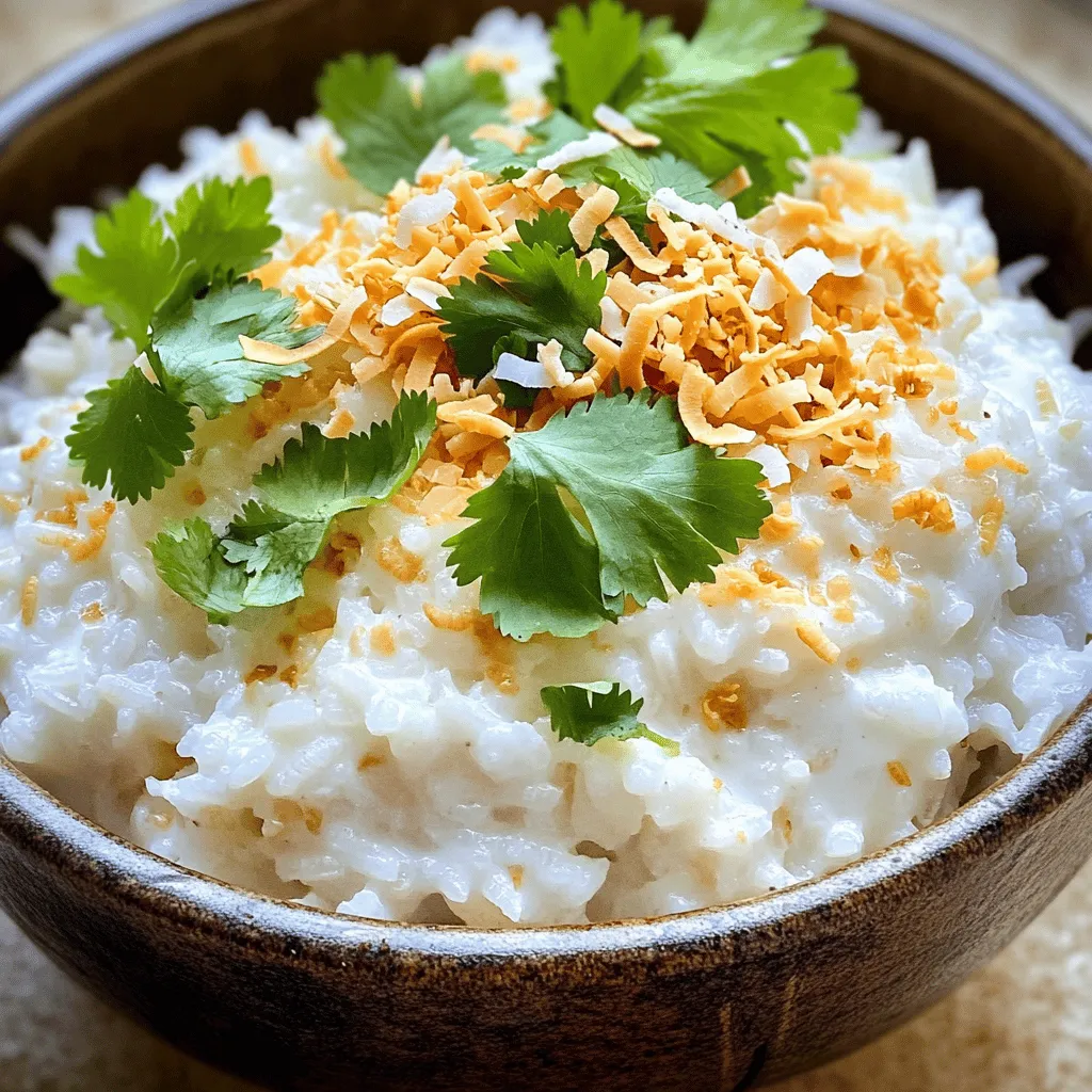To make creamy coconut rice, you need a few simple items: - 1 cup jasmine rice - 1 can (13.5 oz) full-fat coconut milk - 1 cup water - 1 tablespoon light brown sugar - 1/2 teaspoon sea salt These ingredients create a rich and smooth texture. The jasmine rice gives a lovely aroma. Full-fat coconut milk brings in the creaminess that makes this dish special. You can swap some ingredients if you want to try something new: - Use basmati rice instead of jasmine rice for a different flavor. - Try low-fat coconut milk for a lighter version. - Replace light brown sugar with honey or maple syrup for a unique twist. These options keep the dish tasty while adding your personal touch. Garnishes make your dish look and taste even better. Here are great ideas: - 1/4 cup shredded coconut (toasted for garnish) - Fresh cilantro or mint leaves (for garnish) Toasted coconut adds a crunchy texture. Fresh herbs give a burst of color and flavor. You can use these garnishes to make your creamy coconut rice a showstopper. For the detailed recipe, check the Full Recipe. Start by rinsing the jasmine rice. Use a fine-mesh sieve and run cold water over it. Swirl the rice gently until the water runs clear. This step is key to fluffy rice, as it removes extra starch. The goal is to keep your rice light and not sticky. Next, take a medium-sized saucepan. Add the rinsed rice into the pan. Now, pour in one can of full-fat coconut milk. Then, add one cup of water, one tablespoon of light brown sugar, and half a teaspoon of sea salt. Stir everything well to mix the sugar and salt into the rice. Place the saucepan over medium heat. Bring the mixture to a gentle boil. Once it boils, reduce the heat to low and cover the pan with a lid. Let it simmer for about 15 to 18 minutes. Do not lift the lid; the steam is vital for cooking. After the time is up, remove the pan from heat but keep it covered for 5 minutes. This resting time helps the rice firm up nicely. Finally, fluff the rice with a fork to separate the grains. Serve it warm and enjoy the creamy texture. You can find the full recipe above! To get fluffy rice, rinse it well. This removes the starch that can make rice sticky. Use cold water and swirl the rice until the water runs clear. After cooking, let it rest covered. This step helps the rice grains separate nicely. To boost flavor, add a pinch of lime zest or a dash of vanilla extract. You can also mix in a bit of ginger or garlic for a savory twist. For a hint of spice, try adding a small amount of chili flakes. These enhancements make your coconut rice even more delightful. One common mistake is lifting the lid while the rice cooks. This lets steam escape and can lead to undercooked rice. Another mistake is using too much water, which can make the rice mushy. Stick to the recipe for the best results. If you want to be adventurous, you can tweak the flavors, but keep the base consistent for perfect creamy coconut rice. For the complete recipe, check out the Full Recipe section. {{image_4}} You can add fruits to your creamy coconut rice for a sweet twist. Pineapple or mango works great. Just chop them into small pieces and stir them in after cooking. This adds color and taste. You can also use berries for a fresh touch. They offer a nice contrast to the creamy rice. If you like heat, try adding spices. A bit of chili powder or diced jalapeños can spice things up. Mix them in while cooking the rice. This gives the dish a kick while keeping the creamy texture. You can also add fresh herbs like cilantro for extra flavor. This recipe is easy to make vegan. Use almond or soy milk instead of coconut milk. You can also add sautéed veggies like bell peppers or zucchini. This keeps the dish creamy and rich. If you want a nutty flavor, add some chopped nuts or seeds on top. These variations keep your coconut rice exciting and fresh. Check out the Full Recipe for more ideas! To keep your creamy coconut rice fresh, let it cool first. After cooling, place it in an airtight container. You can store it in the fridge for up to four days. Make sure the lid is secure to prevent any odors from mixing. When you’re ready to enjoy your creamy coconut rice again, you can quickly reheat it. Place the rice in a pot over low heat. Add a splash of water or coconut milk to help it steam. Stir occasionally until it warms through. You can also use the microwave for a faster option. Just cover it with a damp paper towel to keep it moist. If you want to save some for later, freezing is a great option. Portion the cooled rice into freezer-safe bags or containers. Remove as much air as possible before sealing. You can freeze it for up to three months. When you're ready to eat, thaw it in the fridge overnight. Reheat it as described above for the best texture. For the full recipe, refer back to the earlier section. Yes, you can use brown rice. Brown rice takes longer to cook and needs more water. I suggest using 1 1/2 cups of water for every cup of brown rice. Adjust the cooking time to about 40-45 minutes. The rice will have a nuttier taste and firmer texture. If you like, soak the brown rice for a few hours before cooking. This will help soften it and speed up the cooking time. Creamy coconut rice works well with many dishes. It adds a sweet, rich flavor that enhances meals. Here are some great pairings: - Grilled shrimp or fish - Curries, like chicken or vegetable curry - Stir-fried vegetables - Spicy dishes, which balance the creaminess - Tropical salads with mango or pineapple These dishes provide great contrasts and complements to the creamy rice. Burnt rice can ruin your meal. To prevent this, follow these steps: - Use a heavy-bottomed saucepan to distribute heat evenly. - Keep the heat low after boiling to maintain a gentle simmer. - Stir the mixture once before covering it to avoid sticking. - Always keep the lid on while cooking to trap steam. These tips will help you cook perfect creamy coconut rice every time. Creamy coconut rice is easy to make and so tasty. We covered the main ingredients, steps, and tips for great rice. The best part is the fun variations you can try. From fruity to spicy options, there’s something for everyone. Proper storage and reheating keep your coconut rice fresh. Use the FAQs to solve any cooking puzzles. Now you're ready to enjoy this simple dish anytime!