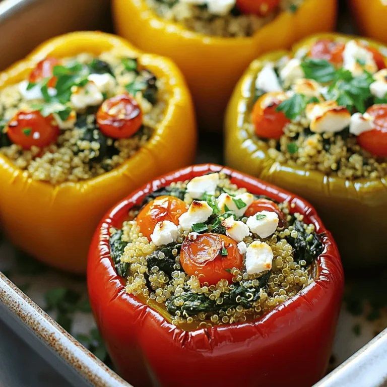 - 4 large bell peppers (any vibrant color of your choice) - 2 cups fresh spinach, roughly chopped - 1 cup crumbled feta cheese - 1 cup cooked quinoa (preferably cooled) - 1/2 cup cherry tomatoes, quartered - 1/4 cup red onion, finely diced - 2 cloves garlic, minced - 1 teaspoon dried oregano - 1/2 teaspoon freshly ground black pepper - 2 tablespoons olive oil (divided) - 1 tablespoon fresh lemon juice - Fresh parsley, chopped (for garnish, optional) You can swap out the quinoa for brown rice or couscous. This adds a different texture. If you want a vegan option, use tofu instead of feta. For a spicy kick, add jalapeños or red pepper flakes. Adjust the lemon juice to your taste for a zestier flavor. Spinach is rich in iron and vitamins A and C. It helps boost your immune system. Feta cheese offers calcium for strong bones, while quinoa provides protein and fiber. Bell peppers are full of antioxidants and can help reduce inflammation. This dish is a great choice for a healthy meal. Start by preheating your oven to 375°F (190°C). This step is key for cooking the peppers just right. Next, take your bell peppers and cut off their tops. Remove the seeds and membranes carefully. Lightly brush both the inside and outside of each pepper with olive oil. This helps to enhance the flavor and keeps them moist. Stand the peppers upright in a baking dish, ensuring they stay stable. In a large skillet, pour in one tablespoon of olive oil and heat over medium heat. Add minced garlic and finely diced red onion. Sauté them for about 3-4 minutes until the onions turn soft and fragrant. Next, toss in the chopped spinach. Cook for 2-3 minutes, stirring often, until the spinach wilts down significantly. This step adds a depth of flavor and nutrients to your filling. Take the skillet off the heat. Stir in the cooked quinoa, quartered cherry tomatoes, dried oregano, black pepper, and lemon juice. Mix everything well until fully combined. Now, gently fold in the crumbled feta cheese to keep its texture intact. Once the mixture is ready, spoon it into each bell pepper. Press the filling down gently to pack it in but avoid overcrowding. Finally, cover the baking dish with aluminum foil and place it in the oven. Bake for 25 minutes, then remove the foil and bake for another 10 minutes. The peppers should be tender and slightly charred. For the full recipe, check out the details above. To get the best results with your spinach and feta stuffed peppers, follow these tips: - Preheat the Oven: Always preheat your oven to 375°F. This step ensures even cooking. - Choose the Right Peppers: Use large bell peppers that stand upright. This shape holds the filling well. - Oil the Peppers: Lightly brush the outside and inside of the peppers with olive oil. This adds flavor and helps with browning. - Cover with Foil: Cover the baking dish with foil during the first part of baking. This keeps the peppers moist. Avoid these common pitfalls to ensure your dish turns out great: - Overstuffing Peppers: Don’t cram too much filling into each pepper. They need room to cook evenly. - Skipping the Sauté: Always sauté the onions and garlic before adding spinach. This builds a rich flavor base. - Ignoring Cooking Time: Keep an eye on the baking time. Overcooked peppers can become mushy. Enhance the taste of your stuffed peppers with these simple tips: - Add Fresh Herbs: Sprinkle fresh herbs like basil or dill on top before serving for a fresh kick. - Experiment with Cheese: Try mixing different cheeses, like goat cheese or mozzarella, with feta for varied taste. - Incorporate Nuts: Add chopped walnuts or pine nuts to the filling for a crunchy texture. - Use Lemon Zest: Grate some lemon zest into the filling. This adds brightness and depth to the flavor. For a detailed guide on making this delicious dish, check the Full Recipe. {{image_4}} You can change the filling to match your diet. For a vegan option, skip the feta cheese. Use mashed avocado or cashew cream instead. Quinoa is already gluten-free. You can also add black beans or chickpeas for protein. Mix in some corn or diced zucchini for added texture. To give your stuffed peppers a twist, add spices. Try cumin or smoked paprika for a warm flavor. If you want heat, add red pepper flakes or jalapeños. Fresh herbs like basil or cilantro can brighten up the dish. Experiment with different cheeses too, like goat cheese or mozzarella. Make your dish pop with color when serving. Place the stuffed peppers on a bright plate. Drizzle some olive oil around them for flair. You can add a few lemon wedges for a fresh touch. Sprinkling fresh parsley or chives on top looks great too. For an extra layer, serve with a side salad or grain. For the full recipe, check [Full Recipe]. Store any leftover stuffed peppers in an airtight container. This keeps them fresh. They can last in the fridge for up to four days. Make sure to let them cool down before sealing the container. This prevents moisture buildup, which can make them soggy. To reheat your stuffed peppers, place them in the oven. Set it to 350°F (175°C). Bake for about 15 to 20 minutes. This ensures they heat evenly. You can also use the microwave for quicker results. Heat on high for about 2 to 3 minutes. Just keep an eye on them to avoid overheating. Freezing is a great option for longer storage. First, let the stuffed peppers cool completely. Then, wrap each one in plastic wrap. Place wrapped peppers in a freezer-safe bag. They can stay in the freezer for up to three months. When you’re ready to eat them, thaw in the fridge overnight. Reheat as described above. For the full recipe, check out the recipe section. Yes, you can prepare these stuffed peppers ahead of time. You can stuff the peppers and place them in a baking dish. Cover the dish with foil and store it in the fridge for up to 24 hours. This saves you time on busy days. When ready to eat, just bake them as described in the Full Recipe. Stuffed peppers are versatile. You can serve them with a fresh green salad or roasted vegetables. A side of crusty bread or a grain like rice or quinoa works well too. You might add a drizzle of balsamic glaze or hot sauce for extra flavor. The peppers should be tender and slightly charred. A fork should easily pierce the skin. Baking for about 35 minutes usually gets them to this point. You can also check the filling. It should be hot and bubbly. If it looks dry, you may need to bake them a bit longer. This blog post covered how to make tasty stuffed peppers. We discussed the best ingredients and their health perks. I shared step-by-step instructions and handy tips to ensure your dish turns out great. You learned about variations, storage tips, and answered common questions. In closing, stuffed peppers are fun and easy to make. Experiment with flavors and fillings to find your perfect bite! Enjoy your cooking adventure!