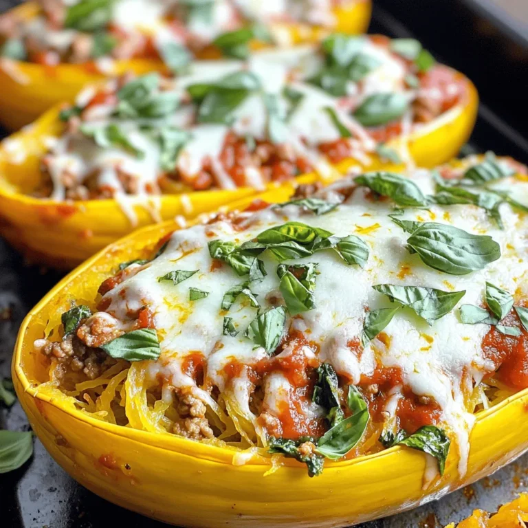- 1 medium-sized spaghetti squash - 1 cup marinara sauce (store-bought or homemade) - 1 cup cooked ground turkey or beef - 1 cup fresh spinach, finely chopped - 1 cup shredded mozzarella cheese - 1 teaspoon Italian seasoning blend - 1/2 teaspoon garlic powder - Salt and freshly cracked black pepper, to taste - Fresh basil leaves, for garnish - Olive oil, for drizzling Using high-quality ingredients makes this dish shine. Choose a fresh, firm spaghetti squash. Look for a squash that feels heavy for its size. This means it has good moisture. For the marinara sauce, homemade always wins. If you buy it, check for low sugar and no preservatives. Fresh spinach should be bright green and crisp. For the meat, lean ground turkey or beef adds richness and protein. Look for grass-fed options if possible. Mozzarella should be fresh and shredded just before use. This melts better and has a creamier texture. If you want a vegan option, replace the meat with lentils or mushrooms. For a dairy-free choice, use a vegan cheese substitute. You can swap marinara sauce for pesto for a different flavor. If you cannot find spaghetti squash, zucchini or butternut squash can work too. Just adjust cooking times as needed. To start, you need to preheat your oven to 400°F (200°C). This will get things ready for roasting the squash. Next, take your spaghetti squash and slice it in half lengthwise. Use a sharp knife and be careful. The squash can be tough to cut. After cutting, scoop out the seeds and strands with a spoon. This step makes room for the tasty filling. Drizzle the inside of each half with olive oil. Then, season with salt and freshly cracked black pepper to bring out the flavor. Now, place the squash halves cut side down on a lined baking sheet. Bake them in the preheated oven for 30 to 40 minutes. You’ll know they are ready when the flesh is fork-tender. When they cool for about 5 minutes, take a fork and scrape the flesh into spaghetti-like strands. This creates a light and fluffy texture. While the squash bakes, it’s time to prepare the filling. Heat a skillet over medium heat. Add your cooked ground turkey or beef to the skillet. Then, mix in the marinara sauce, chopped spinach, Italian seasoning, and garlic powder. Stir everything together and cook until heated through. This should take about 3 to 5 minutes. The spinach will wilt, adding nice color and flavor. Once the squash is ready, combine the spaghetti squash strands with the meat sauce mixture in a large bowl. Make sure everything is mixed well. Next, spoon the mixture back into the squash halves. Pack it tightly so each boat is full. Top each half with a generous sprinkle of shredded mozzarella cheese. Place the filled squash back in the oven and bake for another 15 to 20 minutes. You want the cheese to be melted, golden, and bubbly. Finally, garnish with fresh basil leaves for a lovely finish. Allow them to cool a few minutes before serving for the best flavor. Enjoy your delicious Baked Spaghetti Squash Boats! For the complete recipe, check out the Full Recipe. Cutting spaghetti squash can be tricky. Use a sharp knife and a steady surface. Start by placing the squash on a cutting board. Cut it in half lengthwise. If it feels hard, microwave it for a few minutes. This will soften it and make cutting easier. Always be careful with your fingers to avoid cuts. For a perfect bake, preheat your oven to 400°F (200°C). Place the squash cut side down on a baking sheet. Bake for 30 to 40 minutes. The best sign it’s ready is when a fork easily pierces the flesh. If it feels tough, give it more time. The goal is tender strands that pull away easily. To get that gooey melted cheese on top, use shredded mozzarella. Spread it generously over the stuffed squash. Bake it until golden and bubbly. This usually takes about 15 to 20 minutes in the oven. If you want a crispier top, switch to the broil setting for the last few minutes. Just keep an eye on it to prevent burning. For the complete journey of making these delightful Baked Spaghetti Squash Boats, you can refer to the Full Recipe. {{image_4}} You can easily make this dish vegetarian. Simply swap out the meat for more veggies. Try using mushrooms, bell peppers, or zucchini. These add great flavor and texture. You can also use lentils or chickpeas for a protein boost. A mix of roasted vegetables can make it colorful and tasty. Use the same marinara sauce to keep it delicious. If you want to change the protein, try chicken or plant-based meat. Ground chicken works well and has a mild flavor. For a vegan option, use tempeh or tofu. Just crumble or chop it into small pieces. You can also use beans like black beans or kidney beans. These choices keep the meal hearty and filling. To make your baked spaghetti squash even better, add herbs and spices. Fresh herbs like oregano or thyme can brighten the dish. You can also spice it up with a pinch of red pepper flakes for heat. A squeeze of lemon juice adds a nice zing. For a smoky taste, try smoked paprika. These little changes can make a big difference in flavor. For the full recipe, check out the detailed instructions above. Store your leftover baked spaghetti squash boats in an airtight container. Let the dish cool before sealing it. Place it in the fridge for up to three days. If you want to keep it longer, consider freezing it. To reheat, you can use the oven or the microwave. For the oven, preheat to 350°F (175°C). Place the boats in a baking dish and cover with foil. Heat for about 15-20 minutes or until hot. In the microwave, heat for 3-5 minutes. Check every minute to avoid overheating. If you want to freeze your spaghetti squash boats, make sure to let them cool completely. Wrap each boat in plastic wrap, then place them in a freezer-safe bag. They can last for up to three months. When ready to eat, thaw in the fridge overnight before reheating. Yes, you can try other squashes like butternut or acorn. These squashes have a different texture and taste but can work well. Remember, the cooking time may change. Always check for tenderness with a fork. The squash is done when it feels soft and fork-tender. You can test this by gently poking it with a fork. If the flesh easily pulls away in strands, it's ready. The cooking time is usually 30-40 minutes at 400°F (200°C). You can boost flavor by adding more spices like red pepper flakes for heat. Fresh herbs like parsley or thyme can add freshness. You might also try adding olives or sun-dried tomatoes for a tasty twist. For a richer flavor, consider a splash of balsamic vinegar. Some people like to add a bit of cream cheese for creaminess. Check out the Full Recipe for more ideas! In this blog post, we explored how to make delicious spaghetti squash. We looked at key ingredients and their quality, plus alternatives. I shared clear steps to prepare, bake, and fill your squash. We also discussed tips for perfect cooking and variations for added flavor. Lastly, I covered how to store leftovers and answered common questions. Spaghetti squash can be fun and tasty. With these ideas, you'll impress anyone who tries your dish!