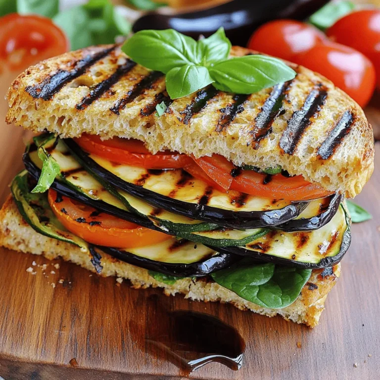 To make a grilled vegetable panini, you need fresh and colorful ingredients that deliver great flavors. Here is what you'll need: - 1 medium zucchini, sliced into thin strips - 1 bell pepper (red or yellow), sliced into strips - 1 small eggplant, sliced into thin rounds - 1 cup fresh spinach leaves - 1 medium tomato, sliced - 4 slices of whole grain or ciabatta bread - 4 tablespoons of hummus - 2 tablespoons olive oil - Salt and freshly ground black pepper to taste - 1 teaspoon dried oregano - 1 teaspoon balsamic vinegar These ingredients come together to create a tasty and healthy panini. Fresh vegetables not only add flavor but also provide nutrition. The hummus acts as a creamy spread and adds a rich taste. You can find the full recipe to guide you through the steps of making this delightful dish. Enjoy cooking! - First, preheat your grill or grill pan to medium heat. - In a bowl, combine the zucchini, bell pepper, and eggplant. - Drizzle with olive oil. Season with salt, pepper, and oregano. - Toss the vegetables until they are well coated. - Place the seasoned veggies on the grill. Cook for about 3-4 minutes per side. - Grill until tender and you see nice grill marks. - Once grilled, remove the vegetables and set them aside to cool. - Take the bread slices and spread hummus on one side of each slice. - On two of the hummus-coated slices, layer the grilled vegetables evenly. - Add fresh spinach leaves and slices of tomato on top. - Drizzle a teaspoon of balsamic vinegar over the veggies. - Place the other hummus-coated slices on top, hummus side down. - Lightly grease your grill pan to prevent sticking. - Carefully place the assembled panini in the pan. - Grill for about 4-5 minutes on each side until golden brown. - For a uniform finish, you can use a panini press. - Once grilled, remove the panini, slice it in half, and serve warm. Enjoy the delightful flavors! For the complete recipe, check out the Full Recipe section. When making a grilled vegetable panini, fresh vegetables are key. Look for bright colors and firm textures. Here are some tips: - Choose zucchini with smooth skin and no soft spots. - Pick bell peppers that feel heavy for their size. - Select eggplants that are shiny and firm. For bread, I recommend two types: - Whole grain bread adds a nutty flavor. - Ciabatta provides a nice crispy texture. To get perfect grill marks, follow these steps: - Preheat your grill or pan before adding vegetables. - Place the veggies in a single layer; avoid crowding. Cooking times may vary based on your ingredients: - Zucchini and bell peppers take about 3-4 minutes per side. - Eggplant may need a minute or two more. Pair your delicious panini with sides to enhance the meal: - Serve with a fresh salad for a light option. - Try a bowl of soup for warmth and comfort. For dips, hummus works well, but you can also use: - A tangy yogurt sauce for a cool contrast. - Pesto for a burst of flavor. For presentation: - Serve on a rustic board or colorful plate. - Garnish with fresh basil or mixed greens for color. Explore more ideas in the Full Recipe to perfect your dish! {{image_4}} You can get creative with your grilled vegetable panini. Try using different veggies to change the taste. Here are some ideas: - Mushrooms for a meaty texture - Artichokes for a unique flavor - Zucchini can be swapped with yellow squash - Roasted red peppers for sweetness You can also change the spreads. Here are a few options: - Pesto adds a fresh, herby zing - Cream cheese gives a rich, creamy base - Olive tapenade adds a salty kick If you need gluten-free options, choose gluten-free bread. Many brands offer tasty choices. You can also use lettuce wraps for a low-carb option. For vegan-friendly meals, simply skip the cheese. Use plant-based spreads like hummus or vegan cream cheese. These options keep the flavors rich and delicious. To give your panini a different twist, add spices. Italian seasonings like basil, thyme, or oregano work well. You can sprinkle these on the veggies before grilling. If you're a cheese lover, try experimenting with different types. Feta adds a tangy flavor, while mozzarella gives a nice melt. You can also drizzle with balsamic glaze for a sweet touch. For the full recipe, check out the earlier section. Enjoy your flavorful grilled vegetable panini! After enjoying your grilled vegetable panini, store any leftovers in an airtight container. This keeps them fresh. Aim to eat them within three days for the best taste and texture. If you leave it out, the bread may get soggy. You can freeze your panini for later meals. Wrap each sandwich tightly in plastic wrap, then place it in a freezer bag. This helps prevent freezer burn. When ready to eat, remove it from the freezer and thaw in the fridge overnight. Reheat in the oven for crispiness, or use a microwave if you’re in a hurry. To avoid sogginess, let the panini cool before storing. Wrap it tightly to keep air out. Use parchment paper to separate layers if stacking. This method keeps your panini fresh and tasty for when you’re ready to enjoy it again. You can use an oven or stovetop to make a grilled vegetable panini. If you have a broiler, set it to high. Place the assembled panini on a baking sheet and broil for a few minutes. Keep an eye on it to avoid burning. For stovetop cooking, use a skillet. Heat the pan over medium heat and add a little oil. Place the panini in the skillet, cover it, and cook for about five minutes on each side. For a creamy texture, try different cheeses in your vegetable panini. Mozzarella melts well and gives a soft, stretchy feel. Goat cheese adds a tangy flavor that pairs nicely with veggies. Feta cheese can also work well for a salty kick. You might even choose provolone or cheddar for a stronger taste. Feel free to mix and match! Yes, you can prep the vegetables ahead of time. Slice the zucchini, bell pepper, and eggplant a day before. Store them in a sealed container in the fridge. This way, you can save time when making your grilled vegetable panini. Just remember to season them right before grilling for the best taste. This blog covered how to create a delicious grilled vegetable panini. You learned about key ingredients, step-by-step instructions, and helpful tips. We also explored fun variations to keep your meals exciting. Remember to choose fresh ingredients and store your panini properly for the best taste. With a few simple tweaks, you can make this dish fit any diet. Now it’s time to gather your ingredients and enjoy making your perfect panini! Your taste buds will thank you.