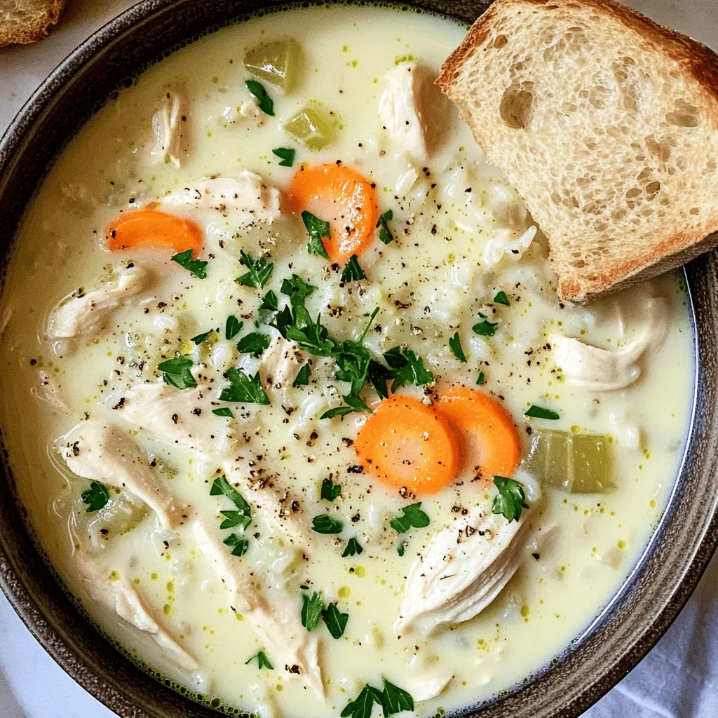 For a tasty Creamy Chicken and Rice Soup, you need simple ingredients. Here’s what to gather: - 1 lb boneless, skinless chicken breasts, cut into small cubes - 1 cup long-grain white rice, thoroughly rinsed until the water runs clear - 1 medium onion, finely chopped - 2 cloves garlic, minced - 3 medium carrots, peeled and sliced into thin rounds - 2 celery stalks, diced into small pieces - 6 cups rich chicken broth (homemade or low sodium) - 1 cup heavy cream - 2 tablespoons extra virgin olive oil - 1 teaspoon dried thyme - 1 teaspoon dried oregano - Sea salt and freshly cracked black pepper, to taste These ingredients combine to create a warm, flavorful soup. The chicken adds protein, while the rice provides heartiness. The broth brings depth, and the cream makes it rich. To make your soup special, think about these garnishes: - Fresh parsley, finely chopped - Bread for dipping - Croutons for crunch These add a nice touch and enhance the overall meal. The parsley gives a pop of color, while bread or croutons add texture. Enjoy experimenting with your favorites! You can find the full recipe [here](Full Recipe). First, you need to chop the vegetables and cube the chicken. Take 1 medium onion and finely chop it. Next, peel and slice 3 medium carrots into thin rounds. Then, dice 2 celery stalks into small pieces. Finally, cut 1 pound of boneless, skinless chicken breasts into small cubes. These fresh ingredients will make your soup tasty and bright. Start by heating 2 tablespoons of extra virgin olive oil in a large pot over medium heat. Wait until the oil shimmers before moving on. Add the chopped onion and sauté for about 5 minutes, until soft and clear. Then, add 2 cloves of minced garlic, sliced carrots, and diced celery. Cook for another 3 to 4 minutes, stirring often, until the veggies soften and smell great. Next, toss in the diced chicken. Season the mix with sea salt, black pepper, 1 teaspoon of dried thyme, and 1 teaspoon of dried oregano. Cook for 6-8 minutes, stirring occasionally, until the chicken is no longer pink. After that, gradually pour in 6 cups of chicken broth while stirring. Bring your pot to a rapid boil. Once boiling, stir in 1 cup of rinsed long-grain white rice. Cover the pot with a lid, reduce the heat to low, and let it simmer for 20-25 minutes. Stir it now and then to keep the rice from sticking. When the rice is tender, remove the pot from the heat. Carefully stir in 1 cup of heavy cream to make the soup rich and creamy. Taste the soup and adjust the seasoning if needed. You can add more salt and black pepper to your liking. Finally, ladle the soup into bowls and garnish with fresh parsley for a lovely look. Enjoy your creamy chicken and rice soup, a true comfort meal! For a complete guide, refer to the Full Recipe. Simmering time is key for perfect rice. When you add the rice, reduce the heat and cover the pot. A gentle simmer helps the rice cook evenly. If the heat is too high, the rice may stick to the bottom. Aim for a simmer of about 20-25 minutes. This ensures the rice absorbs the broth well, making your soup creamy and rich. To boost the flavor, consider adding fresh herbs. Fresh thyme or rosemary can elevate the taste. You can also throw in bay leaves for an earthy hint. For a touch of heat, a pinch of red pepper flakes works wonders. Don't forget to taste as you go and adjust seasonings to your liking. One common mistake is overcooking the chicken. Cook it just until it’s no longer pink. This keeps the chicken juicy and tender. Another mistake is not rinsing the rice. Rinsing removes excess starch, preventing sticky rice. Always rinse until the water runs clear before adding to the pot. {{image_4}} You can easily switch up ingredients in this creamy chicken and rice soup. If you want a lighter option, try turkey instead of chicken. Tofu is a great choice for a vegetarian twist. For the rice, consider using brown rice or quinoa. Both options add unique flavors and textures. Just remember that different rice types may change the cooking time. Always check to ensure they are tender. To give your soup a new flair, add spices like cayenne or paprika. A pinch of cayenne adds warmth, while paprika can enhance the color and flavor. You can also toss in vegetables like peas or corn for extra taste and nutrition. These small tweaks can make a big difference and keep your soup exciting. If you need gluten-free or dairy-free options, it’s easy to adapt. Use gluten-free broth and rice to keep it gluten-free. For dairy-free, swap heavy cream with coconut milk or a plant-based cream. These changes help everyone enjoy this comforting soup without worry. Always check labels to ensure your choices fit your dietary needs. After making your creamy chicken and rice soup, you want to store leftovers properly. Cool the soup to room temperature. Then, transfer it to an airtight container. Make sure the lid fits tightly to keep out air. You can store it in the fridge for up to three days. This keeps the flavors intact while keeping the soup safe to eat later. If you want to save the soup for later, freezing is a great option. First, let the soup cool completely before freezing. Pour it into a freezer-safe container. Leave some space at the top, as the soup will expand when it freezes. You can also use freezer bags for easy storage. To reheat, thaw the soup in the fridge overnight. Heat it on the stove over low heat, stirring often. If it seems thick, add a splash of broth or water to bring it back to a nice, creamy texture. Creamy chicken and rice soup can last a while if stored right. In the fridge, it stays fresh for three days. If you freeze it, the soup keeps well for up to three months. Always check for signs of spoilage before eating. Look for any changes in color or smell. Enjoy your creamy chicken and rice soup whenever you crave comfort! For the complete recipe, check out the Full Recipe section. Yes, you can use cooked chicken. Just chop it into small pieces. Add it after you sauté the vegetables. You need to reduce the cooking time. Heat everything until warmed through. This keeps the chicken tender and tasty. You can enjoy this soup with many sides. Here are some ideas: - Crusty bread for dipping - A fresh garden salad for crunch - Cheesy garlic bread for extra flavor - Simple crackers for added texture These sides match well with the creamy soup and add variety to your meal. There are a few ways to thicken your soup: - Add more rice: This absorbs liquid and makes it heartier. - Use a slurry: Mix cornstarch with cold water, then stir it in. - Blend some soup: Take a cup of soup and blend it, then return it to the pot. - Add a roux: Cook equal parts flour and butter, then stir this into the soup. These methods help create a rich and creamy texture in your chicken and rice soup. For the full recipe, check out the details above. This guide covered the essential ingredients for a creamy chicken and rice soup. I shared step-by-step instructions, tips for timing, and common mistakes to avoid. You can adjust flavors and even substitute ingredients to suit your taste. Remember, storing your leftovers properly is key to enjoying them later. With these insights, you're set to make a delicious, comforting soup that warms you up. Enjoy your cooking adventure!