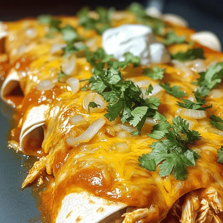 To make classic chicken enchiladas, you need a few simple ingredients. Here’s what you’ll need: - 2 cups cooked chicken, shredded - 1 cup onion, finely chopped - 2 cups enchilada sauce - 1 cup shredded cheese - 8 medium flour tortillas - 1 teaspoon garlic powder - 1 teaspoon ground cumin - Salt and pepper to taste - 1/4 cup fresh cilantro - Sour cream for serving (optional) These ingredients create a savory and delightful meal. The shredded chicken gives the enchiladas their main flavor. The onion adds sweetness, while garlic and cumin bring warmth. The enchilada sauce ties everything together with a rich taste. For the cheese, I recommend using either cheddar or Monterey Jack. Both melt nicely and add creaminess. Flour tortillas are perfect because they are soft and easy to roll. If you want to elevate the dish, fresh cilantro adds a burst of fresh flavor. You can also serve sour cream on the side for extra creaminess. With these ingredients ready, you can start your cooking adventure. For the full recipe, check out the details in the [Full Recipe]. 1. First, preheat your oven to 375°F (190°C). This step gets the oven ready for the enchiladas. 2. Next, heat a tablespoon of oil in a large skillet over medium heat. This oil helps cook the onions evenly. 3. Add 1 cup of finely chopped onion to the skillet. Sauté the onions until they become soft and translucent, about 5 minutes. This step builds a tasty base for your dish. 4. After the onions are ready, add 2 cups of shredded chicken to the skillet. Sprinkle in 1 teaspoon of garlic powder, 1 teaspoon of ground cumin, and a pinch of salt and pepper. Stir everything together and heat for 3-4 minutes. This mix should be warm and fragrant. 1. Take one tortilla and lay it flat on a clean surface. Spoon about 1/3 cup of the chicken mixture into the center of the tortilla. 2. Roll the tortilla tightly, making sure the filling stays inside. Place it seam-side down in a greased baking dish. 3. Repeat this process with the remaining tortillas, filling each with the chicken mixture. This step is fun and lets you build your dish. 1. Once all the tortillas are in the dish, pour 2 cups of enchilada sauce evenly over the top. This sauce keeps the enchiladas moist and adds flavor. 2. Next, sprinkle 1 cup of shredded cheese over the sauce. I love using cheddar or Monterey Jack for a creamy finish. 3. Cover the baking dish with aluminum foil. This prevents the cheese from burning while baking. Bake in the preheated oven for 20 minutes. 4. After 20 minutes, remove the foil and bake for an additional 10 minutes. You want the cheese to be bubbly and golden brown. 5. Once done, let the enchiladas rest for a few minutes. Then, garnish with 1/4 cup of finely chopped cilantro for a fresh touch. Enjoy your delicious classic chicken enchiladas! For more details, check out the Full Recipe. To get the best flavor in your enchiladas, focus on the chicken mixture. Use tender, juicy chicken for a great taste. Add the garlic powder and ground cumin for warmth. Mix well to blend all the flavors. Don't skip the salt and pepper; they enhance everything. When rolling tortillas, it’s key to warm them first. Heat them in a pan for a few seconds. This helps make them soft and less likely to tear. Place the filling in the center and fold the sides in. Then roll it tightly, keeping the filling secure. If a tortilla does tear, don’t worry. You can patch it with enchilada sauce when baking. For a stunning look, garnish your enchiladas with fresh cilantro. This adds color and a fresh taste. You can also drizzle more enchilada sauce on top for a rich look. Add a dollop of sour cream for creaminess. Lime wedges on the side boost the flavor and make it pop. Choose colorful plates to serve your enchiladas. Bright colors make the dish more inviting. A round plate works well for a nice presentation. Arrange the enchiladas neatly and enjoy the compliments! {{image_4}} You can easily spice up your chicken enchiladas. Adding jalapeños gives a nice kick. For a smoky flavor, try chipotle seasoning. Both options enhance the taste and bring heat. You can also explore different spicy enchilada sauces. Look for ones made with tomatillos or extra chili peppers. These sauces add depth and excitement to the dish. If you prefer a meatless meal, there are great alternatives. You can substitute chicken with black beans or mixed veggies. This keeps the dish hearty and satisfying. When it comes to cheese, consider using a blend of mozzarella and Monterey Jack. This combination melts well and creates a creamy texture. You can find many tasty vegetarian options that still bring flavor. For a full recipe, check out the main article. To keep your chicken enchiladas fresh, store them properly. First, let the enchiladas cool down to room temperature. Then, place them in an airtight container. You can also wrap them tightly in plastic wrap. If you want to save them for longer, freeze them. For freezing, use a freezer-safe container. Make sure to label the container with the date. They can stay good in the fridge for 3-4 days and in the freezer for up to 3 months. Reheating enchiladas needs care to keep their taste and texture. For the best results, use the oven. Preheat it to 350°F (175°C). Place the enchiladas in a baking dish. Cover them with foil to prevent drying out. Bake for about 20 minutes or until they are hot. You can also use a microwave. Place one enchilada on a plate, cover it with a damp paper towel, and heat for 1-2 minutes. This method helps keep them moist. Enjoy your enchiladas just like they were fresh! You can find the full recipe above to make a fresh batch anytime. What can I substitute for the chicken? You can use cooked turkey instead of chicken. Shredded beef works well too. If you want a vegetarian option, try black beans or sautéed veggies. Both choices keep the taste rich and satisfying. Can I make enchiladas ahead of time? Yes, you can prepare them a day early. Assemble the enchiladas, cover them, and store them in the fridge. When you’re ready to bake, just add extra time to heat them through. What are the best side dishes to serve with enchiladas? Serve your enchiladas with rice or beans for a filling meal. A fresh salad adds a nice crunch. You could also try corn on the side. These pair well and balance the flavors nicely. For the full recipe, check out the "Savory Chicken Enchiladas" section. You now have a complete guide to making delicious chicken enchiladas. We covered the key ingredients, step-by-step instructions, and helpful tips to enhance your dish. You learned about variations for spicy and vegetarian options too. Remember, storing and reheating properly keeps flavors intact. Enjoy creating this meal that will impress family and friends. Your culinary skills will grow with practice and creativity. Dive in and make these enchiladas your own!