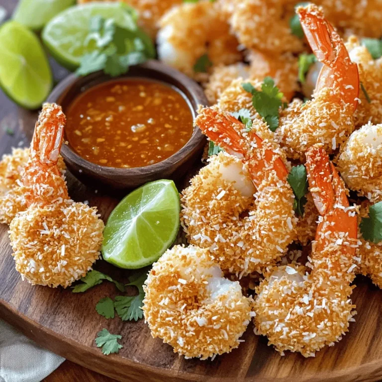 - 1 pound large shrimp, peeled and deveined - 1 cup unsweetened shredded coconut - 1 cup panko breadcrumbs - 1/2 cup all-purpose flour - 2 large eggs - 1 teaspoon garlic powder - 1 teaspoon paprika - 1/2 teaspoon salt - 1/4 teaspoon freshly ground black pepper - Cooking spray For people with allergies, you can make this dish gluten-free. Use gluten-free flour and breadcrumbs. When selecting shrimp, I suggest looking for shrimp that is firm and has a mild smell. Fresh shrimp should have a light color and a slight sheen. You will need an air fryer for this recipe. Make sure it has a good capacity for cooking shrimp evenly. Use mixing bowls to combine the ingredients. A shallow dish works well for the coconut and breadcrumbs. A whisk will help mix the eggs. 1. Preheat the air fryer to 400°F (200°C). This step is key for even cooking. Let it heat for about 5 minutes. 2. In a large bowl, combine the all-purpose flour, garlic powder, paprika, salt, and black pepper. Whisk them until mixed well. This will be your seasoned flour mixture. - Dredging techniques for crispy coating: Take each shrimp and first coat it in the seasoned flour. Make sure to shake off any extra flour. This helps the next layer stick better. - Tips for even coating: After the flour, dip the shrimp into the whisked eggs. Let the excess egg drip off. Then coat it in the coconut-panko mix. Press gently to ensure even coverage. - Arranging shrimp in the air fryer: Place the coated shrimp in a single layer in the air fryer basket. Do not overlap them to ensure they cook evenly. Lightly spray them with cooking spray for added crispiness. - Cooking time and temperature details: Air fry the shrimp for 8 to 10 minutes. Flip them halfway through for a golden brown finish. They are done when they look crispy and reach an internal temperature of 120°F (49°C). To get that golden crunch, use cooking spray. This step is key to crispiness. Lightly coat the shrimp before they cook. This adds flavor and helps them brown nicely. Cooking in batches helps too. If you overcrowd the air fryer, the shrimp may steam. This can make them soggy. So, cook in smaller groups for the best results. Pair your coconut shrimp with tasty sauces. I love sweet chili sauce for its perfect balance of heat and sweet. You can also try a tangy mango sauce or a zesty lime dip. For sides, serve with a fresh salad or some jasmine rice. Garnish with lime wedges and cilantro for a pop of color. This adds freshness and makes the dish more inviting. A common mistake is letting the shrimp get soggy. To avoid this, ensure they are well-coated but not too wet. Also, be mindful of cooking time. Overcooked shrimp can turn rubbery. They should be pink and firm but not tough. Follow the cooking times in the Full Recipe for the best results. Enjoy your crispy coconut shrimp! {{image_4}} You can make your coconut shrimp more exciting. Try adding spices to the flour mix. A bit of curry powder gives a nice kick. You can also use flavored breadcrumbs. Garlic or herb panko adds depth. Experiment and find your favorite blend. If you want alternatives, consider swapping the coconut. Try crushed cornflakes for a different texture. You can also change the protein. Chicken or tofu works well. Just make sure to adjust cooking times based on the new protein choice. Air frying gives the best crisp. But you can bake them too. If using an oven, set it to 425°F (220°C). Bake for about 15-20 minutes, flipping halfway. This method works if you don’t have an air fryer. To keep your coconut shrimp fresh, use airtight containers. Glass containers work great. They keep the shrimp crispy and tasty. If you have a lot, you can use freezer bags. Store the leftovers in the fridge for up to three days. In the freezer, they last up to three months. Just remember to label your bags with the date. To reheat coconut shrimp, use your air fryer. Set it to 350°F (175°C) for about 5 minutes. This method keeps them crispy. You can also use a conventional oven. Place them on a baking sheet and heat for 10 minutes at 375°F (190°C). Avoid using a microwave. It makes the shrimp soggy. Keep an eye on them to prevent overcooking. You want them warm, not dry. You can tell shrimp are done when they turn pink and opaque. They should also curl into a "C" shape. If they look gray or feel soft, they need more time. Fully cooked shrimp have an internal temperature of 120°F (49°C). Yes, you can make this coconut shrimp gluten-free! Use gluten-free flour and gluten-free panko breadcrumbs. Many brands offer great options that taste amazing. Always check the labels to ensure they are safe. Coconut shrimp taste great with many sauces. Here are some popular choices: - Sweet chili sauce - Mango salsa - Pineapple dipping sauce - Spicy aioli You can even make your own by mixing mayonnaise with sriracha for heat. Yes, you can use frozen shrimp! Just make sure to thaw them first. Place the shrimp in the fridge overnight or run them under cold water for a quick thaw. Pat them dry before coating to help the breading stick. To add heat, mix cayenne pepper into your flour mixture. You can also sprinkle some chili flakes in the coconut and panko coating. Another option is to serve with a spicy dipping sauce for a kick. You can find the Full Recipe for Air Fryer Coconut Shrimp, which includes all the details you need to make this tasty dish. Enjoy the crispy and flavorful delight! This blog post explored how to make crispy coconut shrimp. We covered ingredients, essential tools, and step-by-step instructions. You learned tips for a perfect crisp and common mistakes to avoid. Variations like spice additions and cooking methods were also discussed. By following this guide, you can create delicious coconut shrimp at home. Enjoy your cooking journey and share with friends! The right techniques and tools make all the difference. Happy frying!