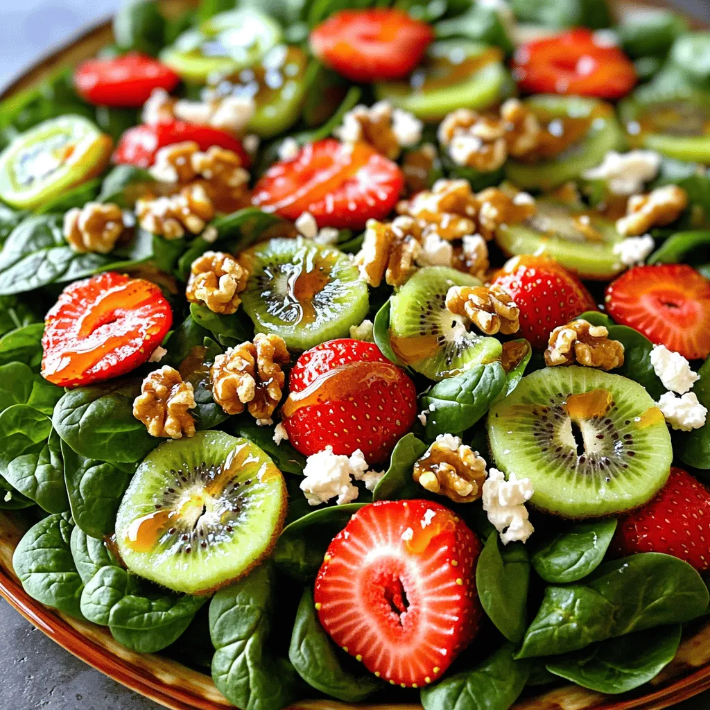 - Fresh spinach - Strawberries - Kiwi fruit - Feta cheese - Walnuts - Honey - Balsamic vinegar - Olive oil - Salt and pepper When I think of a salad that sings with summer flavors, the Strawberry Kiwi Spinach Salad comes to mind. This dish uses fresh, bright ingredients that make it both tasty and good for you. Each bite bursts with sweet and tangy notes from the strawberries and kiwi. Together with spinach, this salad is a feast for your taste buds. Fresh spinach forms the base. It gives a lovely green color and has a mild flavor. Strawberries add sweetness, while kiwi brings a zingy twist. Feta cheese adds creaminess, making the salad rich and satisfying. I love adding walnuts for a crunchy texture and a nutty flavor. For the dressing, I use honey, balsamic vinegar, and olive oil. This mix ties all the flavors together. A pinch of salt and pepper rounds off the taste. You can find the full recipe [here](Full Recipe). - Calories per serving: Approximately 180 - Key vitamins and minerals: Vitamin C, Vitamin K, and potassium - Health benefits of main ingredients: - Spinach is rich in iron and aids in digestion. - Strawberries are packed with antioxidants for skin health. - Kiwi supports your immune system and improves digestion. - Feta cheese provides protein and calcium for strong bones. - Walnuts contain omega-3 fatty acids that are heart-healthy. This salad is not just a treat for your palate; it also nourishes your body. Enjoying it regularly can boost your health and keep you feeling great! 1. Start with 4 cups of fresh spinach. Rinse the leaves well under cold water. 2. Use a salad spinner or paper towels to dry the spinach. This keeps the salad crisp. 3. Next, take 1 cup of fresh strawberries. Hull them to remove the green tops. 4. Slice the strawberries into thin pieces for easy eating. 5. Now, grab 2 ripe kiwi fruits. Peel them carefully and slice them thinly too. 1. In a large bowl, add the dried spinach as your base. 2. Neatly layer the sliced strawberries and kiwi on top of the spinach. 3. Sprinkle 1/2 cup of crumbled feta cheese over the fruit. This adds creaminess. 4. Finish with 1/4 cup of chopped walnuts for a crunchy texture. 1. In a small mixing bowl, combine 2 tablespoons of honey, 2 tablespoons of balsamic vinegar, and 1 tablespoon of olive oil. 2. Add a pinch of salt and freshly ground black pepper for flavor. 3. Use a whisk to mix the ingredients. Whisk until they blend well and become slightly thick. 1. Drizzle the dressing evenly over the salad. This ensures every bite is flavorful. 2. Use salad tongs to gently toss the salad. Make sure to keep the fruits intact. 3. Serve the salad right away for the best taste. You can chill it for 10-15 minutes if you like. For the complete recipe, check the [Full Recipe]. To keep your salad fresh, store it in an airtight container. This helps to prevent wilting. Always keep the dressing separate until you are ready to serve. If you want to prepare the salad in advance, wash and dry the spinach first. Slice the strawberries and kiwis but store them in the fridge. This way, they stay fresh and bright. This salad pairs well with grilled chicken for a hearty meal. You can also add shrimp or tofu for extra protein. It works great for picnics, potlucks, or casual dinners. Serve it as a starter or a side dish. For creative serving ideas, use a large, colorful platter. This makes the salad look inviting. You can also serve it in individual bowls for a more personal touch. For garnishing, add extra slices of strawberry and kiwi on top. This enhances the colors and makes it even more delightful. {{image_4}} You can easily change up this salad. If you want a different leafy green, try arugula. Arugula adds a peppery bite that pairs well with the sweet fruits. You can also swap nuts. Use pecans or almonds for a new flavor. For cheese, goat cheese or even a vegan option works great too. Let’s talk about dressings. You can make many kinds at home. A simple lemon vinaigrette adds a fresh twist. If you prefer creamy, try a yogurt-based dressing. It makes the salad rich and smooth. Light dressings let the fruit shine. Creamy dressings add depth and richness. You can also mix honey with mustard for a honey-mustard dressing. Want to make your salad heartier? Add grains like quinoa or farro. They give you more texture and keep you full longer. You can also toss in more fruits. Blueberries or raspberries are great choices. They add color and flavor. Feel free to get creative. Adding different fruits makes each bowl unique. If you want the full recipe, check it out [Full Recipe]. - Prep Time: 10 mins - Total Time: 10 mins - Servings: 4 The Strawberry Kiwi Spinach Salad is fresh, bright, and full of flavor. The sweet berries and kiwi contrast nicely with the earthy spinach. This salad is quick to make, perfect for a light meal or a side dish. - Step 1: Prepare a large salad bowl with clean spinach. - Step 2: Arrange sliced strawberries and kiwi on top. - Step 3: Sprinkle crumbled feta cheese and chopped walnuts. - Step 4: Mix honey, balsamic vinegar, olive oil, and seasonings in a bowl. - Step 5: Drizzle the dressing over your salad. - Step 6: Toss gently to coat the greens and fruits. - Step 7: Serve right away or chill for 10-15 minutes. This salad shines with its bright colors and textures. You get the crunch from walnuts and the creaminess of feta. Using fresh, local ingredients adds more flavor. Enjoy this delightful dish with your family or friends! For the full recipe, check out the link provided. If you want a dairy-free option, try using tofu. Crumble firm tofu for a similar texture. You can also use goat cheese or ricotta for a creamier taste. For a sharper flavor, try blue cheese. Each option will change the salad’s taste, so pick what you like best. Yes, you can prepare this salad a few hours in advance. Keep the dressing separate until you are ready to serve. This way, the greens stay crisp, and the fruits remain fresh. If you want to make it the night before, add the dressing just before eating. Absolutely! This salad works well for meal prep. You can divide the salad into containers for the week. Use a small container for the dressing. This keeps everything fresh and ready to grab. Just toss it all together at lunch for a quick, tasty meal. Enjoy this fresh and flavorful dish anytime! For the complete instructions, check the Full Recipe. This blog post guides you through making a fresh Strawberry Kiwi Spinach Salad. We covered key ingredients and their health benefits. I shared step-by-step instructions for perfect prep and assembly. With tips on storage and presentation, you can enjoy this dish anytime. Feel free to swap ingredients or try new dressings. This salad is both tasty and nutritious, making it a great choice for any meal or occasion. Enjoy creating your own version, and remember to have fun with it!