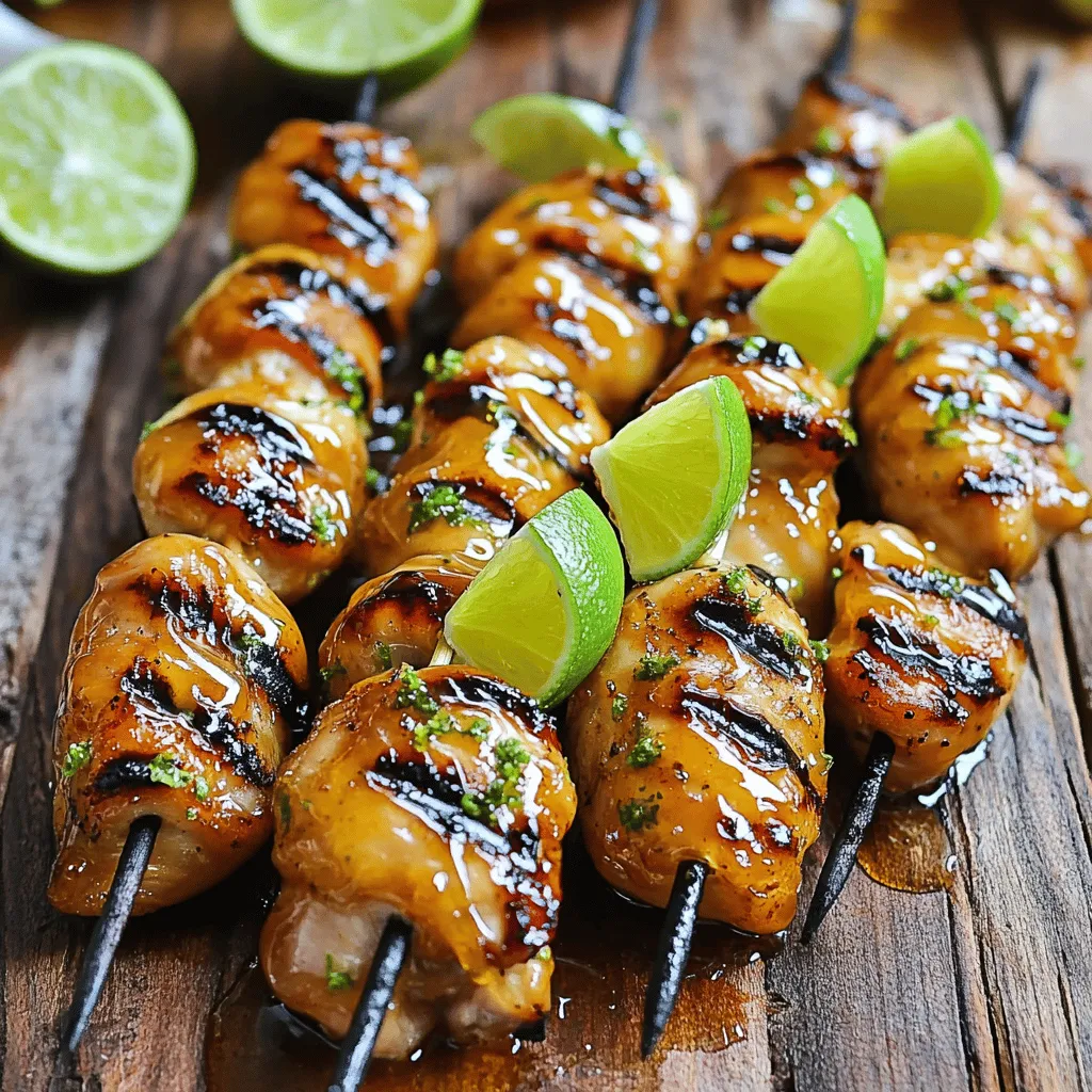 To make delicious honey lime chicken skewers, gather these key ingredients: - 1 lb boneless, skinless chicken thighs, cut into 1-inch pieces - 3 tablespoons honey - 2 tablespoons freshly squeezed lime juice - 1 tablespoon lime zest - 2 tablespoons extra-virgin olive oil - 2 cloves garlic, minced - 1 teaspoon ground cumin - 1 teaspoon chili powder - Salt and pepper to taste - Skewers (wooden or metal) These ingredients work together to create a tasty and bright flavor. The honey adds sweetness, while lime juice and zest bring a zesty kick. You can enhance your skewers with these optional ingredients: - Fresh cilantro, chopped - Red onion, cut into chunks - Bell peppers, cut into squares - Pineapple chunks Adding these will give your skewers more color and flavor. Fresh herbs and veggies add a delightful crunch and freshness. Choose the right skewers for grilling: - Wooden skewers: Soak them in water for 30 minutes before use. This helps prevent burning. - Metal skewers: They don’t need soaking and can be reused. They also help cook the chicken evenly. Using the right skewers ensures your honey lime chicken skewers cook perfectly. For the full recipe, check out the complete cooking instructions. To make the marinade, gather your ingredients. You will need honey, lime juice, lime zest, olive oil, garlic, cumin, chili powder, salt, and pepper. In a large bowl, mix honey, lime juice, lime zest, and olive oil. Stir in minced garlic, cumin, chili powder, salt, and pepper. Whisk until the mixture is smooth. This marinade gives your chicken a sweet and tangy flavor. Next, add the chicken pieces to the bowl with the marinade. Toss the chicken well, so every piece gets coated. Cover the bowl with plastic wrap and place it in the fridge. Let it marinate for at least 30 minutes. If you want a stronger flavor, you can marinate it for up to 2 hours. This step is key. It helps the chicken soak up all those tasty flavors. If you use wooden skewers, soak them in water for 30 minutes before grilling. This step prevents burning. Preheat your grill or grill pan to medium-high heat. Now it's time to assemble the skewers. Thread the marinated chicken pieces onto the skewers. Leave a little space between each piece. This helps them cook evenly. Place the skewers on the grill. Cook for about 10-12 minutes. Turn them occasionally to get nice grill marks. Check the chicken's internal temperature. It should reach 165°F (75°C) for safety. Once done, remove the skewers from the grill. Let them rest for a few minutes before serving. This helps keep them juicy. For extra flavor, drizzle some honey and a squeeze of lime on top. Enjoy your delicious honey lime chicken skewers! For the full recipe, refer to the earlier section. Marinating your chicken is key. The longer you marinate, the better the flavor. I suggest at least 30 minutes. If you can, go for 2 hours. The honey and lime juice work together to tenderize the meat. They also add a sweet and tangy kick. Make sure every piece of chicken is well-coated in the marinade. This helps each bite burst with flavor. Grilling at the right temperature is crucial. Aim for medium to high heat. This helps the chicken cook evenly and get those nice grill marks. Preheat your grill for about 10-15 minutes before cooking. When you place the skewers on the grill, don’t crowd them. Leave some space between each skewer. This ensures hot air circulates around them. Flip the skewers every few minutes. Cook for about 10-12 minutes. Check that the chicken reaches 165°F. Honey lime chicken skewers are great on their own. But you can take them up a notch. Serve them with a fresh salad or rice. A side of grilled veggies adds color and flavor, too. You can also drizzle extra honey or lime juice on top before serving. This enhances the dish’s taste. For a fun twist, try them with a fruity salsa. They pair well with drinks like lemonade or iced tea. For the full recipe, check the link provided. {{image_4}} You can change the flavor of your honey lime chicken skewers by using different marinades. Try adding soy sauce for a savory taste. You can also mix in some ginger for a spicy kick. Another option is to use orange juice instead of lime juice. This gives a bright, sweet twist. Experimenting with herbs like cilantro or basil can also add a fresh touch. If you want to swap the chicken, there are great options. You can use shrimp for a quick-cooking alternative. Beef or pork works well too, just cut them into similar-sized pieces. If you choose fish, go for firm types like salmon or tuna. Adjust cooking times as needed, so everything stays juicy and tender. For a vegetarian or vegan twist, use tofu or tempeh. Both soak up flavors well and grill beautifully. Marinate them just like you do with chicken. You can also use hearty vegetables, like bell peppers, zucchini, or mushrooms. These add great color and taste. Skewering mixed veggies creates a fun and healthy dish for everyone. For the full recipe, check out the detailed steps to make these delicious skewers! To store leftover chicken skewers, let them cool first. Place them in an airtight container. You can keep them in the fridge for up to three days. Make sure they are completely cooled before sealing. This helps keep the chicken juicy and fresh. Reheat your skewers in a few simple steps. Place them on a baking sheet. Preheat your oven to 350°F (175°C). Heat them for about 10-15 minutes. You can also use a microwave if you prefer it faster. Just cover them with a damp paper towel and heat for one to two minutes. This keeps the chicken moist. If you want to freeze the skewers, wrap them tightly in plastic wrap. Then, place them in a freezer-safe bag. They will stay good for up to three months. When you're ready to eat, thaw them in the fridge overnight. Reheat as mentioned above. Enjoy the same great flavor! For the full recipe, check out the detailed steps to make these tasty skewers. You can tell the chicken is done when it reaches 165°F (75°C). Use a meat thermometer to check the thickest part of the meat. The chicken should be white with no pink spots. You can also cut a piece in half to see if the juices run clear. If the juices are red or pink, it needs more time to cook. Yes, you can make honey lime chicken skewers in the oven. Preheat your oven to 400°F (200°C). Place the skewers on a baking sheet lined with parchment paper. Bake them for about 15-20 minutes, turning halfway through. Check the chicken's temperature to ensure it’s cooked through. Honey lime chicken skewers go well with many dips and sides. Try serving them with: - Avocado dip - Sour cream - Guacamole - Fresh salsa - Rice or quinoa - Grilled veggies These pairings will enhance the meal and make it even more delicious. For the full recipe, check the earlier sections for all the details. This blog post covered how to make honey lime chicken skewers. We explored key ingredients, marinating tips, and how to cook them. I shared ways to vary the recipe and store leftovers. Remember, marinating well brings the best flavor. Skewers are easy and fun to make. You can mix and match ingredients for your taste. Enjoy cooking and sharing these skewers with friends. Your next meal can be a hit with these simple steps!