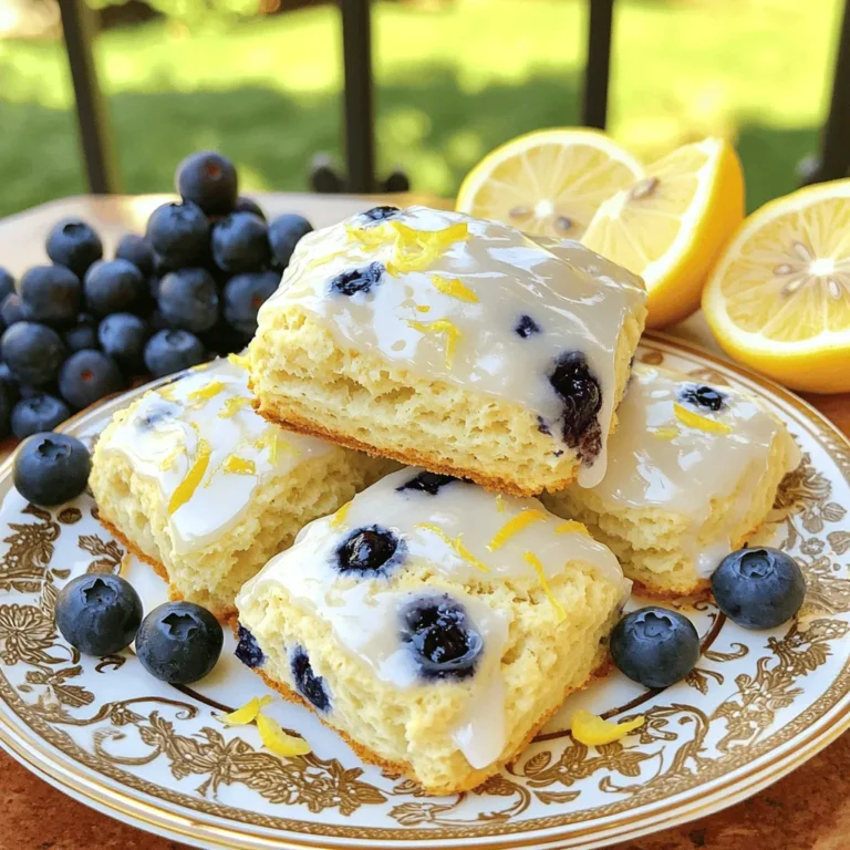 - 2 cups all-purpose flour - 1/4 cup granulated sugar - 1 tablespoon baking powder - 1/2 teaspoon salt - 1/2 cup unsalted butter, cold and cubed - 1/2 cup blueberries (fresh or frozen) I use all-purpose flour for a light and fluffy texture. The sugar adds sweetness, while baking powder helps the scones rise. Salt balances the flavors. Cold, cubed unsalted butter is key for that flaky texture. Fresh or frozen blueberries bring juicy bursts of flavor. - Zest of 1 lemon - 1/2 cup heavy cream - 1 large egg - 1 teaspoon vanilla extract - 1 tablespoon lemon juice Lemon zest adds a bright, fresh taste. Heavy cream keeps the scones moist. The egg helps bind the dough. Vanilla extract adds depth, and lemon juice enhances the tartness. These zesty additions make your scones irresistible. - 1/4 cup powdered sugar - 1-2 tablespoons lemon juice The glaze is simple yet delicious. Powdered sugar creates sweetness, while lemon juice adds a tangy finish. Drizzle this on your warm scones for a lovely touch. For the full recipe, check out Zesty Blueberry Lemon Scones 🫐. - Preheat your oven to 400°F (200°C). - Line a baking sheet with parchment paper. This helps with easy cleanup and removal. - In a big bowl, mix 2 cups of all-purpose flour, 1/4 cup of granulated sugar, 1 tablespoon of baking powder, and 1/2 teaspoon of salt. - Make sure it’s combined well. This is your dry mix, which gives the scones their structure. - Add 1/2 cup of cold, cubed butter to the dry mix. - Use your fingers or a pastry cutter to blend the butter into the flour. Aim for crumbs that look like coarse sand, with some small pieces left for flakiness. - Carefully mix in 1/2 cup of blueberries and the zest of 1 lemon. Try not to squish the blueberries; they add juicy bursts of flavor. - Turn the dough onto a floured surface. Shape it into a circle, about 1 inch thick. - Use a sharp knife to cut the dough into wedges. You can also use a round cutter for classic shapes. - Place the scones on the lined baking sheet, leaving space between each. Bake them for 15-20 minutes, or until they turn golden brown. Enjoy the lovely smell as they bake! For the full recipe, check out the Zesty Blueberry Lemon Scones 🫐. To avoid overmixing the dough, mix just until combined. This keeps your scones soft. Overworking the dough can make them tough. Use a gentle hand when folding in ingredients. Cold butter is key for flakiness. When you cut in the cold butter, it creates air pockets. These pockets help the scones rise and stay light. Always keep your butter in the fridge until you’re ready to use it. Want more lemon flavor? Add extra lemon zest to your dough. You can also mix in a splash of lemon extract for a boost. If you love tartness, try a bit more lemon juice in the glaze. You can use different types of blueberries for variety. Fresh blueberries burst with juice, but frozen ones work well too. If you want something unique, try using wild blueberries. They add a deeper flavor and are often smaller. Serve your scones warm for the best taste. A dollop of whipped cream or a side of lemon curd makes them even better. Drizzle the glaze on top for a sweet finish. For garnishing, fresh fruit adds beauty. Arrange a few blueberries or slices of lemon on the plate. This not only looks nice but also enhances the fresh flavor of the scones. For the complete recipe, check out the Full Recipe for Zesty Blueberry Lemon Scones. {{image_4}} You can use different fruits in your scones. Raspberries add a sweet-tart flavor. Cranberries give a nice pop of color and a tangy bite. Both fruits pair well with lemon. Just make sure to adjust the sugar if you use tart berries. Want to make gluten-free blueberry lemon scones? Use gluten-free all-purpose flour instead of regular flour. This swap works well and keeps the scones fluffy. For vegan options, substitute unsalted butter with coconut oil or vegan butter. Use almond milk or oat milk instead of heavy cream. These swaps will make tasty vegan scones. To change the flavor, try adding white chocolate chips. They melt and add a creamy sweetness. You can also mix in chopped almonds for a nutty crunch. Both options create a unique twist on classic blueberry lemon scones. Experimenting with flavors can lead to delightful surprises. For more details and tips, check out the [Full Recipe]. To keep your blueberry lemon scones fresh, store them in an airtight container. This helps keep moisture out and prevents them from drying out. You can also wrap each scone in plastic wrap. If you stack them, place parchment paper between each scone. This prevents sticking and keeps them nice. You can freeze blueberry lemon scones for later use. First, let them cool completely. Then, place them in a single layer on a baking sheet. Freeze for about an hour. Once frozen, transfer them to a freezer bag. Remove as much air as possible to avoid freezer burn. For reheating, bake from frozen at 350°F (175°C) for 15-20 minutes. At room temperature, scones last about 2-3 days if stored properly. In the fridge, they can last up to a week. The cold air keeps them fresher longer. Keep an eye on them, as they tend to dry out. Enjoy your scones while they are still at their best! If you want the full recipe, check out Zesty Blueberry Lemon Scones 🫐. Yes, you can make these scones ahead. Prepare the dough and shape it. Wrap it tightly in plastic wrap. Store it in the fridge for up to 24 hours. When ready to bake, just slice and bake straight from the fridge. This keeps them fresh and tasty. Dense scones often come from a few common mistakes. First, overmixing the dough is a big one. Stop mixing as soon as the ingredients blend. Second, using warm butter can ruin the texture. Always use cold butter for best results. Lastly, check your baking powder is fresh. Old baking powder can lead to flat scones. Look for a golden brown color on the top. The edges should be firm, and the center should feel slightly soft but not wet. You can also check with a toothpick. If it comes out clean, your scones are ready! Serve scones warm for the best taste. Pair them with tea or coffee. You can add a dollop of whipped cream or lemon curd on top. A sprinkle of fresh fruit can make them pop on the plate. You can find the full recipe for Zesty Blueberry Lemon Scones 🫐 [here](#). In this post, we explored the tasty world of blueberry lemon scones. We covered the key ingredients and provided easy steps to make them. I shared tips for perfect texture and fun variations too. Remember, using cold butter and not overmixing makes a big difference. Try adding your favorite fruits or flavors to mix things up. With these ideas, you can bake the perfect scone every time. Enjoy making and sharing your delicious scones!