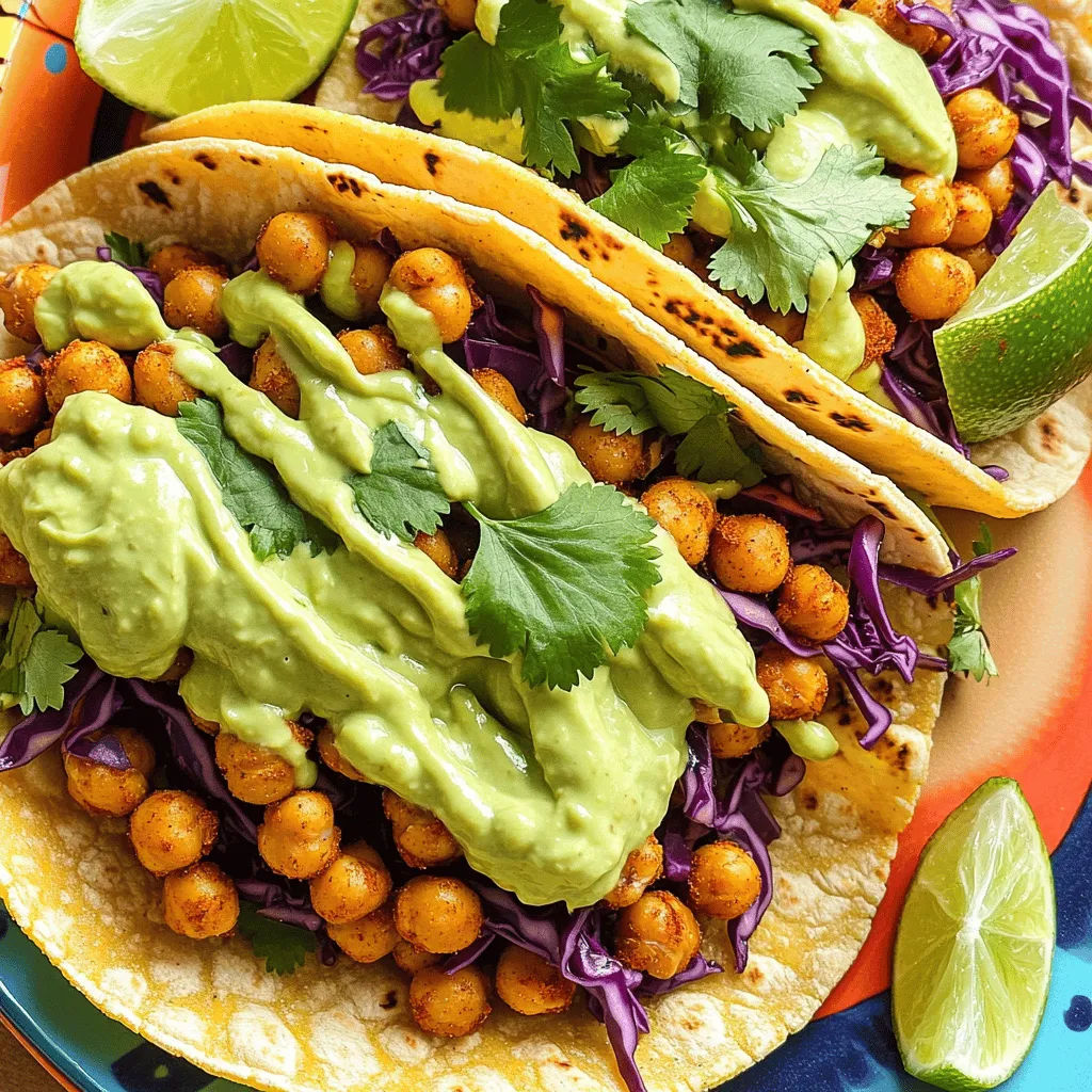 - 1 can (15 oz) chickpeas, drained and rinsed - 8 small corn or flour tortillas - 1 cup shredded red cabbage - 1/2 cup fresh cilantro, roughly chopped - 1 lime, cut into wedges for serving - 1 ripe avocado - 1/4 cup Greek yogurt (or dairy-free alternative) - 1 tablespoon freshly squeezed lime juice - 1 clove garlic, finely minced - Salt to taste - Tossing chickpeas with spices: In a bowl, add chickpeas, olive oil, smoked paprika, ground cumin, cayenne pepper, salt, and pepper. Mix well to coat them evenly. - Sautéing for texture: Heat a skillet over medium heat. Add the spiced chickpeas and sauté for about 5-7 minutes. Stir often until they are warm and a bit crispy. This adds a nice crunch to the tacos. - Mashing avocado and mixing other ingredients: In a small bowl, mash the ripe avocado with a fork. Add Greek yogurt, lime juice, minced garlic, and salt. Stir until smooth and creamy. - Adjusting seasoning to taste: Taste the cream and tweak the salt or lime juice as needed. It should be rich and fresh. - Warming tortillas for better flavor: In another skillet, warm each tortilla for about 30 seconds on each side. This makes them soft and easy to fold. - Layering chickpeas and toppings: Place a scoop of spiced chickpeas in the center of each tortilla. - Drizzling with avocado cream: Add a handful of shredded red cabbage on top, then drizzle with avocado cream. - Balancing spice and flavor: Adjust cayenne pepper to fit your taste. You want heat but not too much. - Ensuring crispy chickpeas: Make sure to sauté them long enough for a crispy finish. - Plating ideas for presentation: Arrange tacos on a colorful plate. Add lime wedges for a vibrant look. - Complementary side dishes: Serve with a simple salad or rice for a complete meal. - Black beans or lentils can be used instead of chickpeas. They both pack great flavor. - Vegan yogurt works well for the avocado cream, making this dish plant-based. - Modify the cayenne pepper based on your spice preference. - Add jalapeños for extra heat if you like it fiery. - Store leftover chickpeas and avocado cream in airtight containers in the fridge. - Keep tortillas separate to avoid sogginess. - Use a microwave to warm leftovers quickly, but a stovetop preserves texture better. - Heat chickpeas until warm, but avoid overcooking them. Yes, you can prepare the chickpeas and avocado cream in advance. Just store them properly. Use corn tortillas instead of flour ones for a gluten-free meal. Try black beans or lentils for a different flavor. It is best fresh, but you can freeze it. Just know the texture may change. For the full recipe, please check the details above. Enjoy your cooking! This blog post covered how to make tasty chickpea tacos. You learned about the main ingredients, like chickpeas and tortillas, and how to create creamy avocado sauce. I shared step-by-step instructions for preparing and assembling your tacos. We also discussed tips for perfect tacos and fun variations. When you try these tacos, remember to balance flavors. Enjoy experimenting with different ingredients to suit your taste. Happy cooking!