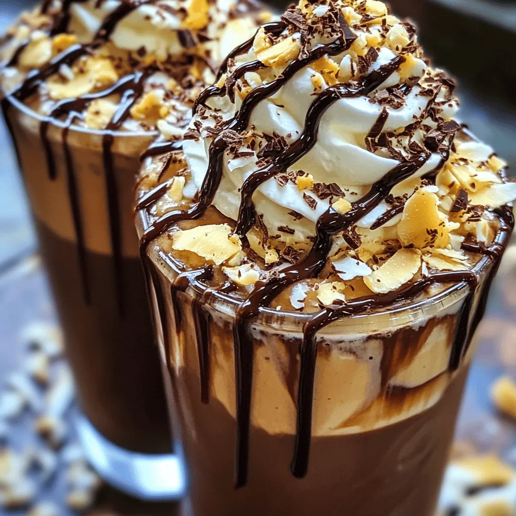 To make a tasty chocolate coconut frappe, you need: - 1 cup brewed coffee - 1 cup coconut milk - 2 tablespoons unsweetened cocoa powder - 2 tablespoons sweetened shredded coconut - 2 tablespoons chocolate syrup - 1 tablespoon honey or maple syrup - 1 cup ice cubes These simple ingredients create a rich and creamy drink. The brewed coffee gives it depth. Coconut milk adds a smooth texture. Cocoa powder ramps up the chocolate flavor. Sweetened shredded coconut brings a delightful chew. Chocolate syrup sweetens and enhances the taste. Honey or maple syrup allows you to control how sweet it is. Finally, the ice cubes make it cold and refreshing. For an extra touch, consider these garnishes: - Whipped cream - Toasted coconut flakes - Chocolate shavings These add visual appeal and texture to your drink. Whipped cream makes it indulgent. Toasted coconut flakes give a crunchy contrast. Chocolate shavings offer a touch of elegance. If you want the full recipe, check out the detailed instructions to whip up this delightful drink! - Step 1: Brew and Cool Coffee Start by brewing your favorite coffee. Let it cool to room temperature. This step is key to keep your frappe smooth. - Step 2: Combine Ingredients in Blender In a blender, pour in the cooled coffee. Add one cup of coconut milk, two tablespoons of cocoa powder, and two tablespoons of shredded coconut. Don't forget the chocolate syrup and honey or maple syrup for sweetness! - Step 3: Blending Process Top the mixture with one cup of ice cubes. Secure the lid tightly. Blend on high speed until you get a smooth and frothy mix. This should take about 30 seconds. - Step 4: Adjusting Sweetness After blending, taste your frappe. If you want it sweeter, simply add more honey or maple syrup. Blend again for a few seconds to mix it in well. - Step 5: Drizzling Chocolate Syrup Take your serving glasses and drizzle chocolate syrup along the inner sides. This adds a fun and tasty touch. - Step 6: Pouring and Topping Carefully pour the blended frappe into each glass. Fill them just below the rim to avoid spills. - Step 7: Final Garnishes Top each glass with whipped cream. Then sprinkle toasted coconut flakes and chocolate shavings on top. This makes your frappe look extra special! Enjoy your Chocolate Coconut Frappe right away! You can find the full recipe to guide you through this delicious treat. Choosing the Right Coffee Start with a strong coffee. Brew it strong so it stands out in the drink. You can use any coffee you love. I find dark roasts work best. They add a rich flavor that pairs well with chocolate and coconut. Blender Techniques for Ideal Consistency Use a high-power blender for this recipe. Add your ingredients in the right order. This helps mix them well. Start with liquids, then add powders, and finally ice. Blend until it’s smooth and frothy. This will give your frappe a creamy texture. Adjusting Sweetness to Taste Taste your frappe before serving. If you want it sweeter, add more honey or maple syrup. Remember, you can always add more, but you can’t take it out. Balance the sweetness with the chocolate and coconut flavors. Creative Ways to Serve Serve your frappe in tall, clear glasses. This shows off the layers. Drizzle chocolate syrup on the inside of the glass. It looks fancy and tastes great. You can also add a colorful straw for fun. Adding Tropical Elements For a tropical feel, garnish with toasted coconut flakes. You can also add chocolate shavings on top of the whipped cream. A slice of fresh coconut on the side adds a nice touch. These small details make your frappe look amazing! For the full recipe, check out the Chocolate Coconut Frappe details above! {{image_4}} You can make this frappe fit your needs easily. - Vegan Option: Swapping Dairy If you want a vegan frappe, swap the coconut milk for almond milk or oat milk. Both options keep the drink creamy and tasty. You can also use coconut cream for extra richness. - Sugar-Free Variation: Sweetener Alternatives You can skip sugar by using sugar-free sweeteners. Try stevia or erythritol. They taste sweet without adding calories. Adjust the amount to your taste for the perfect balance. To make this frappe even more exciting, add some fun flavors. - Adding Flavor Extracts (e.g., vanilla or mint) Consider adding a splash of vanilla extract for a warm touch. Mint extract can give it a refreshing twist. Just a few drops can change the whole drink. - Mixing in Other Ingredients (e.g., banana or espresso) Want to make it fruity? Blend in half a banana for a creamy texture. If you love coffee, add a shot of espresso. This will boost the coffee flavor and energy level. These simple changes can make your Chocolate Coconut Frappe truly unique and delicious. Feel free to experiment! For the full recipe, check the earlier section. Storing Leftover Frappe If you have leftover frappe, store it in a sealed container. Make sure the container is airtight. This helps keep the flavor fresh. You can refrigerate it for up to two days. When you're ready to enjoy it again, give it a good shake or stir before drinking. The texture may change a bit, but it will still taste great. Reheating Tips for Coffee If you want to reheat your coffee, do it gently. Pour the coffee into a small pot. Heat it on low on the stove. Stir it often to avoid burning. You can also use a microwave. Heat it in short bursts, stirring in between. Enjoy your warm coffee as a base for a new frappe, or simply drink it hot! Prepping Ice Cubes and Cocoa Mixture To save time, prep your ice cubes ahead of time. Fill an ice tray with water and freeze. You can also mix your cocoa with a little coconut milk. Store this mixture in the fridge. It makes blending easier when you are ready to make your frappe. Making Ahead for Quick Assembly You can make the frappe quickly if you prepare in advance. Brew your coffee and cool it. Store it in the fridge. Keep your coconut milk and other ingredients ready. This way, when you want a refreshing drink, you can blend it up in no time. Enjoy your Chocolate Coconut Frappe anytime! Can I use a different milk alternative? Yes, you can use almond milk or oat milk. Each milk adds a unique flavor. Coconut milk gives a creamy taste, but other options work well too. How do I make this recipe non-caffeinated? You can swap brewed coffee for decaf coffee or use hot cocoa. Both options will still provide a rich and tasty drink. What are the health benefits of coconut milk? Coconut milk is rich in healthy fats. It may support heart health and aid in digestion. It's also a good source of vitamins and minerals. How long does the frappe last in the fridge? The frappe stays fresh for about one day. To keep it tasty, store it in an airtight container. Shake or stir before serving again. Can I freeze this frappe for later? Yes, you can freeze it! Pour the frappe into an ice cube tray. Later, blend the frozen cubes for a quick treat. This keeps it fresh for a longer time. For the full recipe, check the details above. Enjoy making this delightful treat! This article covered how to make a delicious Chocolate Coconut Frappe. We discussed essential ingredients, helpful steps, and tips for perfecting your drink. You learned creative ways to customize and serve your frappe. Whether you prefer a vegan version or different flavor boosts, options abound. Remember to store leftovers properly for later enjoyment. Enjoy making this tasty beverage whenever you need a treat!