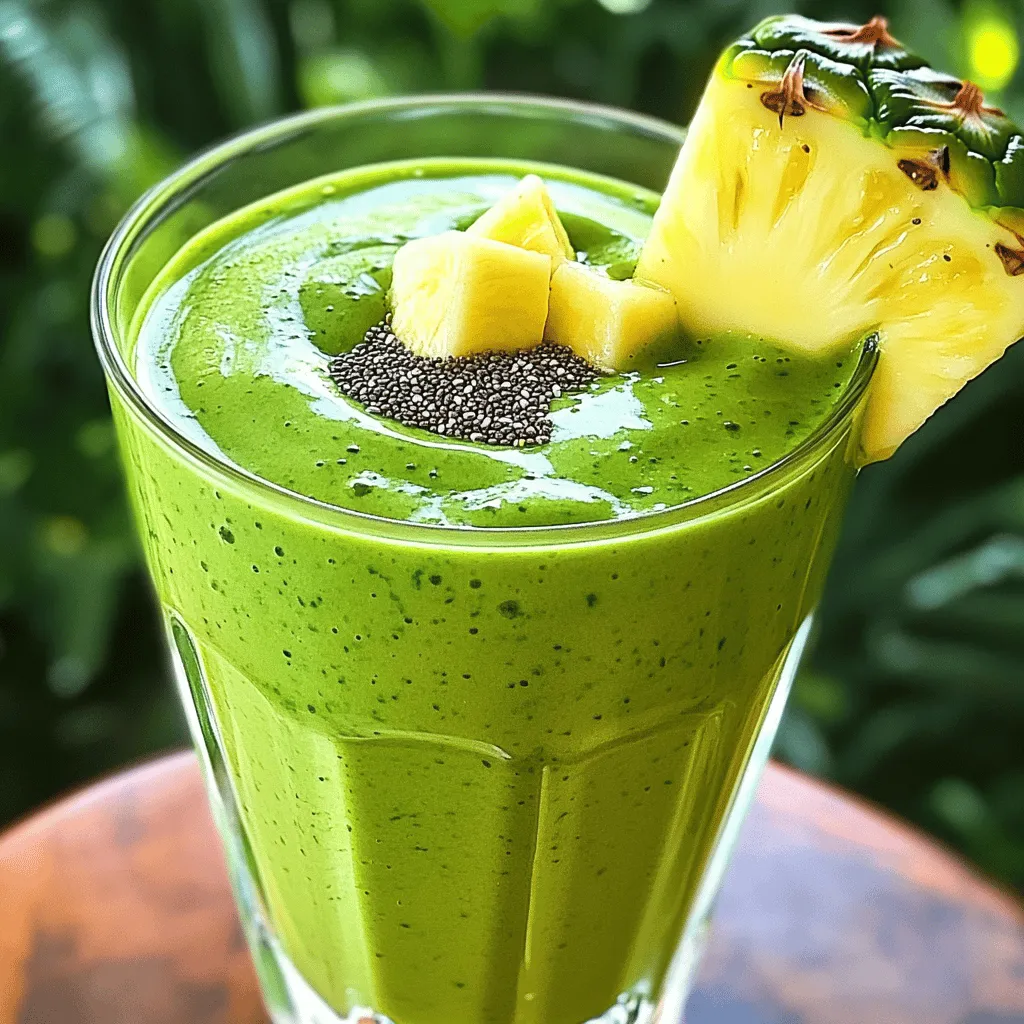 To make a Tropical Green Smoothie, gather these fresh ingredients: - 1 cup fresh baby spinach - 1 ripe banana, peeled - 1/2 ripe avocado, halved and pitted - 1/2 cup pineapple chunks, either fresh or frozen - 1/2 cup coconut water (or substitute with almond milk) - 1 tablespoon chia seeds - Juice of 1 fresh lime - 1 teaspoon honey or agave syrup (optional) These ingredients blend together to create a creamy and refreshing drink. Spinach adds nutrients without changing the flavor much. Bananas give a sweet taste and smooth texture. Avocados boost creaminess and healthy fats. Pineapple adds a tropical twist. Coconut water hydrates and keeps it light. Chia seeds pack fiber and omega-3s. Lime juice brings brightness, while honey adds sweetness if you wish. You will need some simple tools to create this smoothie: - A blender - A measuring cup - A tablespoon - A knife - A cutting board - A glass for serving Using a good blender is key to achieving a smooth texture. Make sure to measure your ingredients to keep the taste balanced. The knife and cutting board help you prepare the fruits easily. This Tropical Green Smoothie is packed with nutrients. Each serving has: - Calories: Approximately 200 - Protein: 3 grams - Carbs: 40 grams - Fiber: 7 grams - Sugars: 14 grams - Fat: 6 grams This drink is rich in vitamins and minerals. Spinach provides iron and calcium. Bananas and pineapple offer vitamin C and potassium. Avocado contributes healthy fats. Chia seeds add fiber and antioxidants. Enjoy this smoothie as a nutritious snack or a light meal. Start by washing the fresh baby spinach under cold water. This removes all dirt and grit. Next, peel the ripe banana. Make sure it is soft, as this gives sweetness. Then, cut the avocado in half and remove the pit. Use half of the avocado for creaminess. Now, grab your pineapple chunks. You can use fresh or frozen ones. They add a nice tropical flavor. Finally, squeeze the juice from the lime. This will bring a fresh zest to your smoothie. Now, we get to blend! Place the fresh spinach in the bottom of your blender. This helps create a smooth base. Next, add the banana, half avocado, and pineapple chunks on top. Pour in the coconut water or almond milk. This liquid helps the blending process. Then, sprinkle in the chia seeds. Finally, add the lime juice. If you want it sweeter, you can include honey or agave syrup. Blend everything on high for about 30 to 60 seconds. You want a smooth and creamy texture. If it seems too thick, add more coconut water or almond milk slowly until you reach the right thickness. Once your smoothie is blended, taste it. Adjust the sweetness or lime juice if needed. When satisfied with the flavor, pour the vibrant smoothie into your favorite glass. To make it look extra nice, sprinkle a few chia seeds on top. You can also add a slice of lime on the rim of the glass. A colorful straw adds a fun touch too. Enjoy this Tropical Green Smoothie as a refreshing drink! For the complete recipe, check out the Full Recipe section. To get the best texture for your Tropical Green Smoothie, start with fresh ingredients. Fresh spinach, ripe banana, and avocado create a creamy mix. If the smoothie is too thick, add more coconut water or almond milk slowly. Blend until smooth; this usually takes about 30-60 seconds. Use a high-speed blender for the best results. If you want to avoid lumps, layer spinach first for a better blend. To make your smoothie pop, choose ripe fruits. A ripe banana adds natural sweetness. Adding lime juice gives a zesty kick. Don't skip the chia seeds; they add a nice texture and boost nutrition. If you want a sweeter taste, add honey or agave syrup. Always taste before serving. Adjust sweetness or citrus to fit your liking. One common mistake is not washing your spinach well. Dirt can ruin the smoothie. Another mistake is overloading the blender. Too many ingredients can lead to a chunky mix. If you add frozen fruits, remember they will thicken the smoothie. Lastly, avoid skipping the lime juice; it balances the sweetness and adds brightness. For more tips, check out the Full Recipe for guidance on making the perfect Tropical Green Smoothie. {{image_4}} You can change the fruits in your Tropical Green Smoothie. Try using mango or papaya instead of pineapple. Both fruits add a sweet, tropical taste. You can also swap out the banana for a pear. This will keep your smoothie creamy and delicious. If you want to change the color, consider adding some berries. Blueberries or strawberries will add a fun twist. If you want to make your smoothie more filling, add protein. You can use protein powder for a quick boost. Another option is to add Greek yogurt. This will make your smoothie creamier and richer. For a plant-based option, try adding nut butter. Almond or peanut butter works well and adds a nice flavor. To keep your smoothie dairy-free, use almond milk or coconut water. These options blend well and keep the smoothie light. If you want a creamier texture, try using coconut yogurt. It adds a nice tropical taste without dairy. You can also use oat milk, which has a smooth texture and subtle flavor. For the complete recipe, refer to the Full Recipe section above. After making your Tropical Green Smoothie, store any leftovers in the fridge. Use an airtight container to keep it fresh. Try to consume the smoothie within 24 hours for the best taste. If you notice separation, just give it a gentle shake before drinking. If you want to save some for later, you can freeze the smoothie. Pour it into ice cube trays or freezer-safe bags. This way, you can blend the cubes into a fresh drink later. Smoothie cubes can last up to three months in the freezer. Just remember to defrost them in the fridge before blending. To keep your Tropical Green Smoothie fresh, always use ripe fruits. Fresh spinach must be bright green and crisp. Avoid any wilted leaves. If you make a big batch, try to store it in smaller portions. This helps keep each serving fresh and tasty. For extra freshness, add a little lime juice to the mix, as it can help preserve the flavors longer. You can make a tasty smoothie without bananas. Try using ripe avocado instead. It adds creaminess and healthy fats. You can also use mango for a sweet touch. Just replace the banana with one cup of your chosen fruit. Keep the other ingredients the same for the best results. Adding fruits boosts flavor and nutrition. Here are some great choices: - Mango - Papaya - Berries like strawberries or blueberries - Kiwi - Passionfruit These fruits pair well with spinach and coconut water. Feel free to mix and match for a unique taste. Yes, you can use frozen spinach! It saves time and is just as healthy. Frozen spinach is picked at peak ripeness, so it still has great nutrients. Just use about one cup of frozen spinach. No need to thaw it before blending. This keeps your smoothie chilled and refreshing. We covered the key steps to make a great tropical green smoothie. With fresh ingredients and the right tools, you can create a tasty drink. Remember the blending process for a smooth texture and the tips to avoid common mistakes. Explore variations to keep things fun and fresh. Proper storage helps your smoothie last longer. Enjoy crafting your unique version, and feel free to experiment with flavors and add-ins. Your tropical green smoothie adventure starts now!