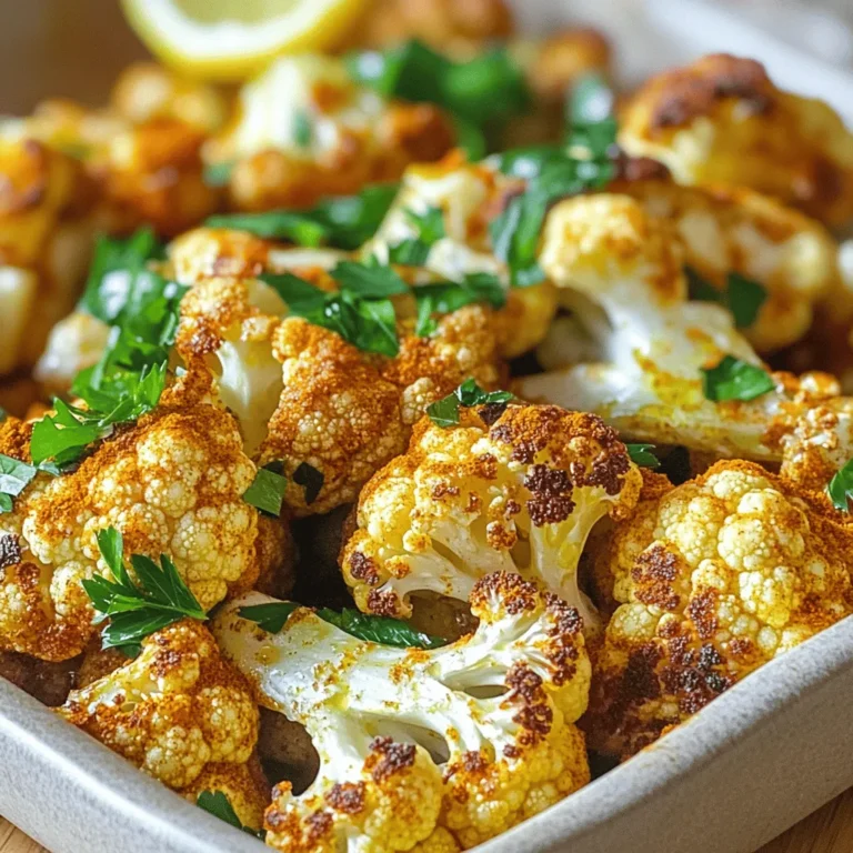 - 1 large head of cauliflower - 3 tablespoons extra virgin olive oil - 1 teaspoon ground cumin - 1 teaspoon smoked paprika - ½ teaspoon ground turmeric - ½ teaspoon garlic powder - Salt and pepper to taste - 2 tablespoons fresh parsley, finely chopped (for garnish) - 1 tablespoon fresh lemon juice To make this simple roasted cauliflower, start with a large head of cauliflower. You want it fresh and firm. The olive oil adds richness and helps the spices stick. The spices bring the flavor: cumin, smoked paprika, turmeric, and garlic powder. Adjust the salt and pepper to suit your taste. For garnish, fresh parsley and a splash of lemon juice brighten the dish. - Cheese alternatives for extra flavor - Red pepper flakes for heat - Other herbs and spices to experiment with If you want to add more flavor, try cheese alternatives like nutritional yeast. If you love heat, toss in red pepper flakes. Don't be afraid to mix in other herbs and spices. This way, you can create your own special blend. Each option adds a unique twist to the flavor of the roasted cauliflower. Try these add-ins to make the dish your own! First, cut the cauliflower into bite-sized florets. Make sure the pieces are about the same size. This helps them cook evenly. Next, wash the florets under cold water. After washing, dry them well with a clean kitchen towel. Removing excess water is key for crispiness. In a large bowl, mix the olive oil with the spices. Use three tablespoons of the olive oil and add one teaspoon each of ground cumin and smoked paprika. Then, add half a teaspoon of ground turmeric and garlic powder. Don't forget to add salt and pepper to taste. Stir it all together until well combined. Now, coat each floret evenly with the oil and spice mixture. Make sure every piece gets a good layer of flavor. Preheat your oven to 425°F (220°C). This hot temperature helps the cauliflower brown nicely. Line a baking sheet with parchment paper. Spread the seasoned florets in a single layer on the sheet. Don’t overcrowd them; this allows them to roast well. Roast for 25-30 minutes. Halfway through, stir the florets gently to ensure they brown evenly. When they're golden and tender, they're ready. When you take them out, drizzle with fresh lemon juice to enhance the taste. Serve them in a nice bowl, and garnish with parsley for a fresh touch. For the full recipe, check the details above. Oven temperature is key for great roasting. I recommend preheating to 425°F (220°C). This high heat helps the cauliflower get crispy. If your oven isn’t hot enough, it might steam instead of roast. To check for doneness, look for a golden-brown color. The florets should feel tender when pierced with a fork. Want to boost the flavor? Try adding different seasonings. A pinch of red pepper flakes adds heat. You could also experiment with Italian herbs or curry powder. Using high-quality olive oil makes a big difference too. Extra virgin olive oil has a rich taste that enhances the dish. A great presentation makes a dish more appealing. Garnish with fresh parsley for a pop of color. It adds a fresh taste too. For serving, place lemon wedges on the side. This adds brightness and makes it look fancy. Try these ideas to impress your guests! {{image_4}} You can change the flavor of your roasted cauliflower easily. For a Mediterranean twist, add olives and feta cheese. Use lemon zest to brighten the dish. You might also try adding fresh herbs like thyme or rosemary. This gives a fresh and vibrant flavor. For an Indian-style spiced cauliflower, use turmeric, coriander, and cumin. You can also sprinkle in some garam masala for a warm kick. Top it with cilantro for added freshness. This version is great with rice or naan. If you want a faster option, try an air fryer. Set the temperature to 400°F (200°C). Cook the cauliflower for about 15-20 minutes. Shake the basket halfway through to ensure even cooking. The air fryer gives a nice crisp texture. Grilling is another fun way to cook cauliflower. Preheat your grill to medium-high. Toss the florets in olive oil and spices, then place them on the grill. Cook for about 10-15 minutes, turning often. Grilling adds a smoky flavor that is delicious. This recipe is already vegan and gluten-free. However, if you want a low-carb option, serve the cauliflower with a rich cheese sauce instead of traditional sauces. You can also enjoy it as part of a salad. This dish suits many diets and tastes. For extra flavor, you can add cheese alternatives like nutritional yeast. This gives a cheesy taste without dairy. Consider adding red pepper flakes for heat, if you like spice. For the full recipe, check the Deliciously Spiced Roasted Cauliflower section. To keep your roasted cauliflower fresh, store it in the fridge. Place the cooled florets in an airtight container. They will stay good for about 3 to 5 days. Make sure to seal it well to prevent moisture. If you want to save it longer, consider freezing. For freezing, first, let the cauliflower cool completely. Spread the florets on a baking sheet in a single layer. Freeze them for about 1 hour. This step helps prevent clumping. After they freeze, transfer the florets to a freezer bag. They can last for up to 3 months in the freezer. To enjoy your leftovers, reheating is key. The best method is to use an oven. Preheat it to 350°F (175°C). Spread the cauliflower on a baking sheet. Heat for about 10 to 15 minutes. This keeps them crispy and flavorful. If you are in a hurry, use a microwave. Place the cauliflower in a microwave-safe dish. Heat for about 1 to 2 minutes. The texture may change a bit, but it will still taste good. Roasted cauliflower lasts about 3 to 5 days in the fridge. Store it in an airtight container. Make sure it cools down before placing it in the fridge. This helps keep it fresh and tasty for longer. If you want to eat it later, check for any signs of spoilage before consuming. Yes, you can use frozen cauliflower for roasting. However, it may not get as crisp as fresh cauliflower. Thaw the frozen florets first and pat them dry. This step helps remove excess moisture. Then, follow the same seasoning and roasting steps from the Full Recipe. Roasted cauliflower pairs well with many dishes. Some great options include: - Grilled chicken or fish - Quinoa or rice for a grain side - A fresh salad for a light meal - Tacos or wraps for a fun twist You can also serve it with sauces like tahini or yogurt for extra flavor. To avoid mushy cauliflower, follow these tips: - Use high heat when roasting. - Cut florets into similar sizes for even cooking. - Don’t overcrowd the baking sheet; this helps them roast and brown nicely. - Stir them halfway through cooking for even roasting. Roasted cauliflower offers many health benefits. It is low in calories but high in fiber. This helps with digestion and keeps you full. It also contains vitamins C and K, which are good for your immune system. Plus, cauliflower is rich in antioxidants, which can help protect your body from damage. Enjoy it as a healthy side dish! This post explored how to prepare delicious roasted cauliflower. We covered main ingredients, seasoning steps, roasting tips, and variations. I shared ways to keep this dish interesting by adding spices and toppings. Roasted cauliflower can fit into many diets and cooking styles. It’s tasty and easy to store. Use these tips to enjoy, share, and make roasted cauliflower a favorite in your meals.