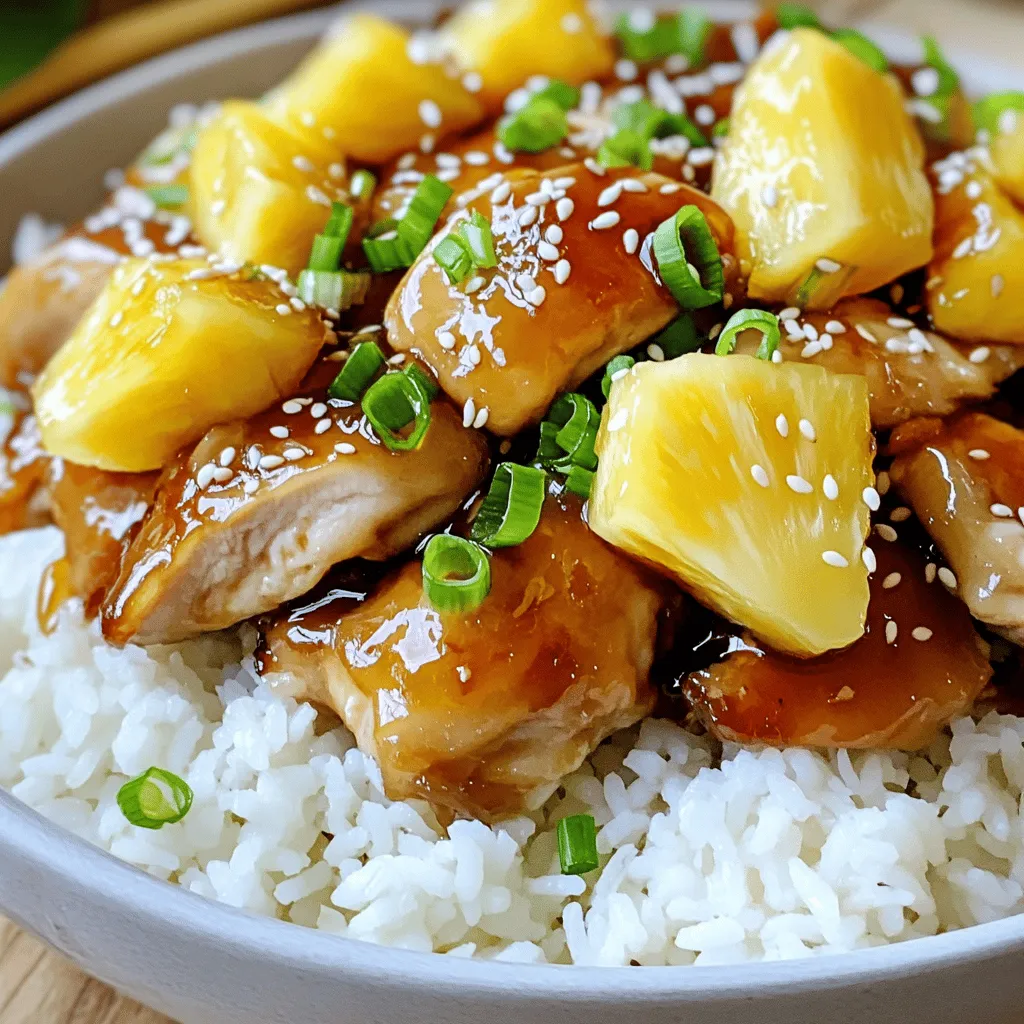 - 4 boneless, skinless chicken thighs - 1 cup fresh pineapple chunks - ½ cup teriyaki sauce For Pineapple Teriyaki Chicken, the main ingredients are essential. The chicken thighs give a juicy bite. Fresh pineapple adds a sweet twist. Teriyaki sauce brings all the flavors together. - 2 tablespoons soy sauce - 1 tablespoon honey - 1 teaspoon freshly grated ginger - 2 cloves garlic, finely minced The marinade is key to great taste. Soy sauce adds salt and umami. Honey gives a sweet touch. Fresh ginger and garlic boost flavor and aroma. Together, they create a rich blend that soaks into the chicken. - 1 green onion, thinly sliced (for garnish) - Sesame seeds (for garnish) - Cooked jasmine rice (for serving) Garnishes make the dish look fun and fresh. Sliced green onions add color and crunch. Sesame seeds give a nice nutty flavor. Serving over jasmine rice offers a fluffy base that balances the dish. Enjoy the full recipe for detailed cooking steps! To start, you need to whisk together the teriyaki sauce, soy sauce, honey, ginger, and garlic. This mix creates a sweet and savory blend. Make sure to stir well until everything combines smoothly. This marinade packs a punch and gives the chicken great flavor. Next, add the chicken thighs into the marinade. Coat each piece well. This step is key for flavor. Cover the bowl and place it in the fridge. Let it marinate for at least 30 minutes. If you have more time, let it sit overnight for deeper flavor. Heat a large skillet over medium-high heat. Add vegetable oil once the skillet is hot. You want the oil to shimmer but not smoke. Take the chicken out of the marinade and place it in the skillet. Sear the chicken for about 5-7 minutes on each side. Look for a golden brown color. Use a meat thermometer to check if it reaches 165°F (75°C). Once cooked, move the chicken to a plate and let it rest for a few minutes. In the same skillet, pour in the reserved marinade. Add your fresh pineapple chunks. Bring the mixture to a gentle simmer. Cook for about 5 minutes to let it thicken. This creates a rich sauce with juicy pineapple. Slice the rested chicken thighs into strips. Add them back into the skillet with the pineapple and sauce. Gently toss everything together for around 2 minutes. Ensure the chicken is fully coated and heated through. Serve your Pineapple Teriyaki Chicken over jasmine rice. For a nice look, use shallow bowls. Start with a layer of rice, then top it with chicken and pineapple. Add a sprinkle of sesame seeds and sliced green onions for extra flavor and a pop of color. Enjoy this dish for a fun meal! For the full recipe, check out the provided details. For the best flavor, marinate your chicken for at least 30 minutes. If you have more time, letting it sit overnight works wonders. The longer it marinates, the deeper the flavors sink in. Balance is key in your marinade. The acidity from the pineapple and soy sauce helps tenderize the chicken. Too much acidity can make it mushy, so stick to the recipe. Cook your chicken until it reaches an internal temperature of 165°F (75°C). This ensures the chicken is safe to eat and juicy. Searing the chicken in a pan gives it a nice crust. You can bake it too, but it may not get that same tasty sear. If you choose to bake, keep an eye on the time to avoid drying it out. Get creative by adding spices like red pepper flakes or a dash of smoked paprika for extra kick. You can also toss in veggies like bell peppers for color and crunch. Fresh pineapples enhance the dish more than canned ones. They offer a brighter taste and better texture. If you use canned, rinse them to remove excess syrup. This helps keep your dish light and fresh. For the full recipe, check out the [Full Recipe]. {{image_4}} You can switch up the protein in this dish. Using chicken breasts gives a leaner option. They cook quickly and stay juicy if you don’t overcook them. Chicken thighs are richer and have more flavor. They are less likely to dry out. If you want a plant-based choice, consider tofu or shrimp. Tofu absorbs flavors well. Press it first to remove excess water, then marinate. Shrimp cooks fast and brings a sweet touch. Just be careful not to overcook shrimp, or they will turn rubbery. Want to add some heat? Try jalapeños. You can chop them finely and mix them into the marinade. This will give your dish a nice kick. If you want to switch sauces, consider hoisin or soy sauce. These can change the flavor while keeping it tasty. You can also use a sweet chili sauce for a fun twist. This adds sweetness and spice all in one. Pineapple Teriyaki Chicken can be served in many ways. One fun option is to make bowls. Start with jasmine rice, then add chicken and pineapple. You can layer it all up for a colorful meal. Wraps are another great idea. Use lettuce or tortillas and fill them with chicken and fresh veggies. Skewers are perfect for grilling. Just thread the chicken and pineapple onto sticks, then grill until caramelized. Each method offers a unique dining experience. Check out the Full Recipe for more inspiration! After you enjoy your Pineapple Teriyaki Chicken, store any leftovers in an airtight container. This keeps the chicken fresh and tasty. Make sure it cools down first before sealing it. The leftovers can last for up to 3 days in the fridge. You can also label the container with the date for easy tracking. If you want to save it for later, freezing is a great option. First, cool the chicken completely. Then, place it in a freezer-safe bag or container. Try to remove as much air as possible. This helps prevent freezer burn. You can freeze it for up to 2 months. When you are ready to eat it, thaw it in the fridge overnight. This slow thawing helps keep the chicken juicy and flavorful. Reheating your Pineapple Teriyaki Chicken can be done in two main ways: the oven or the microwave. - Oven: Preheat your oven to 350°F (175°C). Place the chicken in a baking dish and cover it with foil. Heat for about 15-20 minutes, or until warm. This method keeps the chicken's texture nice. - Microwave: For a quicker option, use the microwave. Place the chicken in a microwave-safe bowl. Cover it with a lid or microwave-safe wrap. Heat on medium power for about 2-3 minutes. Check it often to avoid overcooking. No matter how you reheat it, make sure the chicken is steaming hot all the way through. This keeps the delicious flavor intact. To make homemade teriyaki sauce, mix these simple ingredients: - ½ cup soy sauce - ¼ cup water - ¼ cup brown sugar - 1 tablespoon rice vinegar - 1 teaspoon minced garlic - 1 teaspoon minced ginger Whisk them together in a bowl. Cook over medium heat until it thickens. This sauce gives a sweet and savory taste. Yes, you can use canned pineapple. Here are the pros and cons: Pros: - Canned pineapple is convenient and saves time. - It’s sweet and tender, which works well in dishes. Cons: - Canned pineapple may have added sugar or syrup. - The texture is softer than fresh pineapple. If you want the best flavor, I recommend using fresh pineapple. Here are some great side dishes: - Steamed broccoli - Fried rice - Cucumber salad - Grilled vegetables These sides balance the sweet and savory chicken well. They add color and texture to your meal. For the best flavor, marinate the chicken for at least 30 minutes. You can marinate it up to 24 hours. The longer it sits, the more flavor it absorbs. Just be careful. Too long can make the chicken mushy. Yes, Pineapple Teriyaki Chicken can be gluten-free. Use gluten-free soy sauce or tamari. Always check labels on sauces. This way, you avoid hidden gluten. Enjoy this dish without worry if you choose the right ingredients. Pineapple Teriyaki Chicken is a tasty dish you can easily make. We covered main ingredients, marinade tips, cooking methods, and serving ideas. Remember to marinate your chicken well for great flavor. You can also try different proteins or adjust the sauce to fit your taste. Store leftovers properly so they stay fresh. With these steps and tips, you can create a dish that impresses any crowd. Enjoy cooking and experimenting with flavors!