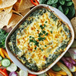 - 1 cup fresh spinach, finely chopped - 1 cup canned artichoke hearts, drained and roughly chopped - 1 cup cream cheese, softened to room temperature - 1/2 cup sour cream, preferably full-fat - 1/2 cup mayonnaise, ideally homemade or high-quality - 1 cup shredded mozzarella cheese, plus a handful for topping - 1/2 cup grated Parmesan cheese - 2 cloves garlic, minced - 1 teaspoon onion powder - 1/2 teaspoon crushed red pepper flakes (optional, adjust to taste) - Salt and freshly ground black pepper, to taste Fresh ingredients make this dip shine. I love using fresh spinach because it adds a vibrant green color and a mild taste. The artichoke hearts bring a unique flavor and a nice texture. When you pick high-quality cream cheese and sour cream, you get a rich and creamy base. Homemade or top-notch mayonnaise adds depth to the dip and makes it extra luscious. Using fresh spinach makes a big difference. Fresh spinach has a bright flavor and crispness that frozen spinach can't match. It gives the dip a fresh taste. Quality ingredients also affect how the dip tastes. Using good cheese, like fresh mozzarella and Parmesan, enhances the flavors. Trust me; your guests will notice the quality. Accurate measurement is key for great results. Too much or too little of an ingredient can change the flavor. I recommend using measuring cups for dry ingredients and a kitchen scale for wet ingredients. This will help you get the right balance. When you measure correctly, you ensure that each bite is as delicious as the last. 1. Preheat your oven to 350°F (175°C). This helps the dip cook evenly. 2. Grab a large mixing bowl. Mix cream cheese, sour cream, and mayonnaise. Use a spatula or hand mixer. Blend until the mixture is smooth. No lumps should remain. 1. Next, add the chopped spinach and artichokes to the bowl. 2. Toss in minced garlic, onion powder, and crushed red pepper flakes if you like some heat. 3. Stir everything well to combine. The colors should mix nicely. 4. Now, fold in the shredded mozzarella and grated Parmesan cheese. Keep some mozzarella aside for later. 5. Taste the mixture. Season with salt and black pepper to your liking. 1. Spread the creamy mixture evenly in a baking dish. 2. Sprinkle the reserved mozzarella cheese on top. 3. Place the dish in the preheated oven. Bake for 20-25 minutes. 4. Look for bubbling edges and a light golden top. This means the dip is ready! Enjoy the warmth and richness of this delicious dip! To get that creamy consistency, mix your cream cheese, sour cream, and mayonnaise well. I use a hand mixer to avoid lumps. When you add spinach and artichokes, stir gently. This keeps everything smooth. Balance the flavors with seasoning. Taste as you go. A little salt and pepper can elevate the whole dish. If you like a kick, add crushed red pepper flakes. You need to watch the baking time closely. Overbaking can dry out your dip, while underbaking leaves it cold in the middle. Bake at 350°F (175°C) for about 20-25 minutes. Look for bubbling edges and a light golden top. To brown the cheese evenly, spread it out well. This helps it melt and form a nice crust. Dippers make a huge difference in your dip experience. I recommend crispy tortilla chips, toasted pita bread, or fresh veggies. Each adds a fun crunch. Serve the dip warm for the best taste. If it cools down, it can lose that creamy texture. You can also garnish with parsley for a fresh touch. Enjoy with friends and family! {{image_4}} You can easily make this dip fit your diet. For gluten-free needs, ensure all your ingredients are labeled gluten-free. You can use gluten-free crackers or veggies for dipping. For dairy-free options, swap cream cheese and sour cream with vegan versions. Use cashew cream or tofu for a creamy texture. These swaps keep the dip rich and tasty. Want to spice things up? Add a pinch of cayenne or smoked paprika for heat. You can also mix in different cheeses. Try goat cheese or feta for a tangy twist. If you like veggies, chop some bell peppers or mushrooms. These additions make the dip more colorful and flavorful. Using fresh, seasonal produce is a great way to enhance your dip. In spring, add fresh herbs like basil or dill. In fall, consider adding roasted squash for a sweet flavor. For holidays, you can make themed versions. Add cranberries for a festive touch during winter gatherings. These adaptations keep your dip exciting all year round. To keep your dip fresh, place it in an airtight container. Refrigerate it right away. If stored properly, the dip stays good for about three days. After that, it might lose its flavor or texture. When reheating, use a microwave or an oven. If using a microwave, heat in short bursts of 30 seconds. Stir between each burst to keep it smooth. If using an oven, preheat to 350°F (175°C). Bake for about 15 minutes. This helps regain creaminess without drying it out. You can freeze the dip before baking. First, prepare it as you would for baking. Then, cover it well with plastic wrap and foil. It can stay in the freezer for about three months. To bake it later, thaw it in the fridge overnight. Bake as usual, adding a few extra minutes if needed. Yes, you can prepare this dip in advance. First, mix all your ingredients. Then, transfer the mixture to a baking dish. Cover it tightly with plastic wrap or foil. Store it in the fridge for up to two days. When you are ready to bake, just remove the cover and pop it in the oven. It will save you time and keep your gathering stress-free! If you need a cream cheese alternative, try these options: - Greek yogurt for a tangy touch - Ricotta cheese for a lighter flavor - Silken tofu for a dairy-free option Each of these will change the dip's taste slightly, but they work well! Once baked, this dip stays fresh in the fridge for about three to four days. Make sure to store it in an airtight container. If you freeze it, it can last for up to two months. Just be sure to let it thaw in the fridge overnight before reheating. For the complete recipe, check out the [Spinach Artichoke Delight Dip ]. This article covers how to make a delicious spinach artichoke dip. You learned about key ingredients, the importance of fresh produce, and perfect measuring techniques. I also shared step-by-step instructions, helpful tips, and variations to suit any diet. Remember to store your leftovers properly and enjoy them later. With these methods, you can craft the perfect dip for any gathering. Now it’s time to gather your ingredients and start baking! A tasty treat awaits you.