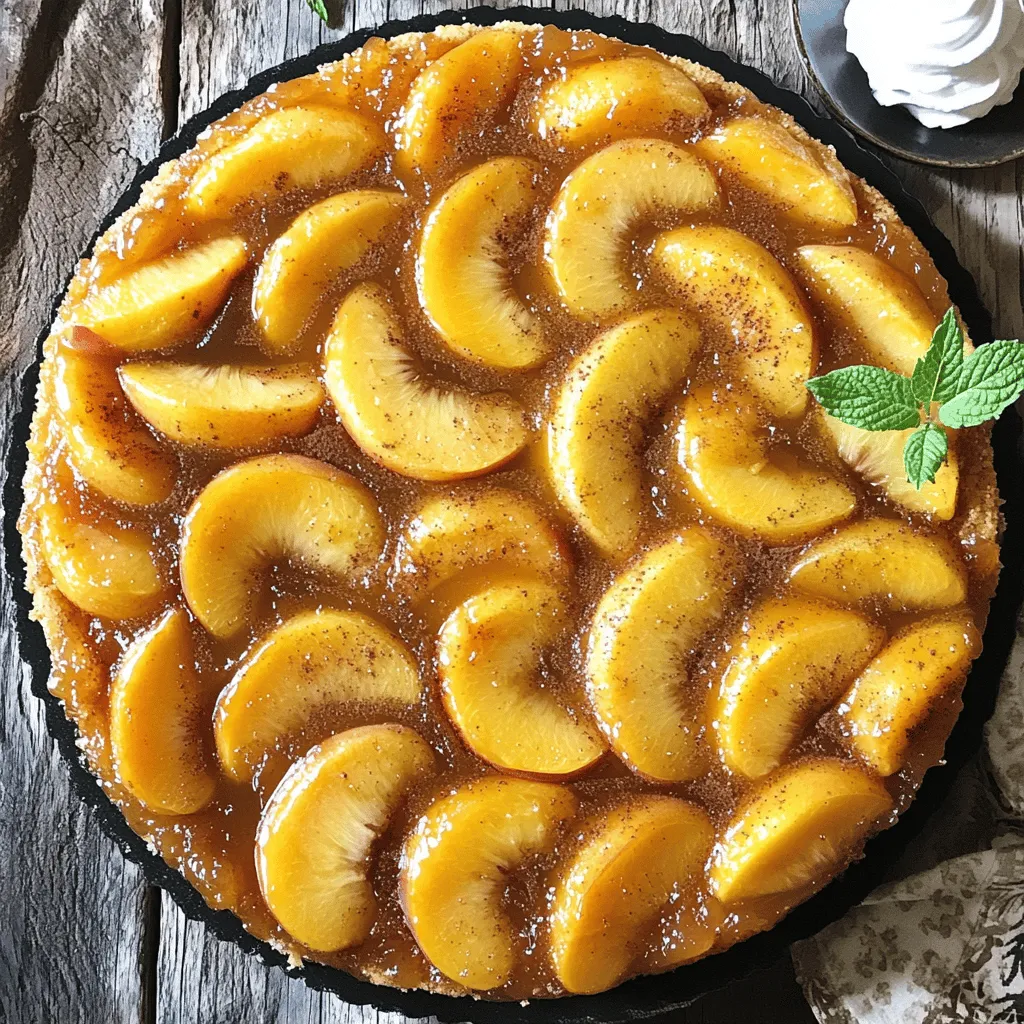 To make this delightful Peach Upside Down Cake, gather these simple ingredients: - 4 ripe peaches, pitted and thinly sliced - 1/2 cup unsalted butter, softened, divided - 1 cup brown sugar, firmly packed - 1 cup all-purpose flour - 1 teaspoon baking powder - 1/2 teaspoon baking soda - 1/4 teaspoon salt - 1/2 cup granulated sugar - 2 large eggs, at room temperature - 1 teaspoon vanilla extract - 1/2 cup buttermilk, at room temperature - 1 teaspoon ground cinnamon You can swap some ingredients if needed: - Use coconut oil instead of butter for a dairy-free option. - Substitute granulated sugar with coconut sugar for a healthier twist. - To replace buttermilk, mix 1/2 cup milk with 1/2 tablespoon vinegar or lemon juice. - For a gluten-free version, use a gluten-free baking mix instead of all-purpose flour. Choosing ripe peaches is key to a great cake. Here’s how to pick the best ones: - Look for peaches that are slightly soft when gently pressed. - Check for a sweet aroma; this indicates ripeness. - Choose peaches with a vibrant color and smooth skin. - Avoid peaches with bruises or dark spots, as these may be overripe. With these ingredients and tips, you can create a Peach Upside Down Cake that’s both tasty and fun to make. If you want to dive deeper into the cooking process, check out the Full Recipe for a step-by-step guide! First, set your oven to 350°F (175°C). This temperature ensures a nice, even bake. Next, grab a 9-inch round cake pan. Grease it with a bit of butter or cooking spray. This step helps the cake slide out easily after baking. In a medium saucepan, melt 1/4 cup of softened butter over medium heat. When it’s melted, stir in brown sugar. Cook this mixture until it’s fully dissolved and starts to bubble. This should take about 2-3 minutes. Pour this caramel into the bottom of your prepared cake pan. Spread it evenly for a nice base. Now, take your thinly sliced peaches and arrange them over the caramel. You can overlap the slices a bit for a pretty look. Just make sure they cover the caramel well. In a large bowl, mix together your flour, baking powder, baking soda, salt, and ground cinnamon. This is your dry mix. In another bowl, cream the rest of the softened butter with granulated sugar using a hand mixer. Mix until it’s light and fluffy, which takes about 4-5 minutes. Add the eggs one at a time, mixing well after each addition. Then stir in the vanilla extract. Gradually add your dry mix to this butter mixture. Alternate with the buttermilk, starting and ending with the dry ingredients. Mix until it’s just combined. Be careful not to overmix, as this keeps your cake tender. Finally, gently pour the batter over the arranged peaches in the pan. Use a spatula to smooth the top. Now, you’re ready to bake! Follow the [Full Recipe] for the rest of the instructions and enjoy your baking adventure! When baking your Peach Paradise Upside Down Cake, avoid these common errors: - Using unripe peaches: Ripe peaches add natural sweetness. - Overmixing the batter: This can make your cake tough. Mix just until combined. - Skipping the cooling time: Let the cake cool before inverting. This helps it hold its shape. To get a soft and fluffy cake texture, follow these tips: - Room temperature ingredients: Make sure your eggs and buttermilk are at room temperature. This helps them blend well. - Cream butter and sugar well: Spend time mixing until light and fluffy for a good rise. - Measure flour correctly: Use the scoop and level method to avoid dense cake. To enhance your Peach Paradise Upside Down Cake, try these serving ideas: - Pair with whipped cream: The lightness of whipped cream balances the cake's sweetness. - Add vanilla ice cream: Warm cake with cool ice cream is a perfect match. - Garnish with mint: Fresh mint adds color and a hint of freshness. For the complete recipe, check out the Full Recipe. Enjoy your baking adventure! {{image_4}} You can switch up the peaches in this cake. Try using ripe nectarines, juicy plums, or sweet cherries. Each fruit brings its own flavor. Pineapple adds a tropical twist, while apples give a classic touch. Mix and match your favorites for fun! Want to add some extra flavor? Consider mixing in spices like nutmeg or ginger. You can also fold in chopped nuts, like pecans or walnuts, for a crunchy texture. If you enjoy coconut, add shredded coconut to the batter. A splash of almond extract can give your cake a nice twist, too. If you need a gluten-free cake, use a gluten-free flour blend. It works well in this recipe. For a vegan version, swap eggs for flax eggs. Mix one tablespoon of ground flaxseed with three tablespoons of water. Let it sit for a few minutes to thicken. Use a dairy-free butter and plant-based milk for a tasty and inclusive treat. Check the Full Recipe for more details on making these adjustments! To keep your Peach Upside Down Cake fresh, store it in an airtight container. This prevents it from drying out. Place it at room temperature for up to two days. If you need to store it longer, put it in the fridge. It will last for about a week this way. Always cover it well to avoid absorbing other flavors from the fridge. When you want to enjoy your leftover cake, reheating is key. Preheat your oven to 350°F (175°C). Place a slice on a baking sheet. Heat it for about 10 minutes or until warm. This method helps the flavors come back to life. If you prefer, you can also microwave a slice for 20-30 seconds. Just be careful not to overheat it, as this can make it tough. If you want to freeze your cake, follow these steps. First, let the cake cool completely. Then, slice it into pieces. Wrap each slice in plastic wrap, then place them in a freezer bag. Be sure to remove as much air as possible. You can freeze the cake for up to three months. When you're ready to eat it, thaw it in the fridge overnight before reheating. This keeps the cake moist and tasty. Yes, you can use canned peaches. Make sure to drain them well. Canned peaches can save time, but fresh peaches offer better flavor. If you use canned peaches, the cake will still taste good. You can check if the cake is done by using a toothpick. Insert it into the center of the cake. If it comes out clean, the cake is ready. The edges will also pull away from the pan slightly when it is baked well. Serve the cake warm or at room temperature. I love adding whipped cream or vanilla ice cream. A sprinkle of fresh mint leaves makes it look great too. This makes each slice feel special and adds extra flavor. For the full recipe, check out the details above! Peach upside down cake is a delightful treat that blends sweet peaches with rich cake. We discussed the key ingredients and how to pick the best peaches. I shared easy steps to prepare and bake this cake, plus tips to avoid mistakes. You can even explore fun variations and storage tips. In closing, this cake is perfect for any gathering. Enjoy making it your own with fresh fruits or flavors. With a little care, you’ll create a delicious dessert to share.
