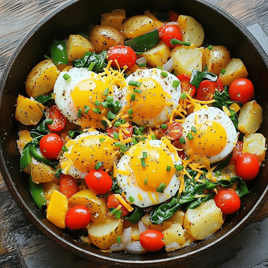 To make a Loaded Breakfast Skillet, you will need: - 4 medium-sized potatoes, diced into 1-inch cubes - 1 tablespoon olive oil - 1 red bell pepper, diced - 1 green bell pepper, diced - 1 small onion, finely chopped - 4 large eggs - 1 cup cherry tomatoes, halved - 1 cup fresh spinach, chopped - 1 teaspoon garlic powder - 1 teaspoon smoked paprika - Salt and black pepper to taste - ½ cup shredded cheese (cheddar, Monterey Jack, or your preference) - Fresh herbs for garnish (chives or parsley, finely chopped) These ingredients come together for a tasty breakfast that fills you up. You can easily swap some ingredients based on what you like or have on hand. Here are some ideas: - Instead of potatoes, use sweet potatoes for a sweeter taste. - You can use any bell pepper color, like yellow or orange. - If you don't have spinach, try kale or arugula. - For cheese, feta or goat cheese can add a nice tang. - If you're out of garlic powder, fresh garlic works well too. These swaps keep the dish fresh while still being tasty. Adding some toppings can make your Loaded Breakfast Skillet even better. Here are some fun options: - Avocado slices add creaminess. - Hot sauce gives it a nice kick. - Salsa adds a fresh flavor. - Sour cream or Greek yogurt can cool it down. - Fresh herbs like cilantro or basil can brighten the dish. Feel free to get creative with your toppings for a flavorful morning treat! Start by heating the olive oil in a large skillet over medium heat. Once it is hot, add the diced potatoes. Season them well with salt and black pepper. Cook the potatoes for about 10-12 minutes. Stir them often until they turn golden brown and fork-tender. Now, it’s time to add some color and flavor. Toss in the chopped onion, red bell pepper, and green bell pepper. Sauté these vegetables for about 5 minutes. This will help them soften and release their tasty flavors. Watch them closely, so they do not burn. Next, sprinkle garlic powder and smoked paprika over the mix. Stir everything together well. Let the spices cook for about 1 minute. You want to let the aromas fill your kitchen. Add the halved cherry tomatoes and chopped spinach to the skillet. Cook this for another 2-3 minutes. Stir gently until the spinach wilts and the tomatoes soften. Now, use a spoon to make four small wells in the mixture. Crack one egg into each well. Cover the skillet with a lid. Let the eggs cook for about 5-7 minutes. Adjust the time if you like runny yolks or firmer eggs. Once the eggs are cooked to your liking, sprinkle the shredded cheese evenly on top. Cover the skillet again and let the cheese melt for about 1 more minute. Remove the skillet from the heat and garnish with fresh herbs. Your loaded breakfast skillet is now ready to enjoy! For a full recipe, check out the complete steps in the earlier section. To get the best eggs, start with fresh ones. Crack each egg into a small bowl before adding it to the skillet. This helps avoid any shell pieces. Make small wells in the veggie mix for each egg. Cover the skillet with a lid and watch closely. Cook for about 5-7 minutes. For runny yolks, check earlier. For firmer yolks, let them cook a bit longer. This simple method gives you control over your egg's doneness. Use a large skillet to cook evenly. A thick-bottomed skillet helps distribute heat well. Start with medium heat; too high can burn your food. Stir the potatoes often to prevent sticking. When you add the veggies, keep stirring to mix flavors. If you find uneven cooking, adjust the heat slightly. Always make sure all ingredients are in a single layer for even cooking. Spices add depth to your dish. Garlic powder and smoked paprika are great choices. They give a warm, smoky flavor that pairs well with eggs. Don’t be afraid to experiment with spices. Try adding cumin or chili powder for a kick. Fresh herbs like chives or parsley brighten the dish. Season with salt and black pepper to taste. This adds a nice balance to the flavors. For a full taste experience, check the Full Recipe for more spice ideas. {{image_4}} You can easily add meat to your Loaded Breakfast Skillet. Bacon and sausage bring a tasty crunch and savory flavor. Start with bacon. Cook it until crispy, then chop it and mix it in at the end. For sausage, brown the links or patties in the skillet before adding the eggs. Both options will take your dish to the next level. Just remember to adjust cooking times for the meat. If you prefer a veggie-packed dish, you can load up on more vegetables. Try adding mushrooms, zucchini, or even kale. These options add texture and color. Simply chop them finely and add them to the skillet with the bell peppers. Cooking them well makes them tender and enhances flavors. You can also try different herbs, like basil or oregano, for added freshness. Cheese is a key ingredient in this recipe. It adds creaminess and rich taste. While cheddar and Monterey Jack are great choices, you can use any cheese you love. Feta or goat cheese can add a tangy twist. For a spicy kick, try pepper jack. Just sprinkle your favorite cheese on top before serving. The melted cheese will create a delicious layer that everyone will enjoy. For the complete recipe, check out the Full Recipe. To keep your Loaded Breakfast Skillet fresh, store it in an airtight container. This helps prevent moisture loss and keeps flavors intact. Allow the skillet to cool before sealing. You can keep it in the fridge for up to three days. When you're ready to enjoy leftovers, reheat in a skillet over medium heat. Add a splash of water to create steam, which helps keep the eggs moist. Stir occasionally for even heating. You can also microwave it in a bowl, covered with a damp paper towel. Heat for 1-2 minutes, checking to ensure it’s warm throughout. If you want to store your Loaded Breakfast Skillet longer, freezing is a great option. Portion it into freezer-safe containers. Make sure to leave room for expansion. You can freeze it for up to three months. When you’re ready to eat, thaw in the fridge overnight. Reheat in the skillet or microwave, just like with fresh leftovers. Enjoy your delicious breakfast anytime! Yes, you can prepare parts of the Loaded Breakfast Skillet ahead. You can cook the potatoes and veggies in advance. Store them in the fridge for up to three days. When you’re ready, just heat them in a skillet. Then, add the eggs and cheese to finish cooking. This saves you time on busy mornings. You can use many veggies in this dish. Here are some great options: - Zucchini, diced - Mushrooms, sliced - Broccoli florets - Asparagus, chopped - Corn, fresh or frozen Feel free to mix and match your favorites. Each veggie adds a unique flavor and texture. Customizing this recipe is easy. Here are a few ideas: - For a vegan option, swap eggs for tofu or chickpea flour. - If you’re gluten-free, check labels on your ingredients. Most items are gluten-free. - For low-carb diets, use cauliflower rice instead of potatoes. These swaps let everyone enjoy this tasty dish while sticking to their diets. To learn more about the complete recipe, check the Full Recipe section. This article covered how to make a Loaded Breakfast Skillet. We discussed main ingredients and tasty swaps. You learned to prep potatoes and cook veggies. We explored egg cooking tips for perfect results and added flavor with spices. You can even add meat or more veggies for different tastes. In closing, this dish is easy to customize and store well. Enjoy your cooking!