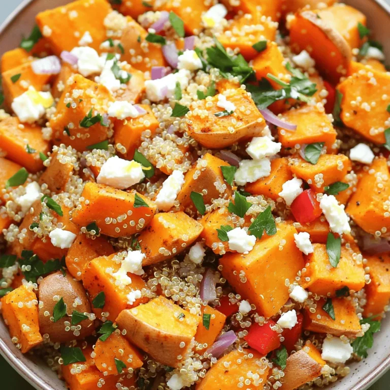 - 2 large sweet potatoes, peeled and diced into bite-sized cubes - 2 tablespoons extra virgin olive oil - 1 teaspoon smoked paprika - 1 teaspoon ground cumin - Sea salt and freshly cracked black pepper to taste - 1 red bell pepper, diced into small pieces - 1/2 medium red onion, finely chopped - 1 cup cooked quinoa, cooled - 1/4 cup crumbled feta cheese (optional for a creamy touch) - 1/4 cup fresh parsley, finely chopped - Juice of 1 fresh lemon - 1 tablespoon honey or maple syrup (omit honey for a vegan salad) You can change up this salad to fit your taste. Here are some ideas: - Swap quinoa for farro or barley for a different grain. - Add beans like black beans or chickpeas for extra protein. - Toss in some diced avocado for creaminess. - Use different cheeses like goat cheese or blue cheese. This salad is not just tasty; it is also good for you. Here’s a quick look: - Sweet potatoes are high in fiber and vitamins A and C. - Quinoa adds protein and is gluten-free. - Olive oil provides healthy fats. - Feta cheese adds calcium and flavor. - Overall, this dish is balanced with carbs, protein, and fats. For the full recipe, check out the details above! To start, preheat your oven to 425°F (220°C). This high heat helps to caramelize the sweet potatoes. In a large bowl, take two large sweet potatoes. Peel and dice them into bite-sized cubes. Add two tablespoons of extra virgin olive oil. Sprinkle in one teaspoon of smoked paprika and one teaspoon of ground cumin. Finish with sea salt and freshly cracked black pepper to taste. Toss everything together well. The goal is to coat the sweet potatoes evenly. Line a large baking sheet with parchment paper. Spread the seasoned sweet potatoes in a single layer. Give them some space to roast evenly. Roast for 25 to 30 minutes. Stir or flip them halfway through to ensure even browning. While the sweet potatoes roast, prepare the salad base. In another large bowl, combine one cup of cooked quinoa that has cooled. Then, add one diced red bell pepper and half a finely chopped medium red onion. Add a quarter cup of fresh parsley, finely chopped. Mix these ingredients well. The colors should look vibrant and inviting. This base adds texture and flavor. Once the sweet potatoes are roasted, take them out and let them cool for about five minutes. Next, add the warm sweet potatoes to the quinoa mixture. Stir gently to combine without mashing the sweet potatoes. In a small bowl, whisk the juice of one fresh lemon with one tablespoon of honey or maple syrup. Drizzle this dressing over the salad. Toss gently to coat everything evenly. If you want a creamy touch, sprinkle a quarter cup of crumbled feta cheese on top just before serving. For a beautiful presentation, serve in a large, shallow bowl. This lets the vibrant colors shine through. Roasting sweet potatoes is simple and rewarding. Start by cutting them into even cubes. This helps them cook evenly. Aim for about one-inch pieces. Next, toss them in olive oil and spices. The oil helps them get crispy. Use smoked paprika for a nice smoky flavor. Roast at 425°F (220°C) for 25-30 minutes. Stir them halfway to get all sides browned. If they look golden and soft, they are ready. A great dressing can elevate your salad. For this dish, whisk together fresh lemon juice and honey or maple syrup. This adds a sweet and tangy flavor. Adjust to your taste. If you want a creamier dressing, add some crumbled feta cheese. This will make your salad rich and delicious. Drizzle the dressing over the salad right before serving. Toss gently to mix everything without breaking the sweet potatoes. A beautiful presentation makes your dish more inviting. Serve the salad in a large, shallow bowl. This allows the bright colors to shine. Layer the warm sweet potatoes on top of the quinoa mixture. Finish with a sprinkle of fresh parsley. This adds a pop of green and freshness. You can also add a few extra feta crumbles on top for a nice touch. Enjoy the colors and flavors! For the full recipe, check out Roasted Sweet Potato Quinoa Salad 🥗. {{image_4}} You can easily boost your salad's protein. Add grilled chicken for a hearty option. Simply slice cooked chicken breasts and mix them in. Chickpeas are great too. They add a nutty taste and creamy texture. Use canned chickpeas for ease or cook dry ones if you prefer. For vegetarians, feta cheese adds creaminess. Try a vegan cheese if you want a dairy-free option. You can also add avocado for a creamy touch. It pairs well with sweet potatoes and gives healthy fats. Change up the veggies based on the season. In fall, add roasted Brussels sprouts or butternut squash. In summer, try fresh corn or diced cucumbers. Each season brings new flavors. You can even use fresh herbs like mint or basil. They brighten the salad and add extra zest. These variations make the roasted sweet potato salad adaptable. You can enjoy it all year round. For the full recipe, check out the details above. To keep your roasted sweet potato salad fresh, store it in an airtight container. Place the container in the fridge. This helps prevent the flavors from mixing too much. If you have feta cheese, add that right before serving. It keeps the cheese creamy. If you want to warm up the sweet potatoes, use the oven. Preheat it to 350°F (175°C). Place the sweet potatoes on a baking sheet and cover with foil. Heat for about 10-15 minutes. This helps keep them soft and tasty. You can also use a microwave. Just heat in short bursts, stirring in between. Cooked sweet potatoes last about 3-5 days in the fridge. Quinoa also stays good for about 5 days. If you store the salad without dressing, it can last longer. Just keep an eye on the veggies. Once they start to wilt, it's time to toss them. Roasted sweet potatoes last about 3 to 5 days in the fridge. Make sure to store them in an airtight container. This keeps them fresh and tasty for longer. When you want to eat them, just reheat in the oven or microwave. They still taste great! Yes, you can use other grains. Brown rice and farro work well. They both add a nice texture and flavor. You can also try couscous or barley for a change. Each grain brings its own taste, making your salad special. Toppings can make your salad shine. Here are some great ideas: - Avocado slices for creaminess - Chopped nuts for crunch - Dried cranberries for sweetness - Green onions for a fresh bite - Pumpkin seeds for added nutrients These toppings add flavor and fun! Absolutely! This salad is perfect for meal prep. You can make it ahead of time and store it in the fridge. Just keep the dressing separate until you’re ready to eat. This way, your salad stays fresh and crunchy. Enjoy it for lunch or a quick dinner! For the full recipe, check out the Roasted Sweet Potato Quinoa Salad. This blog post covers how to make a tasty roasted sweet potato salad. We outlined the key ingredients, offered step-by-step instructions, and shared helpful tips. You can customize the dish by adding proteins or seasonal ingredients, making it versatile. Storing leftovers is easy, and reheating sweet potatoes is simple too. Enjoy a healthy dish that’s quick and flavorful. With these tips and recipes, you can make a delicious meal anytime. Go ahead and make this salad your own. You’ll love every bite!