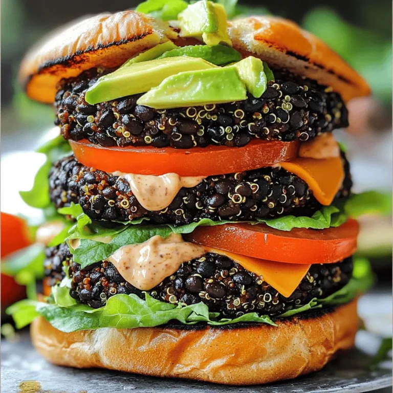 To make Smoky Chipotle Black Bean Burgers, you need: - 2 cans black beans, thoroughly rinsed and drained - 1 cup cooked quinoa (preferably chilled) - 1/2 cup breadcrumbs (plus extra if needed) - 1/4 cup fresh cilantro, finely chopped - 1/2 red onion, finely diced - 2 cloves garlic, minced - 1-2 chipotle peppers in adobo sauce, minced - 1 teaspoon smoked paprika - 1 teaspoon ground cumin - 1 teaspoon salt - 1/2 teaspoon freshly cracked black pepper - 1 tablespoon olive oil (for grilling) - Burger buns (your choice) - Toppings: sliced avocado, crisp lettuce, juicy tomato slices, and your favorite sauce If you want to adjust the recipe, here are some swaps: - Use kidney beans instead of black beans for a different flavor. - Quinoa can be replaced with cooked rice or barley. - Gluten-free breadcrumbs work well for those avoiding gluten. - Fresh parsley can replace cilantro if you prefer a milder taste. - For a spicier kick, add more chipotle peppers or a dash of hot sauce. - Use any burger bun type, including lettuce wraps for a low-carb option. Choose high-quality ingredients to boost flavor: - Use fresh herbs like cilantro for vibrant taste. - Opt for canned black beans with no added salt for better control over seasoning. - Select a good brand of chipotle peppers for rich, smoky depth. - Choose extra-virgin olive oil for grilling to enhance flavor. - Make sure your spices are fresh for the best flavor impact. For the complete recipe, check out the Full Recipe section. Enjoy crafting these flavorful burgers! First, we need to mash the black beans. In a large mixing bowl, use a fork or potato masher. Aim for a rough feel, leaving some beans whole. This adds texture to the burgers. Next, add the cooked quinoa, breadcrumbs, cilantro, red onion, garlic, and minced chipotle peppers. Then, sprinkle in smoked paprika, cumin, salt, and black pepper. Mix everything well until combined. If the mix feels too wet, add more breadcrumbs until it holds together. Now comes the fun part! Divide the mixture into equal portions. I like to make patties about one inch thick. You should end up with about six to eight patties. Make sure they are not too thick; this helps them cook evenly. Set the patties aside while you get ready to cook. You can cook these burgers on a grill or in a skillet. Heat your grill or a non-stick skillet over medium heat. Add a tablespoon of olive oil to the surface, so they don’t stick. When it’s hot, carefully place the patties on the grill or skillet. Cook for four to five minutes on each side. You want a nice crispy outside and a warm inside. While they cook, prepare your burger buns and toppings. Toast your buns if you like. Assemble your burgers with a patty, toppings, and sauce. Enjoy your Smoky Chipotle Black Bean Burgers! To get the right texture, mash the black beans well but keep some whole. This gives the burger a nice bite. Mixing in quinoa adds fluffiness. If the mixture feels too wet, add more breadcrumbs. They help hold everything together. The ideal patty should be firm yet moist. To boost the smoky taste, use smoked paprika and chipotle peppers. These ingredients add depth. Adjust the chipotle peppers based on your heat preference. For extra flavor, try adding a splash of liquid smoke. This gives a rich, BBQ taste without grilling. When grilling, preheat the grill or skillet. This helps the patties form a crispy crust. Use olive oil to coat the grill or skillet to avoid sticking. Cook each side for about 4 to 5 minutes. Flip them gently to keep them intact. If you want, toast the burger buns for added flavor. For the complete recipe, check out the Full Recipe section. Enjoy your smoky chipotle black bean burgers! {{image_4}} You can easily make these Smoky Chipotle Black Bean Burgers vegetarian or vegan. The base is already plant-based, which makes it simple. Just skip any cheese or non-vegan sauces. Use a vegan mayo or a homemade avocado spread for creaminess. This keeps the flavor while staying friendly to all diets. To kick up the flavor, consider adding cheese or extra spices. A slice of pepper jack cheese adds creaminess and spice. You can also try adding some fresh herbs, like basil or dill, for a twist. If you want more heat, add more chipotle peppers or a dash of cayenne. Don’t be afraid to experiment with spices like chili powder or onion powder. Each twist makes the burger unique. Serve these burgers with fresh sides and dips for a complete meal. Crispy sweet potato fries pair perfectly with the smoky flavors. You can also offer a cool salad, like a cucumber tomato salad, to balance the heat. For dips, try a zesty salsa or creamy avocado dip. They add great flavor and texture to your meal. For a fun touch, serve the burgers on a wooden board with all the toppings on the side. This lets everyone build their perfect burger. For the full recipe, check out the details above. After you enjoy your Smoky Chipotle Black Bean Burgers, store any leftovers in an airtight container. This keeps them fresh for up to three days in the fridge. Make sure the burgers cool down to room temperature before sealing them. This helps prevent moisture buildup that can make the patties soggy. If you want to save some patties for later, freezing is a great option. Place the cooked patties in a single layer on a baking sheet. Freeze them for about one hour until solid. Then, transfer the frozen patties to a freezer-safe bag. Label the bag with the date and use them within three months for the best taste. Reheating is simple. For the best texture, heat the patties on a skillet over medium heat for about 4-5 minutes per side. You can also use an oven. Preheat it to 350°F (175°C). Place the patties on a baking sheet and heat for about 10-15 minutes. This will keep them crispy on the outside. Enjoy your delicious Smoky Chipotle Black Bean Burgers anytime! For the full recipe, check above. To adjust the spice level, you can change the amount of chipotle peppers. Start with one pepper if you prefer mild heat. If you enjoy more spice, add two peppers. You can also add more smoked paprika for extra flavor without much heat. Alternatively, include a dollop of sour cream on top to tone down the heat for those who may find it too spicy. Yes, you can make these burgers ahead of time. Prepare the patties and store them in the fridge for up to two days. You can also freeze them for up to three months. Just make sure to layer parchment paper between the patties to prevent sticking. Thaw them overnight in the fridge before cooking. The best toppings for these burgers include sliced avocado, crisp lettuce, and juicy tomato slices. You can also try red onion for crunch or jalapeños for more heat. For sauces, chipotle mayo or salsa work great. Feel free to get creative with your favorite toppings to make each burger unique. For the full recipe, check out the details above. To recap, we explored the key ingredients that make your black bean burgers shine. I shared tips for choosing the best ingredients and offered substitutions for dietary needs. We covered cooking methods and how to form perfect patties. I also shared ways to enhance flavor, achieve great texture, and suggested fun variations. Lastly, we discussed how to store leftovers and answered common questions. Now, it’s time for you to make these tasty burgers. Enjoy the process and the delicious results!