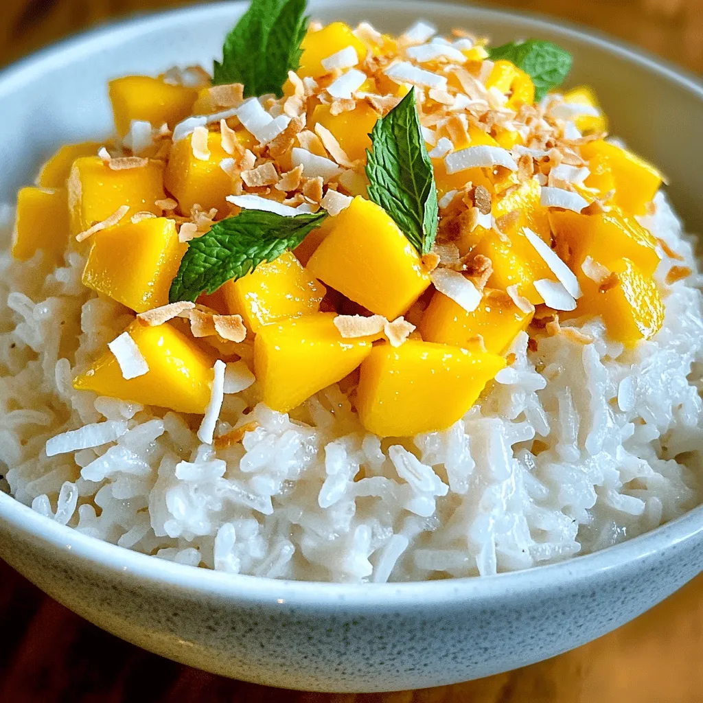 - 1 cup jasmine rice - 1 cup coconut milk - 1/2 cup water - 1 tablespoon granulated sugar - 1/4 teaspoon fine salt - 1 ripe mango, peeled and diced into cubes - 2 tablespoons toasted coconut flakes - Fresh mint leaves for garnish (optional) - For a dairy-free option, use almond milk or oat milk. - Add a pinch of cinnamon for warmth or lime zest for brightness. - Try adding chopped nuts for a crunchy contrast. When making coconut rice with mango, these ingredients make all the difference. The jasmine rice gives a lovely aroma and texture. Coconut milk adds richness and creaminess. Using fresh mango elevates the dish with sweetness. You can personalize this dish with optional ingredients based on your taste and dietary needs. For example, if you need a dairy-free option, almond milk works well. Adding some cinnamon or lime zest can enhance the flavors even more. This way, you can make the dish truly your own. For the full recipe, check out the detailed steps. - Rinse jasmine rice under cold water. - Combine rice with coconut milk and water. First, I rinse the jasmine rice under cold water. This step helps remove extra starch. Rinsing keeps the rice light and fluffy. I continue rinsing until the water runs clear. Next, I take a medium saucepan and mix the rinsed rice with coconut milk and water. I also add sugar and salt for flavor. A gentle stir with a wooden spoon helps mix everything well. - Bring coconut milk mixture to a boil. - Reduce heat and cover to simmer for 15 minutes. Then, I place the saucepan over medium heat. I wait for the coconut milk mixture to come to a gentle boil. It is important to stir occasionally to stop sticking. Once it boils, I reduce the heat to low. I cover the saucepan with a tight lid. This keeps the steam inside. I let it simmer for about 15 minutes. During this time, I avoid lifting the lid to let the rice cook properly. - Fluff the rice after resting. - Assemble the dish with mango and toppings. After the cooking time, I remove the saucepan from heat. I let it sit for about 10 minutes, still covered. This resting time helps the rice get even fluffier. Once done, I use a fork to fluff the rice gently. I separate the grains without mashing them. To serve, I scoop the coconut rice onto plates. I top each serving with fresh diced mango for sweetness. Lastly, I sprinkle toasted coconut flakes on top. If I want, I can add fresh mint leaves for a colorful touch. For the full recipe, check it out [here](#). To make the best coconut rice, keep the lid on during cooking. Lifting the lid lets steam escape, which affects the rice. After cooking, let the rice rest for ten minutes. This step helps it become fluffy and light. For a lovely presentation, serve the rice in colorful bowls. Place a generous amount of diced mango on top. You can also sprinkle toasted coconut flakes for extra crunch. Pair this dish with a refreshing drink like iced tea or coconut water for a tropical feel. One common mistake is undercooking the rice. If the rice is too hard, it won't taste good. Always check that the rice is tender before serving. Use high-quality jasmine rice and fresh mango for the best flavor. Rinse the rice well to remove excess starch. This step prevents the rice from becoming sticky. {{image_4}} You can use different rice types for coconut rice. Brown rice adds a nutty flavor and a chewy texture. Sushi rice gives a creamy finish that pairs well with mango. Each rice type changes the taste and feel of the dish. You can also mix rice types for a unique twist. Adding more fruits can elevate your coconut rice. Pineapple brings a sweet and tangy taste. Bananas add creaminess and sweetness. You can also toss in nuts like cashews or almonds for crunch. These add-ins make your dish lively and fun. Get creative with what you have. Coconut rice can be sweet or savory. For a savory version, add spices like garlic and ginger. This gives it a warming flavor. You can balance sweetness by adding lime juice. A hint of citrus makes the dish bright and fresh. Experiment with flavors to find your perfect mix. Try the Full Recipe for a classic take on this dish. To keep your coconut rice fresh, place it in an airtight container. This will help keep it moist. Store it in the fridge for up to four days. If you notice any signs of spoilage, it is best to throw it away. When reheating coconut rice, add a splash of water. This will help restore its soft texture. You can use a microwave or a stovetop. If using the microwave, cover the rice to keep the moisture in. For stovetop reheating, warm it on low heat while stirring often. You can also mix leftover rice into a stir-fry or use it in a salad for a fun twist. To freeze coconut rice, let it cool completely. Then, portion it into freezer-safe bags. Remove as much air as possible before sealing. You can store it for up to three months. To thaw, leave it in the fridge overnight. When ready to use, reheat it as mentioned earlier for the best texture. You can use different kinds of milk. For a dairy option, try whole milk or cream. If you want a non-dairy choice, almond milk or soy milk works well. Use unsweetened versions for better flavor. You can also mix water with coconut extract for a coconut taste. Yes, you can prep coconut rice ahead. Cook the rice, let it cool, and store it in a sealed container. Keep it in the fridge for up to three days. When ready, reheat the rice on the stove or microwave. Add a splash of water for moisture. Serve it with fresh mango just before eating. Look for mangoes that are slightly soft when you press them. A ripe mango should have a sweet smell near the stem. Check the skin color; it can be green, yellow, or red. Avoid mangoes with dark spots or wrinkles. A good mango gives the best flavor in your dish. In this blog post, we explored the key ingredients for making delicious coconut rice. You learned about essential and optional ingredients, along with easy step-by-step instructions. We discussed tips for perfect texture and ways to serve it beautifully. Additionally, we covered variations, storage tips, and answered your burning questions. Coconut rice is versatile and fun to make. With the right ingredients and techniques, you can impress anyone with this dish! Enjoy your cooking and get creative with flavors.